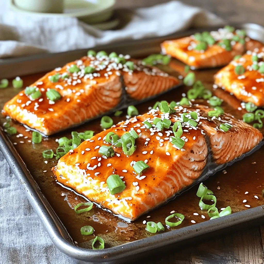 - 4 salmon fillets (about 6 ounces each) - 3 tablespoons white miso paste - 2 tablespoons pure maple syrup - 1 tablespoon low sodium soy sauce - 1 tablespoon rice vinegar - 1 teaspoon sesame oil - 2 cloves garlic, minced - 1 inch piece of ginger, minced or grated - Salt and pepper, to taste - Chopped green onions and sesame seeds for garnish Importance of using fresh salmon: Fresh salmon gives the best flavor and texture. Look for bright color and firm flesh. Avoid any fillets that smell fishy or have a dull color. Tips for selecting miso paste: Choose white miso paste for a mild, sweet flavor. It’s perfect for this glaze. Check the label for natural ingredients and no added preservatives. Health benefits of maple syrup: Maple syrup is a natural sweetener. It has antioxidants and minerals. It’s a better choice than refined sugar. Use pure maple syrup for the best taste and health benefits. For the full recipe, check out the detailed instructions! To start, you want to make the glaze. In a medium bowl, whisk together: - 3 tablespoons white miso paste - 2 tablespoons pure maple syrup - 1 tablespoon low sodium soy sauce - 1 tablespoon rice vinegar - 1 teaspoon sesame oil - 2 cloves garlic, minced - 1 inch piece of ginger, minced or grated Mix until smooth. This step is key. A smooth consistency helps the flavors blend well. You want each bite to be rich and tasty. Next, let’s marinate the salmon. Pat your salmon fillets dry with paper towels. This helps the glaze stick. Season both sides with salt and pepper. Place the salmon in a shallow dish or a resealable bag. Pour the miso maple glaze over the salmon. Make sure they are well coated. For the best flavor, marinate for at least 30 minutes. If you have time, two hours works even better. The longer you marinate, the deeper the flavor. Now, it’s time to cook. Preheat your oven to 400°F (200°C). Line a baking sheet with parchment paper or grease it lightly. Remove the salmon from the marinade and place it skin-side down on the sheet. Don’t forget to save some marinade for basting. Bake the salmon for 12 to 15 minutes. Halfway through, baste it with the reserved marinade. The fish is done when it flakes easily with a fork. For a caramelized finish, you can broil the salmon for an extra 2 to 3 minutes at the end. Keep a close eye on it to avoid burning. Once cooked, garnish with chopped green onions and sesame seeds. Serve hot and enjoy this delicious dish. For the full recipe, check out the details above. The best way to know if your salmon is ready is by checking its internal temperature. Aim for 145°F (63°C) for perfectly cooked salmon. You can use a meat thermometer for accuracy. To keep your salmon moist, marinate it for at least 30 minutes. Use the reserved marinade to baste the salmon while it cooks. This adds flavor and keeps it juicy. For sides, I recommend steamed broccoli, rice, or a fresh salad. These pair well with the sweet and savory flavors of the salmon. When serving, arrange the salmon on a nice plate. Garnish with green onions and sesame seeds. This makes your dish look fancy and inviting. This recipe offers great nutrition. Salmon is high in omega-3 fatty acids, which are good for your heart. The miso and maple syrup add flavor and nutrients. Miso provides probiotics, which help your gut health. Maple syrup gives a natural sweetness without refined sugar. For a detailed breakdown of calories and nutrients, check the full recipe. {{image_2}} You can swap salmon for other proteins. Chicken and tofu work well. - Chicken: Use skinless chicken breasts. Cook them for 20-25 minutes at 400°F. Baste them with the glaze halfway through. - Tofu: Use firm or extra-firm tofu. Cut it into slices and marinate for 30 minutes. Bake for 25-30 minutes, flipping halfway. Adjust cooking times based on the protein you choose. This way, you keep the glaze's flavor. Want to spice things up? Add some heat or zest to the dish. - Cayenne or Chili Flakes: Just a pinch can lift the dish. Start with a little, then taste. You can always add more. - Citrus Flavors: Try lemon or lime juice. Add it to the marinade for a fresh twist. This brightens the flavors and adds a nice zing. These simple tweaks can make the dish more exciting. You can also change the sides based on the season. - Spring: Use asparagus or peas. They add a fresh taste and color. - Summer: Try zucchini or bell peppers. Grilled or roasted, they pair nicely with salmon. - Fall: Sweet potatoes or Brussels sprouts add warmth. Roast them for extra flavor. These seasonal sides make your meal feel special all year long. To store leftover miso maple glazed salmon, let it cool first. Place it in an airtight container. Keep it in the fridge for up to three days. Make sure to cover it well to prevent drying out. When reheating salmon, use a gentle method. You can use the oven or a microwave. If using an oven, set it to 275°F (135°C). Place the salmon on a baking sheet and cover it with foil. Heat for about 15 minutes. If using a microwave, heat it in short bursts. Check every 30 seconds to avoid overcooking. You can freeze cooked salmon for up to two months. Wrap each piece tightly in plastic wrap. Then place it in a freezer bag. This keeps it fresh and prevents freezer burn. To thaw, move it to the fridge overnight. Reheat it gently using the methods above. This way, you keep the delicious flavors intact. You can enjoy the miso maple glazed salmon later without losing taste! To check if your salmon is cooked, look for a few signs. First, the color should change from bright pink to a lighter shade. Second, the fish should flake easily with a fork. Third, the internal temperature should reach 145°F (63°C). If you see these signs, your salmon is ready to eat. Yes, you can use other fish. Good options include trout, cod, or halibut. These fish have a mild flavor and cook similarly to salmon. Just adjust cooking times if the fish is thinner or thicker than salmon. Miso Maple Glazed Salmon is healthy and packed with nutrients. Salmon has high omega-3 fatty acids, which are good for your heart. Miso paste adds probiotics, which can help your gut. Maple syrup offers a natural sweetness without processed sugars. Overall, this dish is a great choice for a balanced meal. For the complete recipe, check out the [Full Recipe]. This blog post shared a simple recipe for Miso Maple Glazed Salmon. You learned how to make the marinade, marinate the salmon, and cook it perfectly. I also provided tips on serving and storing leftovers. This dish is not only tasty but also healthy. Whether you follow the recipe as is or try variations, you'll enjoy a meal that’s great for any occasion. Enjoy experimenting with flavors and make this dish your own!