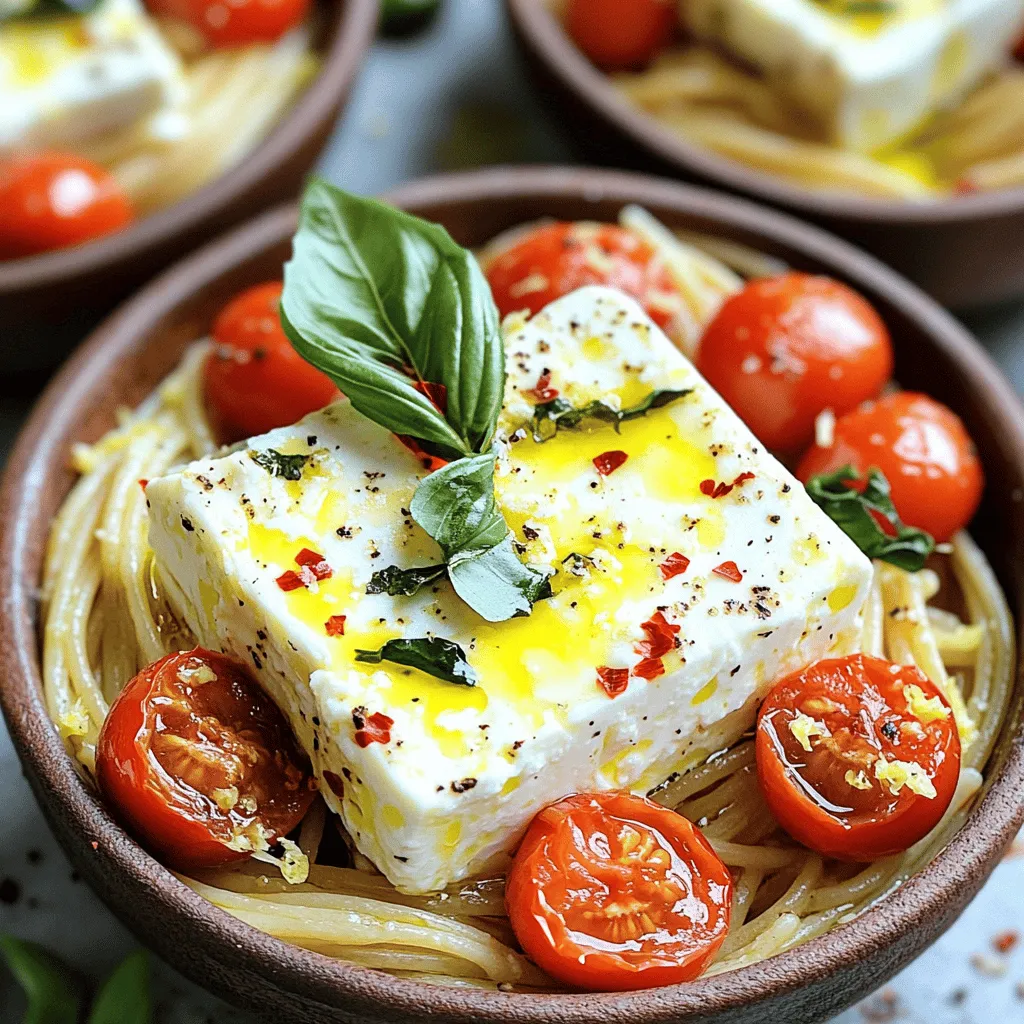 - 1 block (200g) feta cheese - 2 cups cherry tomatoes, halved - 4 cloves garlic, minced - 1/4 cup olive oil - 1 teaspoon dried oregano - Salt and pepper to taste - 12 ounces pasta (penne or fusilli) - 1/2 cup fresh basil, chopped - Zest and juice of 1 lemon - Optional: red pepper flakes Creating this dish is simple and fun. The star of the show is the feta cheese. It melts perfectly to create a creamy sauce. The cherry tomatoes add a sweet burst, while the garlic gives depth. The olive oil helps blend everything together smoothly. Dried oregano adds a touch of earthiness. The pasta is the final piece. You can use penne or fusilli, but any pasta you like works too. Fresh basil brings a bright flavor, and lemon zest adds zestiness. If you like heat, sprinkle in some red pepper flakes. For the full recipe, check out the details. This dish is sure to impress! - Preheat the oven to 400°F (200°C). - Assemble feta and tomatoes in a baking dish. First, you want to get your oven nice and hot. This helps the feta and tomatoes cook perfectly. Next, take your block of feta cheese and place it right in the center of your baking dish. Surround the feta with the halved cherry tomatoes. This mix of flavors will create magic! - Add garlic, olive oil, and spices, then bake for 25-30 minutes. Now it's time to add some flavor. Chop up your garlic and sprinkle it over the feta and tomatoes. Drizzle the olive oil on top, then sprinkle your dried oregano, salt, and pepper. Once everything is coated, pop it in the oven. Bake for about 25 to 30 minutes. You want the feta to soften and the tomatoes to burst. The smell will be amazing! - Boil pasta until al dente, and reserve pasta water for sauce consistency. While your feta and tomatoes are baking, start cooking the pasta. Boil water in a pot and add your pasta. Cook it until it’s al dente, which means it's still firm. This usually takes around 8 to 10 minutes. Don’t forget to save some pasta water! You’ll need it later to make the sauce creamy. - Stir baked mixture into sauces, then add cooked pasta and enjoy. Once the feta and tomatoes are done, take them out of the oven. Stir everything together in the dish. This will make a creamy sauce. Now, add your cooked pasta to the baking dish. Mix it all up! If the sauce seems too thick, add a little of that reserved pasta water. Finally, stir in the chopped basil, lemon zest, and juice. Adjust the seasoning with more salt or pepper if needed. Serve hot, and enjoy your delicious Feta Pasta Fiesta! For the full recipe, check out the details provided above. To keep your pasta creamy, use the reserved pasta water. This starchy water helps make the sauce smooth. Start with a small amount, then add more if needed. This way, you can adjust the sauce to your taste. Seasoning is key for flavor. Always taste your dish while cooking. Add salt and pepper in small amounts. Stir well after each addition. This helps you find the perfect balance for your dish. Garnishing makes your meal look fancy. Try adding fresh basil leaves on top. A drizzle of olive oil adds shine. You can also sprinkle some red pepper flakes for a pop of color. Serve the pasta hot in bowls. This dish tastes best warm. Pair it with a simple green salad or crusty bread. These sides complement the creamy feta pasta nicely. {{image_2}} You can switch up the cheese for more flavor. Try goat cheese for a tangy twist. Cream cheese can also work for a milder taste. You may want to add seasonal veggies. Spinach or zucchini can bring freshness to the dish. Roasted bell peppers add sweet notes. You can also toss in mushrooms for an earthy touch. If you need gluten-free options, use gluten-free pasta. Chickpea or brown rice pasta can be good choices. For a vegan version, swap feta with a plant-based cheese. Nutritional yeast can add a cheesy flavor without dairy. You can also use almond or cashew cream for creaminess. This way, everyone can enjoy the creamy delight of feta pasta! To keep your feta pasta fresh, let it cool down first. Place the pasta in an airtight container. This way, it stays moist and tasty. You can store it in the fridge for up to three days. If you want to save it longer, freeze it. Use a freezer-safe container or a zip-top bag. It can last for about a month in the freezer. When it's time to enjoy your leftovers, reheating is key. The best way to do this is on the stove. Heat a pan over medium heat and add a splash of water or olive oil. Stir in the pasta gently until warm. This method helps keep the creamy texture. You can also use a microwave. Just cover it with a damp paper towel and heat in short bursts, stirring in between. This keeps it from drying out. Enjoy your creamy feta pasta again! What other ingredients can I add to the Viral TikTok Feta Pasta? You can add many tasty ingredients. Try spinach for greens, or olives for saltiness. Cooked chicken or shrimp can boost protein. For a twist, mix in artichokes or sun-dried tomatoes. Fresh herbs like parsley or thyme can give extra flavor. Can I prepare the dish ahead of time? Yes, you can prepare this dish ahead. Bake the feta and tomatoes, then store them in the fridge. Cook the pasta just before serving. Combine them when ready to eat. This keeps the pasta fresh and the sauce creamy. Is there a specific type of pasta that works best? Penne and fusilli work great for this dish. They hold sauce well, making each bite rich. Other pasta types like rotini or farfalle can also work. Choose your favorite for a personal touch. How many calories are in a serving of Viral TikTok Feta Pasta? Each serving has about 450 calories. This may change based on added ingredients. Tracking your portions can help you stay on target with your meal plans. What are the health benefits of the ingredients used? Feta cheese offers calcium and protein. Tomatoes are rich in vitamins and antioxidants. Garlic can help boost your immune system. Olive oil is a healthy fat that supports heart health. Fresh basil adds flavor and nutrients. How long does it take to make Viral TikTok Feta Pasta from start to finish? This dish takes about 40 minutes to make. Prep time is around 10 minutes, while baking takes 25-30 minutes. Cooking pasta adds a few extra minutes but is quick. Can this recipe be scaled for larger servings? Yes, you can easily scale this recipe. Just double or triple the ingredients. Make sure to use a larger baking dish for the feta and tomatoes. Adjust cooking times if needed, but the overall method stays the same. For the full recipe and detailed steps, check out the Full Recipe section. This article covered the popular Viral TikTok Feta Pasta. We discussed key ingredients like feta, tomatoes, and garlic. I explained step-by-step how to prepare and bake these ingredients, cook pasta, and combine everything for a tasty meal. Remember, you can customize this dish with different ingredients or dietary swaps. With proper storage and reheating tips, your leftovers will remain flavorful. Enjoy making this easy, delicious pasta dish!