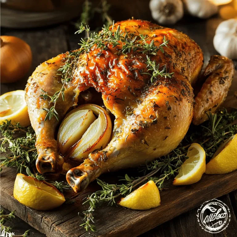 To make the garlic herb roasted chicken, you need fresh and simple ingredients. Here’s what you will need: - Whole chicken (3-4 lbs) - Olive oil (4 tablespoons) - Lemon (1, zested and juiced) - Garlic (6 cloves, minced) - Fresh herbs (rosemary, thyme, parsley, 2 tablespoons each) - Salt and pepper - Onion (1, quartered) - Chicken broth (1 cup, low-sodium) These ingredients work together to create a meal that bursts with flavor. The whole chicken acts as a blank canvas, soaking up the rich taste of garlic and herbs. Fresh herbs give it depth and make it truly special. The lemon adds brightness and keeps the chicken moist. As you prepare, remember that quality matters. Use fresh herbs for the best flavor. The herbs you select can change the dish's taste, so feel free to mix and match. For the full recipe, don’t forget to check out the complete instructions to guide you through each step. - Preheat your oven to 425°F (220°C). - Pat the chicken dry with paper towels and place it in a roasting pan. This step is key. A dry chicken will roast better and get that crispy skin we all love. Make sure to check every nook and cranny. - Combine olive oil, lemon juice, lemon zest, minced garlic, rosemary, thyme, parsley, salt, and pepper. - Rub the mixture all over the chicken, making sure to get under the skin for maximum flavor. Mixing these ingredients creates a bright, zesty flavor. The herbs and garlic will infuse the chicken with taste. Getting under the skin helps the chicken soak up all the goodness. - Stuff the cavity of the chicken with quartered onion. - Pour chicken broth into the bottom of the roasting pan. - Roast the chicken for about 1 hour 15 minutes. Stuffing the chicken with onion adds extra aroma and flavor. The broth keeps it moist while cooking. Always check the internal temperature to ensure it reaches 165°F (75°C). This step keeps your meal safe and delicious. For the full recipe, you can refer to the recipe section earlier in this article. Enjoy the tender and flavorful garlic herb roasted chicken! To get a great roast, always dry the chicken. When you pat the chicken dry, you help the skin get crispy. A meat thermometer is key for safety. Insert it into the thickest part of the thigh. The chicken is ready when it hits 165°F (75°C). This ensures it’s safe to eat and juicy. Baste the chicken every 30 minutes. This keeps it moist and adds flavor. Use the pan juices to baste. They soak into the meat and make every bite tasty. Plus, it gives the skin that beautiful golden color. Let the chicken rest for 10-15 minutes before carving. This step is crucial. It allows the juices to settle back into the meat. If you cut too soon, the juices will run out. This means drier meat. After resting, your chicken will be juicy and full of flavor. {{image_2}} You can switch up the herbs in this recipe. Try using sage or dill. These herbs add a unique taste. You can also add a kick with spices. Paprika or cayenne pepper works well. Just a pinch adds great heat. Experimenting with flavors lets you create your own twist. If you want a different method, consider using a slow cooker. This method keeps the chicken very tender. Just add all your ingredients and let it cook low and slow. You can also grill the chicken for a smoky flavor. Grilling adds a nice char and depth to the taste. When serving garlic herb roasted chicken, think about side dishes. Roasted vegetables or mashed potatoes make great options. A fresh salad adds a nice crunch. You can also serve it with a light sauce. A lemon butter sauce or a simple gravy complements the chicken well. For the full recipe, check out the detailed cooking steps. Store leftover chicken in a cool place. Let it cool down first. Wrap it tight in plastic wrap or foil. You can also use an airtight container. This keeps moisture in and helps the chicken stay fresh. It’s best to eat it within three days for the best taste. To freeze roasted chicken, first, let it cool. Cut the chicken into pieces for easy storage. Place the pieces in freezer bags. Try to remove as much air as possible. This helps prevent freezer burn. You can freeze it for up to three months. For thawing, move the chicken to the fridge overnight. This keeps it safe and tasty. When reheating, the goal is to keep it juicy. You can use the oven or a microwave. For the oven, preheat to 350°F (175°C). Place the chicken in a dish with a bit of broth. Cover it with foil to keep moisture in. Heat for about 20 minutes, or until warm. If using a microwave, place pieces on a plate. Cover them with a damp paper towel. Heat in short bursts to avoid drying out. Enjoy your flavorful meal again! To ensure the chicken is tender, you want to keep it moist. Here are key tips to follow: - Use a whole chicken: A whole chicken holds moisture better than cut pieces. - Don't skip the marinade: The olive oil and herbs help keep the chicken juicy. - Cook at the right temperature: Roasting at 425°F (220°C) gives a nice sear and locks in juices. - Baste during cooking: Basting helps keep the skin crispy and the meat moist. You can tell the chicken is cooked by checking its internal temperature. Use a meat thermometer inserted into the thickest part of the thigh. It should read 165°F (75°C). The skin should also look golden and crispy. If you cut into it, the juices should run clear, not pink. Yes, you can make this recipe ahead of time. You can marinate the chicken the night before. Just cover it and keep it in the fridge. This allows the flavors to soak in. On cooking day, just roast it as directed in the Full Recipe. There are many great sides to enjoy with garlic herb roasted chicken. Here are some ideas: - Roasted vegetables: Carrots, potatoes, and Brussels sprouts are great choices. - Rice or quinoa: These grains soak up the chicken juices well. - Salads: A light green salad adds freshness to the meal. - Bread: Crusty bread is perfect for mopping up juices. You can store leftovers in the fridge for up to 3-4 days. Make sure to place them in an airtight container. If you want to keep them longer, consider freezing the chicken. It can last up to 4 months in the freezer. You now have all the steps to make a tasty garlic herb roasted chicken. Start with the right ingredients and follow the easy steps. Remember to dry the chicken and let it rest to keep it juicy. Feel free to try different herbs for unique flavors. This dish pairs well with many sides. Proper storage will help you enjoy leftovers safely. With these tips, you can impress your family and friends. Happy cooking!