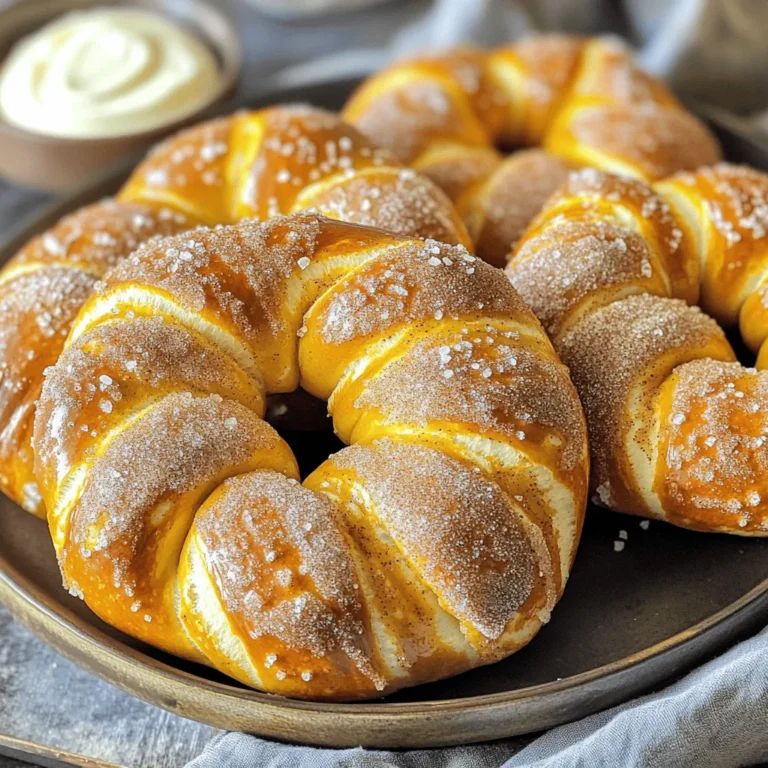 - 2 ¼ teaspoons active dry yeast - 1 cup warm water (110°F) - 2 tablespoons granulated sugar - 2 ½ cups all-purpose flour - 1 teaspoon sea salt Active dry yeast is key for fluffy pretzels. It helps the dough rise. Warm water activates the yeast. Sugar feeds the yeast and helps it work faster. All-purpose flour gives structure. Sea salt adds flavor, making each bite tasty. - 2 tablespoons unsalted butter, melted - ¼ cup baking soda - 1 large egg, beaten (for brushing) - ½ cup granulated sugar (for coating) - 2 teaspoons ground cinnamon Unsalted butter brings richness. Baking soda creates a nice crust on the pretzels. Beaten egg helps the pretzels brown and shine. The cinnamon and sugar mix is sweet and comforting. It’s the best part of the treat! - Coarse sea salt for finishing - Suggestions for dips or additional toppings Coarse sea salt enhances the flavor. It balances the sweetness of the cinnamon sugar. You can serve pretzels with dips like cheese sauce or mustard. Consider chocolate sauce for a sweet twist. These options make your snack even more fun! For the full recipe, check out the details above. To start, grab a large bowl. Mix 2 ¼ teaspoons of active dry yeast and 2 tablespoons of sugar in 1 cup of warm water, about 110°F. Let this sit for 5-10 minutes until it looks frothy. This means the yeast is active and ready. Next, stir in 2 tablespoons of melted butter and 1 teaspoon of sea salt. Mix well. Gradually add 2 ½ cups of all-purpose flour until the dough pulls away from the bowl. Now, it’s time to knead! Flour a clean surface and knead the dough for 5-7 minutes. It should feel smooth and elastic. Once done, place the dough in a greased bowl. Cover it with a damp cloth, and let it rise in a warm spot for about 1 hour. To know when your dough is ready, look for it to double in size. This is key for the perfect pretzel. If your dough feels puffy and soft, it's ready for the next step. Don't rush this part. Let nature do its work. After the dough has risen, punch it down gently. Divide it into 8 equal pieces. Roll each piece into a long rope, about 22 inches long. Shape the rope into a pretzel by making a loop and twisting the ends. Boiling is crucial! In a large pot, bring 8 cups of water to a gentle boil. Add ¼ cup of baking soda. Carefully lower each pretzel into the boiling water for 30 seconds on each side. Use a slotted spoon to transfer them to baking sheets lined with parchment paper. Preheat your oven to 425°F (220°C). While it heats, brush each pretzel with a beaten egg. This gives them a beautiful glaze. Sprinkle coarse sea salt on top for that classic pretzel flavor. Bake for 12-15 minutes until golden brown. Once they come out of the oven, coat each pretzel in a mix of ½ cup of granulated sugar and 2 teaspoons of ground cinnamon. Do this while they are warm for the best flavor. They will be delicious! For the full recipe, check out the complete guide. Enjoy your cinnamon sugar soft pretzels! When making dough, avoid using cold water. It can slow down the yeast. Always use warm water, around 110°F. This helps the yeast activate faster. Kneading is key. If your dough feels too sticky, add a bit more flour. If it’s too dry, add a little warm water. You want a soft and smooth dough. Let the dough rise in a warm spot. Cover it with a damp cloth to keep it from drying out. Look for it to double in size. This usually takes about an hour. To coat the pretzels evenly, mix the cinnamon and sugar well. As soon as the pretzels come out of the oven, dip them in the cinnamon sugar. Coating while warm helps the sugar stick better. Make sure to turn the pretzels to coat all sides. This gives every bite a sweet flavor. For a fun presentation, serve the pretzels on a large platter. Place them in a circle with a small bowl of icing or chocolate sauce in the middle. You can also add a side of warm caramel sauce or cream cheese dip. This makes for a great snack or dessert. Enjoy your homemade cinnamon sugar soft pretzels with friends and family! {{image_2}} You can switch up the flavor of your cinnamon sugar soft pretzels. One fun option is to make chocolate cinnamon pretzels. To do this, add cocoa powder to your dough. It gives a rich, chocolaty taste that pairs well with the cinnamon sugar coating. You can even sprinkle mini chocolate chips on top for an extra treat. Another great choice is pumpkin spice pretzels for autumn. Mix in pumpkin puree and pumpkin spice into your dough. This twist brings the warm flavors of fall to your snack. It’s perfect for cozy evenings with friends and family. If you need gluten-free options, you can use a gluten-free flour blend. Look for one that includes xanthan gum to help with texture. Your pretzels will still turn out soft and tasty. For vegan adaptations, swap the butter with coconut oil or vegan butter. You can also use a flax egg instead of a regular egg for brushing. This way, everyone can enjoy these pretzels. Try different shapes for your pretzels to keep things exciting. Instead of the classic pretzel shape, you could make pretzel knots or even pretzel sticks. This adds fun and variety to your snack table. Mini pretzel bites are another great option. They are perfect for parties or movie nights. Kids love them, and you can easily serve them with dips like cheese sauce or mustard. They are just as delicious as the traditional pretzel forms. For the full recipe, check out the detailed instructions in the article. To keep your cinnamon sugar soft pretzels soft, wrap them in a clean kitchen towel. Place them in a zip-top bag or an airtight container. This helps prevent them from drying out. You can also use a large plastic container with a tight lid for storage. Remember to let the pretzels cool before you store them. If you want to freeze uncooked pretzels, shape them and place them on a baking sheet. Freeze them for about an hour until hard, then transfer them to a freezer bag. For cooked pretzels, let them cool first. Wrap them tightly in plastic wrap and then in foil. This keeps them fresh longer. When you are ready to enjoy your frozen pretzels, you can reheat them in the oven. Preheat to 350°F (175°C). Place the pretzels on a baking sheet and heat for about 10-15 minutes. This makes them warm and soft again. Cinnamon sugar soft pretzels can be stored at room temperature for about 2-3 days. If you store them in the fridge, they last up to a week. Always check for signs of spoilage. If they smell bad or have mold, toss them out. Enjoy these tasty treats fresh for the best flavor and texture. For the full recipe, explore how to make these delightful snacks! To reheat your pretzels, use the oven. First, preheat it to 350°F (175°C). Place the pretzels on a baking sheet. Add a splash of water to keep them soft. Cover with foil to avoid burning. Bake for about 5 to 10 minutes. This method warms them well and keeps them soft. Yes, you can use instant yeast. Instant yeast works faster than active dry yeast. You do not need to proof it in water. Just mix it with the dry ingredients. You might need to reduce the liquid by a little. This change helps keep the dough the right texture. If your dough isn’t rising, check the yeast. It may be old or inactive. Ensure your water is warm, not hot. Hot water can kill the yeast. If you see no bubbles, start again with fresh yeast. You can also let the dough rise in a warmer place. To get crispy pretzels, boil them in a baking soda bath before baking. This step adds a nice crust. Use a large pot with water and ¼ cup of baking soda. Boil each pretzel for 30 seconds on each side. After that, brush them with egg wash before baking. Absolutely! You can add different flavors to the sugar. Try adding vanilla or nutmeg for a twist. You can also use brown sugar instead of white. Mix in some ground ginger or cardamom for a unique taste. Get creative with spices to make your pretzels special. For the full recipe, check out the details above. You now know how to make delicious soft pretzels from scratch. We covered the key ingredients, step-by-step instructions, and helpful tips. You can try different flavors and even adapt for dietary needs. Remember to store leftovers properly to keep them soft and tasty. Pretzels are versatile, so get creative with toppings and shapes. Enjoy your baking journey, and share your pretzel creations with friends! Making pretzels can be fun and rewarding. Give it a try and savor your homemade treats!