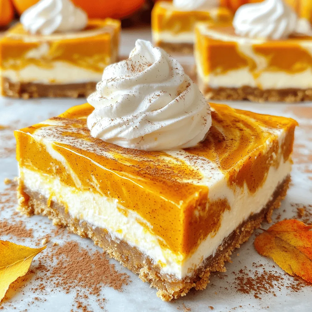 To make pumpkin pie cheesecake bars, you need key ingredients for the best taste. Here’s what you will need: - 1 ½ cups graham cracker crumbs - ½ cup unsalted butter, melted - ¼ cup granulated sugar - 16 oz cream cheese, softened - 1 cup pumpkin puree - 1 cup granulated sugar (divided: ¾ cup for cheesecake mixture, ¼ cup for pumpkin layer) - 2 large eggs - 1 teaspoon vanilla extract - 1 teaspoon ground cinnamon - ½ teaspoon ground nutmeg - ½ teaspoon ground ginger - ¼ teaspoon salt - Whipped cream for topping (optional) - Ground cinnamon for garnish (optional) Each ingredient plays a role in flavor and texture. For instance, cream cheese adds a rich, creamy base. Pumpkin puree brings warmth and moisture. Quality ingredients make your bars stand out. Using trusted brands can elevate your dish. Here are my top picks: - Cream Cheese: Philadelphia is a classic choice for smoothness. - Pumpkin Puree: Libby’s offers great flavor and consistency. - Graham Crackers: Honey Maid provides a sweet crunch that complements the bars. If you need dairy-free options, brands like Tofutti offer cream cheese alternatives. Always check labels to suit your dietary needs. When making this recipe internationally, you may need to convert measurements. Here are some common conversions: - 1 cup = 240 ml - ½ cup = 120 ml - 1 tablespoon = 15 ml If you lack an ingredient, here are some substitutes: - Cream Cheese: Use a dairy-free alternative for a vegan version. - Granulated Sugar: Coconut sugar can work for a lower glycemic option. - Pumpkin Puree: Mashed sweet potato can be a tasty swap. You can find the full recipe to guide you through making these delicious bars. To start, preheat your oven to 325°F (160°C). This temperature helps the cheesecake bake evenly. Next, grab a 9x9-inch baking pan. Grease it or line it with parchment paper. This makes it easy to lift out the bars later. Now, let’s make the crust. In a medium bowl, mix together: - 1 ½ cups graham cracker crumbs - ½ cup unsalted butter, melted - ¼ cup granulated sugar Stir until it all blends well. Press this mixture firmly into the bottom of the pan. Bake for 10 minutes and then set it aside to cool slightly. Next, we’ll prepare the cheesecake batter. In a large bowl, beat 16 oz of softened cream cheese. Use an electric mixer until it’s smooth and creamy. Gradually add ¾ cup of sugar. Keep mixing until it’s smooth again. Now, add 2 large eggs one at a time. Mix on low speed until just combined. Stir in 1 teaspoon of vanilla extract. Then add: - 1 teaspoon ground cinnamon - ½ teaspoon ground nutmeg - ½ teaspoon ground ginger - ¼ teaspoon salt Mix until everything is well combined. Once done, pour the cream cheese mixture over the cooled crust. Spread it evenly with a spatula. Creating the pumpkin layer is simple. In a separate bowl, combine: - 1 cup pumpkin puree - ¼ cup granulated sugar - A pinch of salt Mix well until smooth. Carefully spoon the pumpkin mixture over the cheesecake. Use a knife or skewer to swirl it gently. This creates a pretty marbled effect. For the best results, bake in the preheated oven for 40-45 minutes. Look for the center to be set but still slightly jiggly. This means it’s done. After baking, let it cool at room temperature for about an hour. Then, refrigerate for at least 2 hours or overnight. This helps the bars set properly. When you’re ready to serve, cut them into bars. Enjoy them chilled with whipped cream on top, if you like. To keep your pumpkin pie cheesecake bars fresh, store them in an airtight container in the fridge. They stay great for about five days. For serving at special occasions, cut them into neat squares. Add a dollop of whipped cream on top for a festive touch. A sprinkle of ground cinnamon can give it a nice look. Cracks in your cheesecake can ruin its look. To prevent this, make sure to mix the batter at low speed. Do not overmix it. You want a smooth mix, but air bubbles can cause cracks. Also, bake the bars in a water bath. This helps keep the heat even. For even baking, rotate the pan halfway through the cooking time. Want to jazz up your bars? Add chocolate chips to the cream cheese layer. Walnuts or pecans can give a nice crunch too. When serving, try pairing the bars with caramel sauce or fresh apples. This adds a lovely contrast to the creamy texture. You can also serve them warm with ice cream for a cozy treat. Check the Full Recipe for even more ideas! {{image_2}} You can have fun with flavors in pumpkin pie cheesecake bars. One great idea is to add chocolate. Just mix melted chocolate into the cream cheese layer. This gives a rich twist to the classic taste. You can also sprinkle chocolate chips on top for extra sweetness. If you want something different, try using sweet potatoes instead of pumpkin. Sweet potatoes add a creamy texture and a unique flavor. You can also make pecan cheesecake bars. Use crushed pecans in the crust and add a pecan topping. This will give your dessert a crunchy surprise. If you need gluten-free options, use gluten-free graham crackers. They work just as well in the crust. For a vegan version, swap cream cheese with a plant-based option. You can use coconut cream or cashew cheese. These alternatives keep the creamy texture. To lower sugar, try using natural sweeteners like maple syrup or honey. You can also cut down on the sugar in the recipe. Just remember, this may change the taste a bit. Always taste as you go! You can add seasonal spices to make these bars even better. Try adding cloves or allspice for a warm flavor. You could also mix in some fresh apples or pears. This adds a fruity note perfect for fall. For a holiday twist, consider using eggnog spices. Nutmeg and cinnamon can give a festive taste. You could even decorate the bars with candy canes or holiday sprinkles. Each bite will remind you of seasonal cheer. For the full recipe, check out the details provided earlier. Enjoy experimenting with your own twist! You should store your pumpkin pie cheesecake bars in the fridge. Place them in an airtight container to keep them fresh. These bars can last up to five days in the fridge. If you want the best taste, eat them within three days. You can freeze these bars before or after baking. To freeze before baking, cover the pan tightly with plastic wrap. Freeze for up to two months. If you freeze after baking, cut them into bars and wrap each one in plastic wrap. Then, place them in a freezer bag. When you want to eat them, thaw them in the fridge overnight. Check your bars for any signs of spoilage. Look for mold or a sour smell. If they feel slimy or have changed color, it’s time to throw them out. Always follow food safety rules to avoid any risks. You can tell the cheesecake bars are done when the edges look set. The center may jiggle just a bit, which is normal. It’s crucial to let them cool for a while. This cooling time helps the bars firm up as they cool down. Refrigerate them for at least two hours for the best texture. Yes, you can make these bars ahead of time! This is a great idea for busy days. Prepare them a day before and store them in the fridge. Cover them well to keep them fresh. They taste even better after sitting, as the flavors blend nicely. I love serving these bars with a dollop of whipped cream. You can also sprinkle a bit of ground cinnamon on top for extra flavor. For drinks, pumpkin spice coffee or chai tea pairs well. To present them nicely, cut the bars into even squares and arrange them on a colorful plate. For the full recipe, check the link! This blog covers everything you need for making pumpkin pie cheesecake bars. We explored key ingredients, quality brands, and measurement tips. I shared step-by-step instructions for perfecting these bars, including storing and serving suggestions. You learned tricks to avoid common mistakes and ways to enhance flavors. Take these tips to heart, and enjoy making delicious bars. With practice, you can impress family and friends all year round. Happy baking!