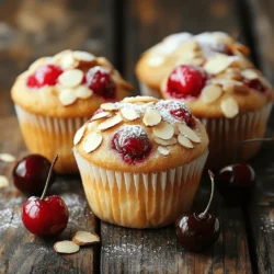 - 1 cup all-purpose flour - 1/2 cup almond flour - 1/2 cup granulated sugar - 1/2 teaspoon baking powder - 1/2 teaspoon baking soda - 1/4 teaspoon salt - 1/3 cup unsalted butter, melted - 1 large egg - 1/2 cup milk (dairy or non-dairy) - 1 teaspoon vanilla extract - Zest of 1 lemon - 1 cup fresh or frozen cherries, pitted and chopped - 1/4 cup sliced almonds, plus more for topping To make Cherry Almond Muffins, you need a mix of dry and wet ingredients. The dry part gives structure, while the wet part adds moisture and flavor. Start with your dry ingredients. The all-purpose flour and almond flour create a soft texture. Granulated sugar adds sweetness. Baking powder and baking soda help the muffins rise. Salt balances the sweetness and enhances flavor. Next, gather the wet ingredients. Melted butter brings richness. The egg binds everything. Milk adds moisture, and vanilla extract gives a lovely aroma. Lemon zest brightens the flavor. Finally, the add-ins make these muffins special. Cherries add a juicy burst. Sliced almonds give a nice crunch. You can find the full recipe above. Now, let’s get cooking! 1. Preheat your oven to 350°F (175°C). This step is key for even baking. 2. Prepare the muffin tin. Line it with paper liners or grease it with cooking spray. This helps the muffins release easily. 1. In a large bowl, combine the dry ingredients. Mix together all-purpose flour, almond flour, granulated sugar, baking powder, baking soda, and salt. Stir well until there are no lumps left. 2. In another bowl, whisk the wet ingredients. Combine melted butter, egg, milk, vanilla extract, and lemon zest. Mix until the ingredients are smooth. 1. Mix the wet and dry ingredients. Pour the wet mix into the dry mix and stir gently. Don't overmix; it's fine to have a few lumps. 2. Fold in the cherries and almonds. Gently add chopped cherries and sliced almonds to the batter. This ensures even flavor throughout. 3. Bake the muffins. Scoop the batter into the prepared muffin tin, filling each cup about two-thirds full. Sprinkle extra sliced almonds on top for a nice crunch. Bake for about 20–25 minutes. Check with a toothpick; it should come out clean. Enjoy baking your Cherry Almond Muffins! For the complete recipe, check the Full Recipe. To make the best cherry almond muffins, avoid overmixing the batter. Mix until just combined. A few lumps are normal. This keeps the muffins light and fluffy. Baking time is also key. Bake your muffins for about 20–25 minutes. Check for doneness with a toothpick. If it comes out clean, they are ready. To boost flavor, consider adding spices like cinnamon or nutmeg. A bit of almond extract can also deepen the taste. You can switch up the fruits too. Try blueberries or raspberries instead of cherries. Each fruit gives a unique twist to your muffins. Serve your muffins warm for the best experience. Dust them with powdered sugar for a sweet touch. For garnishing, add fresh cherries on the side. A sprinkle of sliced almonds on top adds crunch and looks inviting. For the full recipe, check the section above. {{image_2}} You can easily adjust this recipe to fit your needs. If you want gluten-free muffins, swap all-purpose flour for a gluten-free blend. This change keeps the texture light and fluffy. For those who need dairy-free options, use almond milk or oat milk instead of regular milk. Coconut oil can replace the butter for a dairy-free treat. Want to change things up? Try adding chocolate chips to the batter. They melt nicely and add a rich flavor. You can also use different nuts like walnuts or pecans instead of almonds. Each nut brings its own taste and crunch. You can enjoy these muffins all year round! In the summer, use peaches or blueberries instead of cherries. They add a fresh, sweet taste. During the holidays, consider spicing them up with cinnamon or nutmeg. You can even add dried cranberries for a festive flair. These variations keep your breakfast exciting and delicious! For the full recipe, check out the Cherry Almond Bliss Muffins! Store your Cherry Almond Muffins at room temperature. Use an airtight container to keep them fresh. This way, they can stay good for about two days. If you want them to last longer, place them in the fridge. They can stay fresh in the fridge for up to a week. Freezing muffins is a great option. First, let them cool completely. Wrap each muffin in plastic wrap. Then, place them in a freezer bag or airtight container. They can last up to three months in the freezer. When you want to enjoy them, take the muffins out and let them thaw at room temperature. You can also warm them in the microwave for a cozy treat. These muffins last about two days at room temperature and up to a week in the fridge. In the freezer, they can last for three months. Look for signs of spoilage like mold or an odd smell. If you see or smell anything off, it’s best to toss them out. Enjoy your Cherry Almond Muffins while they are fresh for the best taste! To make Cherry Almond Muffins, start by gathering your ingredients. Mix all-purpose flour, almond flour, sugar, baking powder, baking soda, and salt in a bowl. In another bowl, whisk melted butter, egg, milk, vanilla, and lemon zest. Combine both mixtures until just blended. Gently fold in cherries and almonds. Fill muffin cups and bake at 350°F for about 20-25 minutes. For the full recipe, check the details above. Yes, you can use frozen cherries. They will work well in the muffins. However, frozen cherries may add extra moisture. This can slightly change the texture. Be sure to drain any excess liquid before adding them to the batter. This way, your muffins will still have a nice crumb and good flavor. To make these muffins healthier, consider these tips: - Reduce the sugar: You can use less sugar or substitute with honey or maple syrup. - Use whole wheat flour: This adds fiber and nutrients. - Substitute unsweetened applesauce for some butter: This cuts down on fat and adds moisture. - Choose non-dairy milk: Almond milk or oat milk can be great alternatives. If you have nut allergies, you can replace almond flour. Here are some options: - Use oat flour: It has a mild flavor and works well. - Try whole wheat flour: It adds heartiness. - Use all-purpose flour: This is a common substitute. - Consider sunflower seed flour: It’s nut-free and similar in texture. You now have a clear guide to making delicious Cherry Almond Muffins. First, gather your ingredients, both dry and wet. Follow the step-by-step instructions, mixing carefully to avoid overmixing. Remember the tips for flavor and presentation. Consider the various options for customization and storage to keep your muffins fresh. Muffins can be fun and creative. Enjoy experimenting with flavors and share your tasty results. Happy baking!