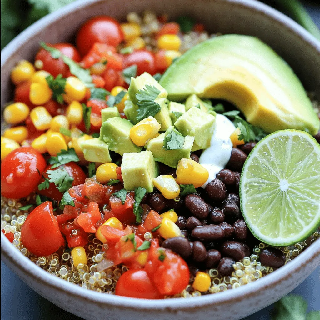 A Vegan Burrito Bowl is a fun, easy meal. It is colorful and packed with flavor. You can enjoy it for lunch or dinner. This dish combines grains, beans, and veggies. Each bite gives you a burst of taste. You will love how simple it is to prepare. To make this vibrant dish, you will need: - 1 cup quinoa, rinsed - 2 cups vegetable broth - 1 can (15 oz) black beans, rinsed and drained - 1 cup corn, frozen or fresh - 1 red bell pepper, diced - 1 avocado, diced - 1 cup cherry tomatoes, halved - 1/4 cup fresh cilantro, chopped - 1 lime, juiced - 1 teaspoon ground cumin - 1 teaspoon chili powder - Salt and pepper, to taste You can add some fun extras to make it your own: - 1/4 cup salsa - 1/4 cup dairy-free yogurt Feel free to switch up ingredients based on your taste. You can use different beans, grains, or veggies. Try adding spicy peppers or even nuts for crunch. This bowl is all about personal flair! First, rinse 1 cup of quinoa in cold water. This removes any bitter taste. In a medium saucepan, bring 2 cups of vegetable broth to a boil. Add the rinsed quinoa, then reduce the heat. Cover the pot and let it simmer for 15 minutes. The quinoa will absorb the broth. After 15 minutes, take it off the heat. Let it sit covered for 5 minutes. Fluff it with a fork when done. This step gives you light and fluffy quinoa. In a large mixing bowl, combine these ingredients: - 1 can (15 oz) black beans, rinsed and drained - 1 cup corn, frozen or fresh - 1 red bell pepper, diced - 1 cup cherry tomatoes, halved - 1/4 cup fresh cilantro, chopped Mix these veggies well. They add color and texture to the bowl. The black beans give protein, while the corn adds sweetness. The bell pepper and tomatoes bring freshness. Now, add the quinoa to the veggie mix. Squeeze in the juice of 1 lime. Add 1 teaspoon of ground cumin and 1 teaspoon of chili powder. Season with salt and pepper to taste. Toss everything gently until well combined. To serve, spoon the mixture into bowls. Top with diced avocado. You can add optional salsa and dairy-free yogurt for extra flavor. Garnish with more cilantro and a lime wedge. This makes your meal look vibrant and inviting. For the full recipe, check the earlier section. Enjoy your healthy and simple Vegan Burrito Bowl! To make the best quinoa, rinse it well. This removes a bitter coating called saponin. Use a ratio of two parts liquid to one part quinoa. I like to use vegetable broth for added flavor. Bring it to a boil, then lower the heat to simmer. Cover the pot and let it cook for about 15 minutes. Turn off the heat and let it sit for five more minutes. Fluff it gently with a fork for a light texture. Add spices to boost flavor in your burrito bowl. Ground cumin and chili powder add warmth. Fresh lime juice brightens all the ingredients. You can also mix in some salsa for extra zest. Try adding smoked paprika for a unique twist. Fresh herbs like cilantro or parsley can enhance the taste, too. Experiment with different combinations to find your favorite. Make your burrito bowl visually appealing. Use colorful bowls to showcase the vibrant ingredients. Layer the quinoa, beans, and veggies in sections for contrast. Top with creamy avocado and fresh cilantro. A wedge of lime on the side adds a pop of color. Drizzle with extra lime juice or hot sauce for flair. These small details make your meal look as good as it tastes! For the complete recipe, check out the Full Recipe section. {{image_2}} You can add protein to your vegan burrito bowl easily. Tofu is a great option. It absorbs flavors well. Just cube and sauté it with spices. Tempeh is another tasty choice. It has a nutty flavor and is rich in protein. You can marinate it and grill or fry it. You can also use chickpeas for a hearty bite. They add fiber and taste great when roasted. While quinoa is the base grain in the full recipe, you can switch it up. Brown rice is a popular choice. It gives a chewy texture and is filling. Farro adds a nice nutty flavor and is packed with nutrients. You could also try barley or millet for a unique twist. Each grain brings its own taste and texture, so feel free to experiment. Seasonal vegetables can change your burrito bowl game. In the spring, add fresh peas or asparagus. In summer, zucchini or bell peppers shine. Fall brings in butternut squash or sweet potatoes. These veggies not only taste great but also add color. You can mix and match according to what is fresh. This keeps your meals exciting and flavorful all year long. Store any leftover vegan burrito bowl in an airtight container. Keep it in the fridge for up to three days. If you want to keep it fresh longer, consider separating the ingredients. This helps keep the avocado and tomatoes from getting soggy. To reheat, use the microwave for about two minutes. Stir halfway to ensure even heating. If you prefer, you can heat it in a pan on low heat. Add a splash of vegetable broth to keep it moist. You can freeze the burrito bowl, but it's best to freeze the quinoa and beans separately. Use freezer-safe containers or bags. When ready to eat, thaw in the fridge overnight. Reheat as mentioned above for a quick meal. For the detailed cooking process, check out the Full Recipe. A vegan burrito bowl is a mix of healthy, colorful ingredients. You get: - Quinoa for a hearty base - Black beans for protein - Corn for sweetness - Red bell pepper for crunch - Avocado for creaminess - Cherry tomatoes for freshness - Cilantro for flavor - Lime juice for zest This dish is both tasty and filling. You can also add salsa or dairy-free yogurt if you like. To make a burrito bowl vegan, use plant-based ingredients. Start with a grain like quinoa. Then add beans for protein. Use fresh veggies like peppers, corn, and tomatoes. Top with avocado for creaminess and lime juice for a kick. Avoid any animal products, like cheese or sour cream. Instead, use dairy-free options if desired. Yes, you can meal prep a vegan burrito bowl! Cook the quinoa and mix the veggies in advance. Store each in separate containers. This keeps everything fresh and tasty. When you're ready to eat, just combine them. You can also add avocado and lime juice right before serving for the best taste. Meal prepping makes healthy eating easy! This guide covered everything you need to make a great Vegan Burrito Bowl. We looked at the ingredients, step-by-step instructions, and helpful tips for perfect quinoa. You can also mix in proteins or grains to suit your taste. Remember, storing leftovers and reheating correctly can save you time. Now, you have the tools to make this dish your own. Enjoy creating delicious, healthy meals!