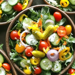 The Pickle Ranch Salad Bowl bursts with fresh flavors and vibrant colors. Here’s what you need: - 4 cups mixed greens (spinach, arugula, romaine) - 1 cup cherry tomatoes, halved - 1 cucumber, diced - 1 cup shredded carrots - 1 cup sweet pickles, diced - 1/2 cup red onion, thinly sliced - 1/2 cup ranch dressing (homemade or store-bought) - 1/4 cup dill pickle juice - 1 cup grilled chicken breast, sliced (optional) - 1/2 cup crumbled feta cheese (optional) - Salt and pepper to taste - Fresh dill for garnish Each ingredient plays a role in making this salad rich and satisfying. Mixed greens form a base that’s crisp and healthy. Sweet pickles add a tangy bite. Cherry tomatoes and cucumbers bring bright colors and crunch. The ranch dressing, mixed with dill pickle juice, gives a creamy, zesty finish. If you want to add protein, grilled chicken works well. Feta cheese adds a creamy touch. You can mix and match these ingredients to suit your taste. For the full recipe, check the details. Enjoy fresh goodness in every bite! Start by washing your mixed greens well. I love using spinach, arugula, and romaine. They add great texture and flavor. In a large mixing bowl, combine 4 cups of your greens. Next, add 1 cup of halved cherry tomatoes. Toss in 1 diced cucumber and 1 cup of shredded carrots. For a sweet crunch, add 1 cup of diced sweet pickles and 1/2 cup of thinly sliced red onion. If you want more protein, add 1 cup of sliced grilled chicken. Crumbled feta cheese is a tasty option too. It adds creaminess and a salty kick. In a separate small bowl, mix together 1/2 cup of ranch dressing with 1/4 cup of dill pickle juice. This step is key. The pickle juice adds a tangy zing that makes the salad pop. Whisk until fully combined. Now it's time to coat your salad. Drizzle the dressing over the salad base. Toss gently to ensure all the greens and veggies are coated. Season with salt and pepper to taste. Give it another light toss. To serve, divide the salad into four bowls or plates. For that final touch, garnish each bowl with fresh dill. It looks pretty and adds a fresh taste. Enjoy your vibrant Pickle Ranch Salad Bowls! For the full recipe, check above. For a great Pickle Ranch Salad Bowl, start with fresh greens. I love using mixed greens like spinach, arugula, and romaine. Each type brings its own crunch and flavor. When picking vegetables, cherry tomatoes and cucumbers add bright colors and taste. Shredded carrots give a nice sweetness. When choosing pickles, look for sweet ones. They add a fun twist to the salad. Check for crispness when buying. Fresh pickles should be firm. You can also try dill pickles if you like a tangy bite. You can make homemade ranch dressing for a personal touch. Mix sour cream, mayo, buttermilk, garlic powder, and onion powder. This gives your salad a rich taste. Don't forget to add dill pickle juice to the dressing. It boosts the tangy flavor. To elevate the salad, consider adding extra ingredients. Sliced olives or diced bell peppers add more color. Crumbled feta cheese or avocado offers creaminess. Grilled chicken adds protein, making it a complete meal. You can easily make this salad vegetarian or vegan. Simply skip the chicken and feta cheese. Use a vegan ranch dressing to keep it plant-based. For gluten-free options, ensure your dressing is gluten-free. Most ranch dressings are safe, but check the label. You can also add chickpeas for protein without gluten. This keeps your salad tasty and healthy for everyone. {{image_2}} You can boost the protein in your Pickle Ranch Salad Bowls easily. Try adding grilled tofu or chickpeas. Both options are tasty and filling. If you want something meatier, include shredded rotisserie chicken. This adds flavor and makes the salad heartier. You can also use beans like black beans or kidney beans. They add protein and a nice texture. Feel free to mix and match proteins to fit your taste. Changing the veggies based on the season adds fun to your salad. In spring, swap in fresh peas or asparagus. During summer, add bell peppers for a colorful crunch. In fall, try roasted sweet potatoes for warmth. Winter calls for hearty greens like kale, which stand up well in salads. Don’t forget to use seasonal dressings too! A light vinaigrette is great in summer, while a thicker, creamy dressing fits winter salads nicely. Experimenting with dressings can change the whole taste of your salad. Instead of ranch, try a zesty lemon vinaigrette or a spicy chipotle dressing. You might be surprised how different flavors can enhance the dish. Adding nuts or seeds is a great way to introduce crunch. Toasted almonds or sunflower seeds work well. They add texture and nutrition. So go ahead, get creative with your Pickle Ranch Salad Bowls! For the full recipe, check out the details above. To keep your Pickle Ranch Salad fresh, store it properly. Use airtight containers to keep out air and moisture. Glass containers work well, but plastic ones are fine too. If you mix the salad with dressing, it may get soggy. To prevent this, keep the dressing separate. When you're ready to eat, just drizzle the dressing over the salad and toss it. You can store the salad components in the fridge for about three days. Mixed greens and cucumbers may wilt sooner. If they look slimy or brown, it’s time to toss them. Shredded carrots and pickles usually last longer. Check for any funny smells or off textures. If you see any signs of spoilage, don't eat it. If you add grilled chicken, you may want to reheat it. Place it in a microwave-safe dish. Heat on low for about 30 seconds. Check to see if it’s warm enough. Avoid overheating, as it can dry out the chicken. Enjoy your salad fresh and tasty! If you're looking for the full recipe, check that section above. Yes, you can make this salad ahead of time. To keep it fresh, prepare the salad without dressing. Store the greens and vegetables in an airtight container. Add the dressing just before serving. This way, your salad stays crisp. If you want to add chicken, grill it ahead. Just slice it when you're ready to eat. Ranch dressing is the classic choice here. You can also try other dressings. A creamy garlic dressing adds nice flavor. For a lighter option, use a lemon vinaigrette. You can even make your own dressing. Mixing yogurt with herbs gives a tasty twist. Absolutely! To make more servings, simply scale the ingredients. Double or triple the mixed greens, veggies, and dressing. This salad works well for gatherings. Add more grilled chicken or feta if you like. Keep the ratio of dressing balanced. This ensures every bite remains delicious. For the full recipe, check out the instructions above. This blog post explored how to make a delightful Pickle Ranch Salad. We discussed the key ingredients and easy steps to assemble this tasty dish. You learned how to mix greens and fresh veggies, create a flavorful dressing, and serve it perfectly. We also shared useful tips for ingredient selection and dietary tweaks. Remember, this salad can change with the seasons, allowing endless variations. Enjoy the crunch and freshness while storing leftovers correctly for later. Get creative and make it your own!