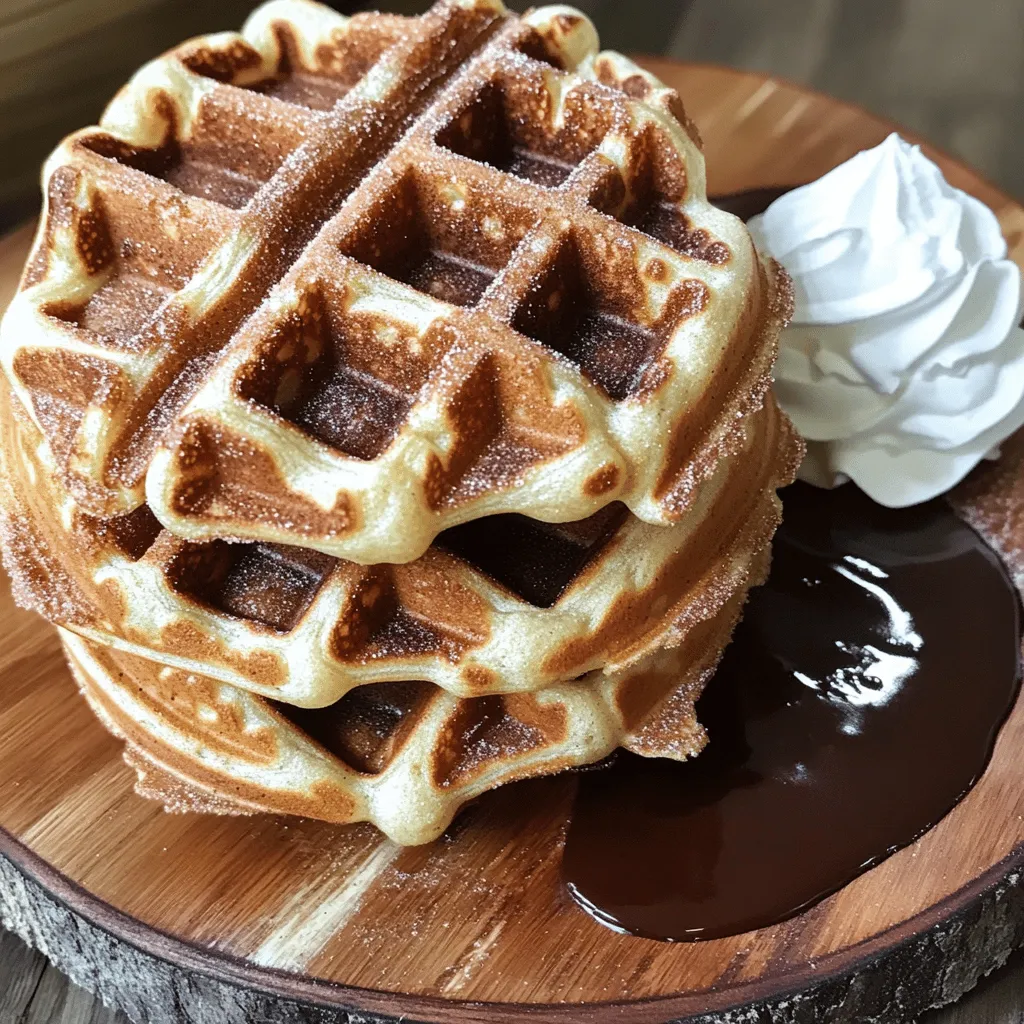 To make the best cinnamon sugar churro waffles, gather these key items: - 1 cup all-purpose flour - 1 tablespoon baking powder - 1/2 teaspoon salt - 1 tablespoon sugar - 1 teaspoon ground cinnamon - 1 cup milk - 1 large egg - 4 tablespoons unsalted butter, melted - 1/2 cup granulated sugar (for coating) - 2 tablespoons ground cinnamon (for coating) These ingredients work together to give the waffles a soft, fluffy texture with a sweet, cinnamon kick. You can enhance your churro waffles with some fun options: - Chocolate sauce (for drizzling) - Whipped cream (as a topping) - Vanilla ice cream (for an extra treat) Feel free to get creative! Adding toppings makes each bite even better. If you need to swap ingredients, here are some ideas: - For gluten-free, use a gluten-free flour blend. - Swap milk with almond or oat milk for a dairy-free option. - Use coconut oil instead of butter for a vegan choice. These options keep the flavor while meeting different dietary needs. To see the full recipe, check out the [Full Recipe]. Start by preheating your waffle iron. Follow the guide from the maker. In a medium bowl, whisk together these dry ingredients: - 1 cup all-purpose flour - 1 tablespoon baking powder - 1/2 teaspoon salt - 1 tablespoon sugar - 1 teaspoon ground cinnamon In another bowl, mix together: - 1 cup milk - 1 large egg - 4 tablespoons melted unsalted butter Make sure to blend well. Now, pour the wet mix into the dry mix. Stir gently until combined. It's okay if there are small lumps. This mix is key for your waffles. Now, lightly grease the waffle iron. Use non-stick spray or a little melted butter. Pour about 3/4 cup of batter into the iron, but check the size of your waffle maker. Close the lid and cook for about 3 to 5 minutes. Look for that golden, crispy finish. While your waffles cook, prepare the cinnamon sugar mix. In a shallow dish, combine: - 1/2 cup granulated sugar - 2 tablespoons ground cinnamon Once the waffles are ready, carefully take them out of the iron. While they are warm, coat each side in the cinnamon sugar blend. This gives them that churro-like taste. For extra fun, drizzle some chocolate sauce on top. Stack your waffles nicely on a plate, and don't forget to add some whipped cream or ice cream for a treat. This recipe makes four delicious waffles. Enjoy your sweet and simple delight! To make the best Cinnamon Sugar Churro Waffles, follow these tips: - Preheat the Waffle Iron: Always preheat your waffle iron. This step helps the waffles cook evenly. - Don’t Overmix the Batter: Mix just until combined. Small lumps in the batter are fine. - Use the Right Amount of Batter: Pour about 3/4 cup of batter into the iron. This amount works for most waffle makers. - Check for Doneness: Cook until golden and crisp, usually 3-5 minutes. Adjust the time based on your iron. If you have leftover waffles, store them properly: - Cool Completely: Let the waffles cool on a wire rack. This prevents them from getting soggy. - Use an Airtight Container: Place the cooled waffles in an airtight container. They stay fresh for up to 3 days. - Refrigerate or Freeze: Refrigerate them for short-term storage. For longer storage, freeze the waffles. Sometimes, things don’t go as planned. Here’s how to fix common issues: - Waffles Stick to the Iron: Ensure you grease the iron well. Use non-stick spray or melted butter. - Waffles Are Soggy: This can happen if the batter is too wet. Check your measurements and mix carefully. - Waffles Are Too Hard: Overcooking can cause this. Adjust the cooking time to avoid burning. These tips will help you create perfect Cinnamon Sugar Churro Waffles every time! For the complete recipe, check out the [Full Recipe]. {{image_2}} You can change the flavor of your churro waffles easily. Try adding vanilla extract to the batter for a sweet twist. You can also mix in chocolate chips or nuts for extra texture. If you love spice, a pinch of nutmeg or allspice can add warmth. For a fun twist, try using different extracts like almond or coconut. This lets you create churro waffles that fit your taste. Making gluten-free churro waffles is simple. Just swap the all-purpose flour for a gluten-free blend. Look for a blend that works well in baking and has xanthan gum for structure. This way, you get the same great taste without gluten. Follow the same steps in the recipe, and you’ll enjoy delicious gluten-free churro waffles. How you serve your churro waffles can make them even more special. Stack them high, and drizzle with chocolate sauce, caramel, or maple syrup. You can also serve them with a side of whipped cream or ice cream. For a breakfast twist, add fresh fruit like strawberries or bananas on top. These ideas help turn your churro waffles into a fun meal for any occasion. To keep leftover waffles fresh, let them cool completely. Place them in an airtight container. If you stack them, put parchment paper between each waffle. This way, they won’t stick together. Store the container in the fridge for up to three days. You can also wrap each waffle in plastic wrap for added freshness. When you're ready to enjoy your waffles again, you can reheat them easily. The oven works best to keep them crisp. Preheat your oven to 350°F (175°C). Place the waffles on a baking sheet. Heat them for about 5-10 minutes until warm. If you prefer the microwave, just heat them for about 20-30 seconds. However, the microwave may make them a bit soft. You can freeze these waffles for later enjoyment too! After cooling, wrap each waffle tightly in plastic wrap. Then, place them in a freezer-safe bag. Label the bag with the date. They can last up to three months in the freezer. When you want to eat them, just thaw them in the fridge overnight and reheat as mentioned. This method keeps your waffles tasty and ready for a sweet treat anytime! Yes, you can make these waffles ahead of time. Cook the waffles, then let them cool on a wire rack. This helps keep them from getting soggy. Once cooled, place them in an airtight container. You can store them in the fridge for up to three days. When ready to eat, simply reheat in a toaster or an oven until warm and crisp. These waffles are great on their own, but you can add more fun! Serve them with: - Whipped cream - Vanilla ice cream - Fresh fruit like strawberries or bananas - Chocolate sauce for drizzling - Maple syrup for a sweet touch These toppings add flavor and make your meal look beautiful. To get crispier waffles, try these tips: - Make sure your waffle iron is hot before adding the batter. - Use a little more melted butter in the batter for extra crispiness. - Cook the waffles a minute longer if they are not golden yet. - Avoid opening the waffle iron too soon, as this can make them soft. These tricks will help you enjoy the perfect crunch in every bite. You learned about making tasty waffles, from essential ingredients to serving tips. I shared how to mix, cook, and customize your waffles. You now know storage tips and answers to common questions. With these steps, you can create perfect waffles every time. Don’t hesitate to get creative with flavors and toppings. Enjoy your waffle journey!