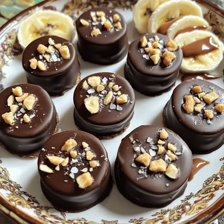 To make Chocolate Peanut Butter Banana Bites, gather these simple ingredients: - 2 ripe bananas - 1/2 cup creamy peanut butter - 1 cup dark chocolate chips - 1 tablespoon coconut oil - 1/4 cup chopped nuts (e.g., almonds or walnuts) - Sea salt for sprinkling These ingredients blend well together. The bananas give natural sweetness. Peanut butter adds creaminess, while dark chocolate brings rich flavor. Nuts add crunch, and sea salt gives a tasty twist. Choose bananas that are yellow with small brown spots. This means they are ripe and sweet. Avoid green bananas; they are not sweet yet. Overripe bananas, with lots of brown spots, can also work. They are very sweet and mash easily for recipes. If you want to swap out peanut butter, try almond butter or sunflower seed butter. These options still offer great flavor and texture. For chocolate, you can use milk chocolate or white chocolate. Just remember, each choice changes the taste a bit. You can also try sugar-free chocolate for a healthier option. Start by peeling the bananas and slicing them into 1/2-inch rounds. You want uniform slices for even flavor. Take about 1 teaspoon of peanut butter and spread it on half of the banana slices. Next, top each with the remaining slices to create little sandwiches. This step adds a creamy layer to each bite. Place the banana sandwiches on a baking sheet lined with parchment paper. This keeps them from sticking. Put the baking sheet in the freezer for about 15-20 minutes or until they feel firm. The freezing stage is crucial. It helps the banana slices hold together when you dip them in chocolate. A good freeze also makes sure that the peanut butter stays inside. If your bites are not firm enough, they may fall apart during dipping. So, don’t skip this step! Now, let’s melt the chocolate. In a microwave-safe bowl, mix dark chocolate chips with coconut oil. The coconut oil helps the chocolate stay smooth and shiny. Microwave this mixture in 30-second intervals. After each interval, stir the mixture. This keeps the chocolate from burning. Once it is smooth and melted, it’s ready for dipping. Dip each frozen banana sandwich halfway into the chocolate. Let any extra chocolate drip off. Place the bites back on the parchment paper. Before the chocolate hardens, sprinkle chopped nuts and a pinch of sea salt on top. This adds both crunch and flavor. Finally, return the bites to the freezer for another 10-15 minutes to set the chocolate completely. Enjoy your tasty snack! For the full recipe, check out the details above. When making chocolate peanut butter banana bites, avoid these common mistakes. First, use ripe bananas; underripe ones can be hard and lack flavor. Next, don’t skip freezing the banana sandwiches. This step helps the chocolate stick better. If you dip them while warm, the coating may slide off. Finally, watch the chocolate while melting. Overheating can cause it to burn, ruining your coating. To achieve a perfect chocolate coating, use good quality chocolate chips. Mix dark chocolate with a little coconut oil. This addition makes the chocolate smooth and shiny. After melting, let it cool slightly before dipping. Dip each banana sandwich halfway into the chocolate. Allow excess chocolate to drip off. If you want extra texture, you can sprinkle chopped nuts right after dipping. Serving is key to impressing your guests. Arrange the chocolate-covered banana bites on a nice plate. You can add fresh banana slices beside them for color. Drizzle any remaining melted chocolate over the bites for a fancy touch. If you want to go a step further, serve with a side of whipped cream or yogurt for dipping. These small details make your snack look gourmet. For the full recipe, check out the detailed instructions above. {{image_2}} You can switch up the flavor of your chocolate peanut butter banana bites. Instead of peanut butter, try almond or cashew butter. Each nut butter brings its own taste. You can also use crunchy nut butter for added texture. If you love a bit of spice, add a pinch of cinnamon to your nut butter. This twist will give your bites a warm, cozy flavor. Feel free to get creative with fun add-ins. Try adding coconut flakes for a tropical touch. Dried fruits like raisins or cranberries add sweetness and chewiness. You can also sprinkle in some mini chocolate chips for double chocolate goodness. For a nutty crunch, toss in some chopped nuts like pecans or hazelnuts. The options are endless, so mix and match until you find your favorite combo. Present your chocolate peanut butter banana bites with other snacks for a fun treat platter. Pair them with fresh fruit like strawberries or apple slices. Add some cheese cubes or yogurt for a savory balance. You can even serve them with homemade granola for a crunch. This way, you create a snack board that everyone will love. For the full recipe, check out the Chocolate Peanut Butter Banana Bites section. To keep your chocolate peanut butter banana bites fresh, place them in an airtight container. This will help them stay tasty and prevent freezer burn. I recommend using a container that fits your bites snugly. If you don’t have one, use plastic wrap to cover them tightly. Store them in the freezer for the best taste and texture. I suggest using glass or plastic containers that seal well. You can also use freezer bags if you prefer. Just make sure to remove as much air as possible before sealing. Label your container with the date. This way, you will know how long they have been stored. Freezing is the best option for these bites. They will stay fresh for up to three months in the freezer. Refrigerating them works, but they may not last as long. The chocolate may also become soft in the fridge. So, for the best taste and texture, stick with freezing. Enjoy your bites when you're ready for a quick treat! Yes, you can make these banana bites ahead of time. They freeze well and stay tasty. I often prepare a batch early in the week. Just follow the full recipe to get started. Once frozen, simply store them in a container. Chocolate Peanut Butter Banana Bites can last up to three months in the freezer. If you store them in the fridge, they will stay fresh for about one week. Keep them in an airtight container for the best results. Yes, these bites are a healthy snack option. They provide a mix of protein, healthy fats, and natural sugars. Here’s a quick breakdown of the nutritional benefits: - Bananas are rich in potassium and fiber. - Peanut butter adds protein and healthy fats. - Dark chocolate provides antioxidants. Each bite has about 70 calories, 3 grams of protein, and 5 grams of fat. Enjoy them as a guilt-free treat! You learned how to make tasty Chocolate Peanut Butter Banana Bites. We covered ingredients, how to pick ripe bananas, and tips for melting chocolate. I shared ways to avoid mistakes and how to make special variations. Remember, you can change flavors and use fun add-ins. Store them right for the best taste, too. Enjoy your banana bites; they are a fun treat sure to please!