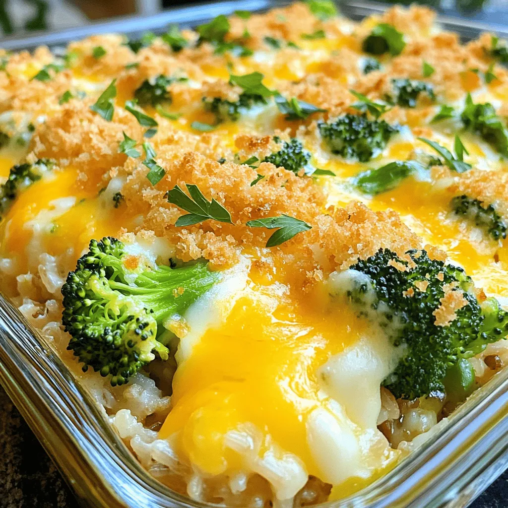 Here’s a complete list of ingredients you will need for Cheesy Broccoli Rice Casserole. Gather these items before you start cooking: - 1 cup uncooked brown rice - 2 1/2 cups vegetable broth - 2 cups broccoli florets (fresh or frozen) - 1 cup shredded sharp cheddar cheese - 1 cup shredded mozzarella cheese - 1/2 cup cream cheese, softened - 1 teaspoon garlic powder - 1 teaspoon onion powder - Salt and pepper to taste - 1/2 cup breadcrumbs (optional for topping) - 1 tablespoon olive oil This list gives you everything for a warm, cheesy dish. The combination of brown rice and broccoli makes it both healthy and filling. You can adjust this recipe based on what you like. For example, you can swap out cheeses or add more spices. Using fresh or frozen broccoli works well. Both options provide great flavor and nutrition. The cream cheese adds a rich texture, while the cheddar and mozzarella melt beautifully. If you want some crunch, consider breadcrumbs on top. You can find the full recipe in the article. Enjoy making this easy and tasty dish! To start, I cook the brown rice in vegetable broth. This adds a nice flavor. First, combine 1 cup of uncooked brown rice with 2 ½ cups of vegetable broth in a medium pot. Bring it to a boil, then reduce the heat. Cover the pot and simmer for about 45 minutes. This time helps the rice absorb all the broth. I like to check the rice near the end to ensure it’s soft and fluffy. If it needs more time, I let it simmer a bit longer. Next, I steam the broccoli florets. I use fresh or frozen broccoli, depending on what I have. To achieve tender, bright green florets, I bring a pot of water to a boil and place the broccoli in a steamer basket above it. I steam the broccoli for about 4 to 5 minutes. This keeps the bright color and crunchy texture. After steaming, I set the broccoli aside to cool slightly. Once the rice and broccoli are ready, I mix all the casserole ingredients in a large bowl. I combine the cooked rice, steamed broccoli, and these cheeses: 1 cup of shredded sharp cheddar, 1 cup of shredded mozzarella, and ½ cup of softened cream cheese. To add flavor, I sprinkle in 1 teaspoon each of garlic powder and onion powder, plus salt and pepper to taste. I mix everything until well combined. I then transfer the mixture to a greased 9x13 inch casserole dish. If I want a crunchy top, I sprinkle ½ cup of breadcrumbs and drizzle 1 tablespoon of olive oil over them. Now it's time to bake the casserole. I cover the dish with aluminum foil and put it in my preheated oven at 350°F (175°C) for 20 minutes. This initial bake helps all the flavors meld together. After 20 minutes, I remove the foil and bake for another 10 to 15 minutes. This step allows the cheese to become bubbly and golden brown. When it’s done, I take it out of the oven and let it sit for a few minutes before serving. This helps the casserole set nicely. For more detailed steps, check out the Full Recipe. To make your Cheesy Broccoli Rice Casserole shine, adjust your seasonings. You can add more garlic powder for a stronger taste. If you enjoy a bit of heat, try adding a pinch of cayenne pepper. The choice of cheese matters too. Sharp cheddar gives a bold flavor, while mozzarella adds creaminess. Mixing these cheeses creates a delicious blend. Feel free to add proteins to your casserole. Cooked chicken works well, or you can use tofu for a meatless option. You can also swap in different veggies. Carrots, peas, or bell peppers add color and taste. For some extra zest, toss in spices like paprika or cumin. Pair your casserole with a fresh salad. A crisp green salad balances the creamy dish nicely. For leftovers, try serving them in a wrap or over a baked potato. You can also reheat it and serve it with a fried egg on top for breakfast. For the full recipe, check the detailed steps above to guide you through cooking this tasty dish. {{image_2}} You can use different cheeses to change the flavor of your casserole. Try gouda for a smoky touch or pepper jack for some heat. If you want to make it vegan, look for plant-based cheese. Brands like Daiya or Violife offer tasty vegan options that melt well. To make this dish gluten-free, swap brown rice for quinoa or another gluten-free grain. Quinoa cooks faster and adds a nice nutty flavor. Ensure your broth and any cheese are gluten-free too. Always check labels to avoid hidden gluten. You can easily turn this side dish into a main course. Add cooked chicken, turkey, or beans for protein. You can also mix in more veggies like spinach or bell peppers. This way, you create a hearty meal in one dish. Enjoy your tasty and filling casserole! For the full recipe, check out the detailed instructions above. To store leftovers of Cheesy Broccoli Rice Casserole, let it cool first. Then, place it in an airtight container. This keeps it fresh and tasty. You can store it in the fridge for up to four days. Just make sure the lid is tight to avoid drying out. If you want to save the casserole for later, freezing is a great option. Cut it into portions before freezing. Wrap each piece tightly in plastic wrap and then place it in a freezer bag. This helps keep it fresh for up to three months. When you are ready to eat, thaw it in the fridge overnight. Reheat it in the oven at 350°F (175°C) until it is hot all the way through. For the best storage, use glass or plastic containers that seal well. These airtight containers will keep out moisture and air. If you plan to meal prep, portion the casserole into single servings. This makes it easy to grab a quick meal. You can also label the containers with the date to track freshness. Cheesy Broccoli Rice Casserole stays fresh in the fridge for about three to four days. Store it in an airtight container to keep it tasty. If you want to save it longer, freeze it! In the freezer, it can last for up to three months. Just make sure to wrap it well to prevent freezer burn. Yes, you can make this casserole ahead of time. Prepare it completely, then cover it and place it in the fridge. You can bake it later, saving time on busy days. I suggest letting it sit at room temperature for 30 minutes before baking. This helps it cook evenly. You may need to add a few minutes to the bake time. Absolutely! To make Cheesy Broccoli Rice Casserole in a slow cooker, first cook the rice as per the recipe. Then, mix it with the remaining ingredients and place the mixture in the slow cooker. Cook on low for about four to five hours. This method makes the casserole creamy and rich in flavor. Yes, you can use different types of rice in this casserole. White rice works well and cooks faster than brown rice. Instant rice is also a good option if you are short on time. Just follow the cooking instructions on the package to ensure it turns out perfect. Each type will give a slightly different texture, but all will be delicious! For the full recipe, check out the complete dish here. This blog post guides you through making a delicious Cheesy Broccoli Rice Casserole. We covered key ingredients, step-by-step instructions, and tips for perfecting flavor. You learned about variations, storage, and answers to common questions. In summary, this recipe is simple, flexible, and perfect for any meal. Enjoy creating your version, and don't hesitate to try new twists. Your casserole can be a family favorite with just a little creativity and care.