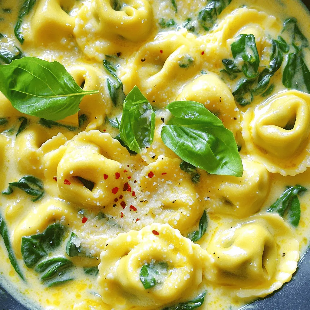 For this creamy garlic spinach tortellini, you will need: - 2 cups fresh tortellini (store-bought or homemade) - 2 cups fresh spinach, chopped - 4 cloves garlic, minced - 1 cup heavy cream - 1 cup grated Parmesan cheese - 2 tablespoons olive oil - Salt and pepper to taste - A pinch of red pepper flakes (optional) - Fresh basil leaves for garnish (optional) Tortellini Options: You can choose between fresh or store-bought tortellini. Fresh tortellini has a soft texture and cooks quickly. Store-bought ones are convenient and come in various flavors, like cheese or meat. Spinach Types: I prefer using fresh spinach for this dish. It wilts down nicely and adds a bright color. You can use baby spinach for a milder taste or even frozen spinach if fresh isn't available, but remember to drain it well. Garlic Preparation Techniques: Minced garlic adds a strong flavor. You can use a garlic press for quick work. If you want a milder taste, slice the garlic instead of mincing it. Sautéing it just right gives you the perfect aroma without the burn. To make this dish, you will need: - A large pot for boiling tortellini - A large skillet for sautéing - A wooden spoon or spatula for mixing - A colander for draining pasta These tools help you cook everything evenly and make cleanup easier. Each serving of creamy garlic spinach tortellini has: - Calories: Approximately 450 - Carbohydrates: 50g - Fats: 25g - Protein: 15g This dish is rich and filling, perfect for a cozy dinner. Enjoy the creamy goodness without guilt! If you want the full recipe, check out the [Full Recipe]. To boil tortellini to perfection, start with a large pot of salted water. Bring it to a rolling boil. Add the tortellini and cook for about 3-5 minutes. This time may vary based on the brand. The key is to achieve an al dente texture. Al dente means the pasta is firm but cooked through. This texture helps it hold up in the creamy sauce later. When sautéing garlic, keep a close eye on it. Heat olive oil in a large skillet over medium heat. Add minced garlic and stir for 1-2 minutes. You want it fragrant, not burnt. Burnt garlic can ruin the dish. Timing is crucial here; once it smells great, it’s time to add spinach. To make the creamy sauce, lower the heat before adding the heavy cream. Stir in the cream gently. Then add grated Parmesan cheese. Mix until the cheese melts into the cream, forming a rich sauce. If the sauce is too thick, you can adjust it by adding reserved pasta water a little at a time. This will help you reach the desired consistency. For more details, check the Full Recipe. To make your creamy garlic spinach tortellini even tastier, try adding spices like nutmeg or paprika. A dash of nutmeg brings warmth, while paprika adds a lovely color. Fresh herbs can elevate your dish too. Use basil, parsley, or thyme for a fresh touch. Chop them finely and stir them in just before serving for the best flavor. You might want your sauce to be creamier or lighter. If you prefer a thicker sauce, use more heavy cream or cheese. For a lighter option, substitute half-and-half for some of the cream. You can also add a bit of vegetable broth for flavor without too much cream. Adjust until you find your perfect balance. Presentation matters! Serve your tortellini in a shallow bowl to show off the creamy sauce. You can sprinkle extra Parmesan on top for a cheesy finish. A few fresh basil leaves can add a pop of color. For a touch of spice, add a few red pepper flakes on top. This makes the dish look as good as it tastes, inviting everyone to dig in. For the full recipe, check out the instructions above and enjoy every bite! {{image_2}} You can easily add protein to your creamy garlic spinach tortellini. Chicken or shrimp work great. Simply cook the protein first, then add it to the creamy sauce. For a vegetarian option, consider using beans or tofu. Both options pack a protein punch while keeping the dish hearty. To make a vegan creamy sauce, replace heavy cream with coconut milk or cashew cream. You can blend soaked cashews with water for a creamy texture. Swap Parmesan cheese with nutritional yeast for a cheesy flavor. These changes keep the dish rich and satisfying without any animal products. Using seasonal vegetables can enhance your dish. In the spring, add asparagus or peas for freshness. In the fall, try roasted butternut squash. These vegetables can give your tortellini a different taste and texture. You might also switch up the sauce. For a zesty twist, try adding lemon juice or sun-dried tomatoes. This keeps your dish exciting and flavorful! To keep your creamy garlic spinach tortellini fresh, cool it to room temperature. Place it in an airtight container. This helps prevent moisture loss and keeps flavors intact. Store it in the fridge for up to three days. If you want to save space, use a shallow container. This allows for quicker cooling. When reheating, avoid the microwave if possible. Instead, use a skillet. Heat it over medium-low heat. Add a splash of cream or reserved pasta water to keep it moist. Stir gently to avoid sticking. This method helps keep the flavors rich and the texture creamy. If you have extra tortellini, freezing is a great option. Portion out the dish into freezer-safe containers. Make sure to leave space for expansion. It can last up to three months in the freezer. To thaw, place the container in the fridge overnight. Reheat in a skillet, adding a bit of liquid to restore creaminess. This way, you can enjoy a quick meal later. Creamy garlic spinach tortellini lasts about 3 to 5 days in the fridge. Store it in an airtight container to keep it fresh. I recommend eating it within this time for the best taste. If you notice any off smell or change in color, it's best to toss it. Yes, you can use frozen tortellini for this recipe. Just cook it according to the package instructions. Frozen tortellini cooks well and still tastes great in the creamy sauce. This option is handy for a quick meal. If you need a substitute for heavy cream, you can use half-and-half or whole milk. Coconut milk is a great option for a dairy-free version. For a lighter option, blend silken tofu with a little milk. These alternatives can give you a creamy texture without the extra calories. Yes, you can make this dish gluten-free by using gluten-free tortellini. Many stores offer gluten-free pasta options now. Make sure to check the labels to ensure they fit your dietary needs. Enjoy your creamy garlic spinach tortellini without worry! This blog post covers everything you need for creamy garlic spinach tortellini. We explored ingredients, cooking techniques, and helpful kitchen tools. Remember to perfect your tortellini, sauté your garlic right, and adjust your sauce to your liking. Don't forget the tips for flavor and presentation to impress anyone. Enjoy experimenting with variations and seasonal options too. With proper storage and reheating, enjoy this dish any time. Now, you’re ready to make a delicious meal that will delight your taste buds!