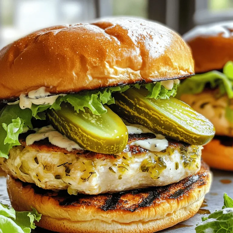 - 1 lb (450g) ground chicken - 1/4 cup dill pickle relish - 1/4 cup ranch dressing - 1/2 teaspoon garlic powder - 1/2 teaspoon onion powder - 1/2 teaspoon black pepper - 1/2 teaspoon salt - 1 tablespoon olive oil - 4 hamburger buns - Slices of dill pickles for serving The main ingredients create a juicy, flavorful burger. Ground chicken gives it a light texture. Dill pickle relish adds a tangy kick. Ranch dressing brings creaminess and more flavor. Garlic and onion powders enhance taste. Use black pepper and salt for balance. - Cheese slices - Leafy romaine lettuce - Additional toppings Optional ingredients let you customize your burgers. Cheese slices melt nicely on top. Leafy romaine lettuce adds crunch and freshness. You can also add tomato slices or avocado for extra flavor. Get creative with your favorite toppings! For the full recipe, check out the Pickle Ranch Chicken Burgers section above. - Combining the ingredients In a large bowl, I mix the ground chicken, dill pickle relish, ranch dressing, garlic powder, onion powder, black pepper, and salt. This blend gives the burgers a tasty kick. I ensure I don’t overwork the meat. Overmixing makes the burgers tough. - Forming the burger patties Next, I divide the mixture into four equal portions. I shape each portion into a patty, making a small dent in the center. This dent helps the patties cook evenly and not puff up. - Pan frying the patties I heat olive oil in a large skillet over medium heat. Once the oil is hot, I add the chicken patties. I cook them for about 5-6 minutes on one side until they turn golden brown. - Toasting the buns While the patties cook, I toast the hamburger buns in the same skillet. I keep an eye on them to ensure they turn golden brown without burning. - Layering ingredients To assemble, I start with a leaf of romaine lettuce on the bottom half of each bun. Then, I place the cooked chicken patty on top. I often add extra dill pickles and drizzle more ranch dressing for flavor. - Serving suggestions Finally, I place the top half of the bun on each burger. I serve them hot, often with crispy fries or a fresh salad. For a fun twist, I add cheese slices on the patties during the last minute of cooking. For the full recipe, check out the earlier section! To keep your chicken patties flat, make a small dip in the center. This helps them cook evenly and prevents puffing. If you skip this step, your burgers might look like little meatballs on the grill. To ensure your burgers stay juicy, don’t overmix the ground chicken. Mix just until combined. Overworking the meat can create tough patties. Also, cook them on medium heat. This allows the chicken to cook through without drying out. For the best side dishes, serve your pickle ranch chicken burgers with crispy fries or a fresh salad. Potato salad or coleslaw also makes a great pairing. They add crunch and flavor, making your meal more fun. For presentation, stack your burgers high with fresh toppings. Use green lettuce, dill pickles, and a drizzle of ranch dressing. This makes each burger look appetizing. Serve on a clean plate for a nice touch. Try to arrange your sides neatly for a colorful plate. A pretty meal makes everyone happier! For the full recipe, check back to see how to make these delicious burgers! {{image_2}} You can spice up your pickle ranch chicken burgers in fun ways. For a kick, try making spicy pickle ranch chicken burgers. Just add some chopped jalapeños or hot sauce to the burger mix. This will give your burgers a zesty heat. Another great option is a Southwest-style variation. Mix in some taco seasoning with the ground chicken. You can also add corn and black beans for extra flavor. Top these burgers with avocado and salsa for a fresh twist. If you're looking for gluten-free options, swap out the hamburger buns for gluten-free ones. You can also use lettuce wraps. This way, you keep all the great taste without the gluten. For low-carb variations, use ground turkey instead of chicken. You can also skip the bun and serve the burger on a bed of greens. This keeps the meal light but still very tasty. Check out the Full Recipe for these delicious variations! To store leftovers, place the burgers in a sealed container. This keeps them fresh. They will last for up to three days in the fridge. Make sure to cool them before sealing. You can add a piece of parchment paper between patties to avoid sticking. You can freeze these chicken burgers for later use. Place the cooked burgers in a freezer-safe bag. Try to remove as much air as possible. They will stay good for up to three months. When you're ready to eat, let them thaw in the fridge overnight. For the best taste, reheat chicken burgers in a skillet. Heat on medium for about 3-4 minutes on each side. You can also use a microwave, but that may make them a bit soggy. If you want a crispy texture, pop them in the oven at 350°F (175°C) for about 10 minutes. Enjoy your flavorful meal again! You can cook chicken burgers on the stovetop or grill. Both methods work well. - Stovetop: Use a skillet with olive oil. Heat it over medium heat. Cook the patties for about 5-6 minutes on each side. - Grill: Preheat the grill. Cook the patties for about 5-6 minutes on each side, too. Each method gives a nice, crispy outside. It also keeps the inside juicy and tender. Yes, you can use other ground meats. Ground turkey and pork are great options. They also add unique flavors. Just remember to adjust the cooking time if needed. Ground beef is another choice. Each meat brings its own taste to the burgers. Check the internal temperature of the chicken burgers. Use a meat thermometer to ensure it reaches 165°F (75°C). This is the safe temperature for ground chicken. Look for clear juices running from the burger. If the juices are pink, the burger needs more cooking time. Pair these burgers with tasty sides. Here are some great ideas: - French fries or sweet potato fries - Coleslaw for a crunchy side - A fresh green salad - Pickle chips for extra crunch Each side complements the flavors of the burgers. Enjoy a full meal! For the full recipe, check it out here. This guide unlocks the secrets to making tasty pickle ranch chicken burgers. We explored the main and optional ingredients, from ground chicken to delicious toppings. Following easy steps, you can master preparation, cooking, and assembly. I shared tips for juicy patties and suggested great sides. You can customize flavors, try dietary swaps, and store leftovers easily. Every bite promises to be fun and satisfying. Enjoy making these burgers your own and impressing everyone at your next meal!