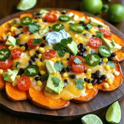 - 2 large sweet potatoes, thinly sliced - 1 tablespoon olive oil - 1 teaspoon smoked paprika - 1 teaspoon cumin - Salt and pepper to taste - 1 cup black beans, rinsed and drained - 1 cup corn kernels (frozen or fresh) - 1 cup cherry tomatoes, halved - 1 jalapeño, sliced - 1 avocado, diced - 1 cup shredded cheddar cheese (or dairy-free cheese) - Fresh cilantro, for garnish - ½ cup Greek yogurt or sour cream (for drizzling) - Lime wedges, for serving Sweet potatoes are the star of this dish. They add a natural sweetness that pairs well with savory toppings. I love using two large sweet potatoes. Thinly slice them for the best texture. Next, you’ll need toppings and accompaniments. Black beans bring protein, while corn adds a nice crunch. Cherry tomatoes offer freshness. A touch of jalapeño gives it a kick. Don't forget the creamy avocado! For seasoning, I use olive oil, smoked paprika, and cumin. These spices enhance the flavor. Salt and pepper balance everything out. You’ll want to taste as you go to get it just right. To follow this recipe perfectly, check out the Full Recipe. It guides you step-by-step to make these nachos enjoyable and easy! 1. Preheating the oven: Start by preheating your oven to 400°F (200°C). This step is key for getting crispy sweet potatoes. 2. Tossing with oil and spices: In a large bowl, mix the sliced sweet potatoes with olive oil, smoked paprika, cumin, salt, and pepper. Make sure each slice is coated well. This seasoning gives the sweet potatoes a tasty kick. 3. Baking until crispy: Spread the sweet potato slices on a baking sheet lined with parchment paper. Bake them for 20-25 minutes. Flip them halfway through so they cook evenly. They should feel tender and have a nice crisp. 1. Layering the sweet potatoes: Once baked, take the sweet potatoes out and layer them on a large, oven-safe platter or baking dish. This will be the base for your nachos. 2. Adding toppings: Now, you can get creative! Top the sweet potatoes with black beans, corn, cherry tomatoes, jalapeño slices, and diced avocado. Each topping adds flavor and color to your dish. 3. Baking for cheese melting: Finally, sprinkle shredded cheese on top of everything. Return the platter to the oven and bake for another 10 minutes. This will melt the cheese and make it all gooey. Enjoy your Loaded Sweet Potato Nachos! For the full recipe details, check [Full Recipe]. To get your nachos crispy, slice the sweet potatoes thinly. Aim for about 1/8 inch thick. The thinner they are, the crispier they’ll get. Spread them in a single layer on the baking sheet. If they overlap, they may steam instead of crisp. For melting cheese, use a mix of cheddar and mozzarella. The mozzarella melts beautifully, while the cheddar adds great flavor. Make sure the cheese is evenly distributed over the toppings. This way, every bite has cheesy goodness. If you want to try a different cooking method, use an air fryer. Preheat it to 400°F (200°C), then cook the sweet potatoes for about 15 minutes. Shake the basket halfway through to ensure even cooking. You can also grill them for a smoky flavor. Just be careful not to burn them! When it comes to drinks, pair your nachos with a refreshing iced tea or a cold soda. If you want something special, try a light beer or a fruity cocktail. These drinks balance the flavors well. These nachos are perfect for game day or casual get-togethers. They are also great for movie nights at home. Serve them at parties, and watch your friends enjoy every bite! For garnishing, add fresh cilantro right before serving. It adds color and freshness. Squeeze lime juice over the top for a zesty kick. You can also drizzle Greek yogurt or sour cream for creaminess. These small touches make your nachos look and taste amazing! {{image_2}} You can make your Loaded Sweet Potato Nachos fun and unique. Start by adding different proteins. You can use chicken, beef, or tofu. Each choice brings a new taste. Next, explore various toppings. Try adding olives, bell peppers, or mushrooms. You can also mix in some shredded lettuce or diced onions for crunch. If you want vegan-friendly options, swap the cheese for dairy-free cheese. Use avocado or guacamole instead of sour cream. These changes keep the dish tasty and healthy. For those needing gluten-free options, sweet potatoes are a great base. Ensure your toppings, like beans and corn, are gluten-free too. If you want to avoid dairy, there are many cheese alternatives. Look for nut-based or soy-based cheese. They melt well and taste good. You can also create low-carb variations. Skip the beans and corn, and load up on extra veggies. Use bell peppers or zucchini slices instead. This keeps your nachos light but still full of flavor. For the full recipe, check out the instructions above. Enjoy your cooking! To keep your Loaded Sweet Potato Nachos fresh, follow these steps: - Let them cool: Allow your nachos to cool to room temperature before storing. - Use airtight containers: Place leftovers in airtight containers. This helps prevent moisture. - Separate layers: If you have many layers, use parchment paper between them. This keeps toppings from sticking. For best quality, eat your nachos within three days. They taste better fresh, but good storage helps maintain flavor. Reheating nachos can be tricky. Here are some methods: - Oven method: Preheat your oven to 350°F (175°C). Spread nachos on a baking sheet. Heat for about 10 minutes or until warm. - Microwave method: Place nachos on a microwave-safe plate. Heat for 30 seconds, then check. Repeat until warm. To restore crispiness, avoid the microwave if possible. The oven is best for keeping the crunch. Enjoy your tasty leftovers! Can I make Loaded Sweet Potato Nachos in advance? Yes, you can prepare some parts ahead. Slice the sweet potatoes and season them. Store these in the fridge for up to a day. You can also cook the sweet potatoes in advance. Just reheat them before adding toppings. This makes it easy to enjoy nachos with less fuss. How do I prevent soggy nachos? To avoid soggy nachos, slice the sweet potatoes thinly for better crisping. Bake them until they are lightly crispy. Layer toppings carefully and serve right after baking. If you need to store them, keep the toppings separate until you are ready to serve. What can I serve with Loaded Sweet Potato Nachos? You can serve these nachos with many dips and drinks. I love pairing them with fresh salsa or guacamole. A side of lime wedges adds a nice touch. For drinks, try a light beer or a refreshing mocktail. Health benefits of sweet potatoes Sweet potatoes are packed with nutrients. They have high levels of vitamin A and fiber. This makes them good for eyesight and digestion. They also have antioxidants, which help fight disease. Eating sweet potatoes can boost your overall health. Caloric breakdown per serving One serving of Loaded Sweet Potato Nachos has about 350-400 calories. This can vary based on toppings you choose. If you add more cheese or avocado, the calories will increase. Keep this in mind if you are watching your intake. Serving size recommendations I recommend serving nachos as a shared snack. Aim for about 1 cup per person. This allows everyone to enjoy without overdoing it. You can always prepare more if needed. Just keep the balance of toppings and sweet potatoes right. For the full recipe, check out the [Full Recipe]. Loaded sweet potato nachos are fun and tasty. We covered the main ingredients, step-by-step instructions, and tips for crispiness. You learned to customize your nachos for different diets and how to store leftovers properly. Enjoy making these nachos for game night or a casual dinner. They bring joy and flavor to any meal. Keep experimenting with toppings and variations. You'll find the perfect combo for your taste. Make these nachos your own and share them with friends and family!