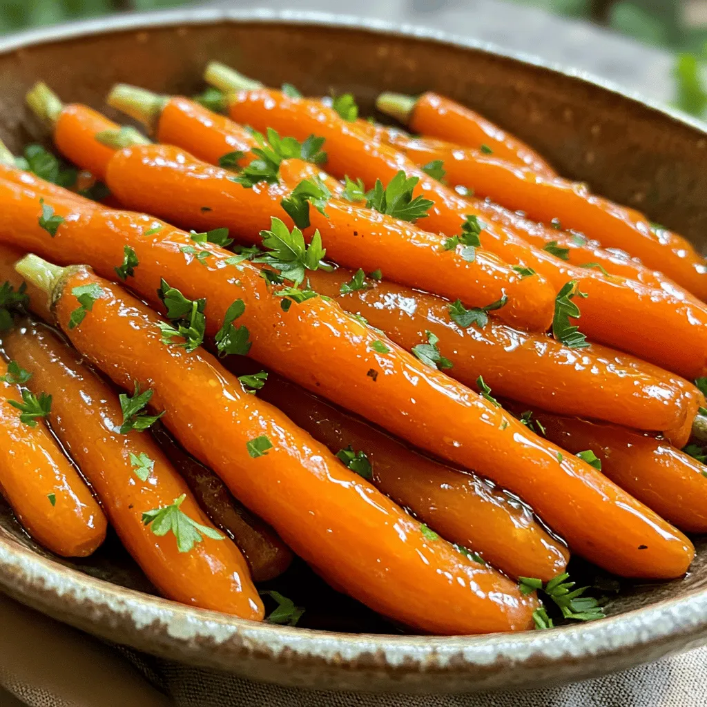- 1 pound baby carrots, peeled - 1/4 cup pure maple syrup - 2 tablespoons unsalted butter Baby carrots are sweet and tender. They cook quickly and are easy to handle. Use fresh ones for the best taste. Pure maple syrup gives a rich flavor. It coats the carrots with a sweet glaze. Unsalted butter adds creaminess and depth. It helps the syrup stick to the carrots. - 1/2 teaspoon salt - 1/4 teaspoon black pepper - 1/2 teaspoon ground cinnamon - 1 tablespoon fresh lemon juice Seasonings enhance the dish. Salt brings out the natural sweetness of the carrots. Black pepper adds a nice kick. Ground cinnamon gives warmth and a hint of spice. Fresh lemon juice brightens the flavor. It balances the sweetness from the maple syrup. - Fresh parsley, chopped Chopped fresh parsley adds color and freshness. It also brings a slight earthiness that pairs well with the sweet carrots. For a vibrant dish, sprinkle it on just before serving. For the full recipe, check out the details above. Enjoy this simple and savory side dish! To start, bring a large pot of water to a boil. Add one pound of baby carrots to the pot. You want to cook them for about five minutes. This time ensures they become tender but still hold their shape. After boiling, carefully drain the carrots in a colander. Set them aside while you prepare the glaze. Next, melt two tablespoons of unsalted butter in the same pot over medium heat. Once the butter melts, pour in a quarter cup of pure maple syrup. Add a half teaspoon of salt, a quarter teaspoon of black pepper, and a half teaspoon of ground cinnamon. Stir the mixture well so it becomes a smooth glaze. Now, add the drained carrots back into the pot. Toss them in the maple glaze until they are fully coated. Cook the carrots over medium-low heat for about five to seven minutes. Stir occasionally for even cooking. You want to see the glaze thicken and the carrots caramelize nicely. For a fresh touch, drizzle one tablespoon of fresh lemon juice over the carrots and toss again. This enhances flavor and adds brightness. For a complete guide, check the Full Recipe. To get the best texture in your maple glazed carrots, pay attention to cooking time. Boil your baby carrots for only five minutes. They should be tender yet firm. If you cook them too long, they can get mushy. Balancing sweetness and spice is key. The maple syrup adds sweetness, but you want some kick, too. Use black pepper and a pinch of cinnamon. They add warmth and depth to the dish. You can adjust the amounts based on your taste. For this recipe, you need a large pot to boil the carrots. A good non-stick pan is best for making the glaze. A wooden spoon or spatula helps in mixing everything well. Using these tools makes the process smooth and easy. When serving, think about how to make it look nice. Arrange the glazed carrots in a shallow bowl. You can place them in a circular pattern for a pretty look. To make it pop, sprinkle extra chopped parsley on top. For special occasions, consider using a decorative platter. This adds a touch of elegance to your meal. You can even add some lemon wedges on the side for a fresh touch. For the full recipe, check out the details above! {{image_2}} You can easily boost the taste of maple glazed carrots. Try adding orange juice or zest for a fresh twist. The citrus brings a bright flavor that complements the sweetness of the maple syrup. Another great idea is to incorporate herbs like thyme or dill into the mix. These herbs add a savory depth that balances the sweetness beautifully. If you want to cut down on sugar, you can use low-sugar maple syrup. This keeps the flavor while reducing calories. For those who prefer a plant-based option, swap out the unsalted butter with vegan butter. This keeps the dish creamy and rich, while still being vegan-friendly. Feel free to experiment with different veggies! Regular carrots work well if you can't find baby carrots. You can also mix in other root vegetables like parsnips or sweet potatoes. This adds variety and extra nutrients to your meal. Each veggie brings its own unique flavor and texture, making the dish even more interesting. For the full recipe, check out the Maple Glazed Carrots guide. To keep maple glazed carrots fresh, place them in an airtight container. This helps keep the flavor and moisture locked in. You can store the carrots in the fridge for up to five days. If you want to save them for longer, consider freezing them. Frozen glazed carrots can last for up to three months. Just remember, freezing may change their texture. When it comes to reheating, I suggest using the stovetop method. This helps maintain the carrots' texture. Simply add a little water or butter to a pan over low heat. Stir occasionally until they are heated through. You can also use a microwave, but be careful. Microwaving can make the carrots soggy if you don't use a cover. Heat them in short bursts, stirring in between, to keep them tasty. To make maple glazed carrots less sweet, simply use less maple syrup. Start by cutting the syrup to 2 tablespoons instead of 1/4 cup. You can also add a bit more lemon juice to balance the sweetness. This extra tartness helps keep the flavor bright without being overly sweet. Yes, you can prepare maple glazed carrots ahead of time. Cook the carrots and glaze them as usual. After cooking, let them cool and store in the fridge for up to two days. When ready to serve, reheat them in a pot over low heat. You may want to add a splash of water or lemon juice to keep them moist. Maple glazed carrots pair well with many main dishes. They complement roasted chicken or pork beautifully. You can also serve them with grains like quinoa or rice. Their sweet flavor adds a nice contrast to savory meats and grains. Yes, this recipe is gluten-free. All the ingredients used, like baby carrots and maple syrup, are safe for those with gluten sensitivities. Always check labels if you have concerns about cross-contamination. Enjoy this dish worry-free! This blog post discussed how to make delicious maple glazed carrots. We covered main ingredients like baby carrots, pure maple syrup, and unsalted butter. You learned step-by-step instructions, including how to cook the carrots and make the glaze. We shared tips for perfect texture and flavor, plus ways to serve and store leftovers. Enjoy experimenting with variations or adding herbs to enhance the taste. Maple glazed carrots can be a great side dish for any meal!