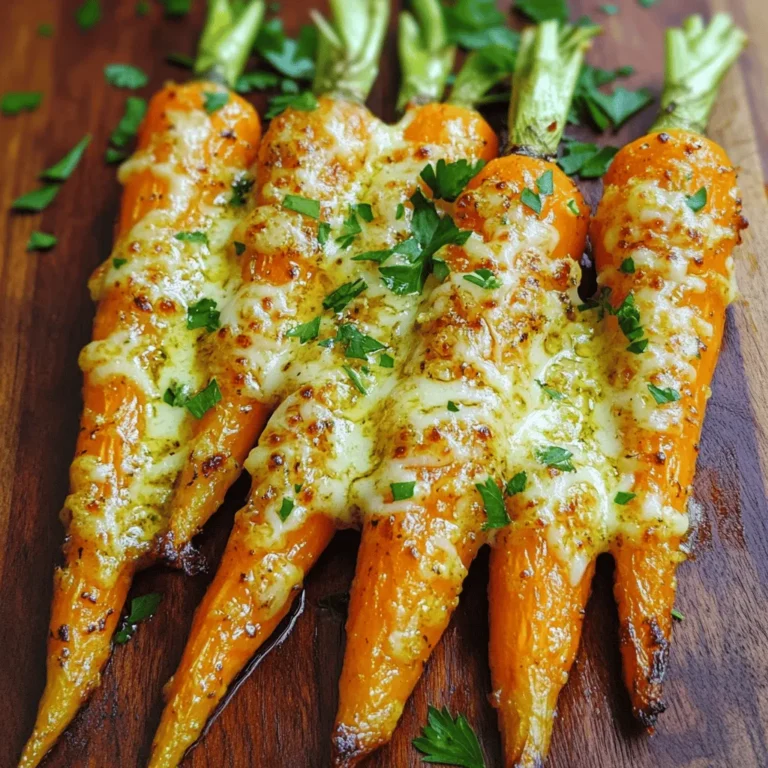 To make Roasted Garlic Parmesan Carrots, you need: - 1 pound baby carrots (or regular carrots, peeled and cut into sticks) - 4 cloves garlic, minced - 2 tablespoons olive oil - 1/2 cup grated Parmesan cheese - 1 teaspoon dried oregano - 1 teaspoon salt - 1/2 teaspoon black pepper - Fresh parsley, chopped (for garnish) When you choose carrots, look for ones that feel firm. They should not have soft spots or wrinkles. Bright orange color shows good flavor and sweetness. If you can, pick baby carrots. They are sweeter and cook faster. If using regular carrots, cut them into even sticks. This helps them cook evenly. You can switch things up! Try using different herbs like thyme or rosemary for a unique taste. If you want a kick, add some crushed red pepper flakes. Instead of Parmesan, you could use feta cheese for a tangy twist. For a vegan option, skip the cheese altogether or use a dairy-free alternative. Each change brings a new flavor to your meal. Check out the Full Recipe for all the details. Start with fresh baby carrots or regular carrots. If you choose regular ones, peel and cut them into sticks. Aim for uniform sizes so they cook evenly. Rinse them well under cold water. This step helps remove any dirt. Pat them dry with a clean towel. Drying helps the oil stick better. In a large bowl, combine the carrots with garlic, olive oil, oregano, salt, and black pepper. Use your hands or a spoon to mix everything well. Make sure each carrot is coated. This mixture brings out the flavors. The garlic adds a nice kick, while the oil helps with roasting. Preheat your oven to 400°F (200°C). Spread the carrots on a baking sheet lined with parchment paper. Place them in a single layer. This will help them roast evenly. Roast for 25-30 minutes until tender and slightly caramelized. Stir halfway through for even cooking. After roasting, sprinkle Parmesan cheese over the hot carrots. Return them to the oven for another 5 minutes. This melts the cheese and makes it bubbly. Garnish with fresh parsley for color and flavor. Don’t forget to check the [Full Recipe] for more details. To get roasted carrots just right, start with even-sized pieces. This helps them cook evenly. I prefer baby carrots, but you can use regular carrots too. Just peel and cut them into sticks. Make sure to coat them well with olive oil and seasonings. This helps the flavors stick and ensures a nice roast. To kick up the taste, add fresh herbs like thyme or rosemary. A splash of lemon juice can brighten the dish. If you want a bit of heat, sprinkle some red pepper flakes. Mixing in other veggies, like bell peppers or zucchini, can also add fun flavors and colors. For a twist, try different cheeses, like feta or goat cheese. One common mistake is overcrowding the baking sheet. This makes steaming happen instead of roasting. Spread the carrots out in a single layer with space between them. Another mistake is not stirring halfway through. This helps them brown evenly. Lastly, don’t skip the cheese at the end. It adds a rich flavor that makes the dish stand out. For the full recipe, check the earlier section. {{image_2}} You can change the cheese to suit your taste. Try using Gruyère for a nutty flavor. Feta brings a tangy twist that pairs well with carrots. You could also use cheddar for a sharper taste. These options add depth to your dish. Each cheese creates a unique flavor profile. Feel free to add other veggies to your carrots. Sweet potatoes make a great addition. They roast well and add sweetness. Broccoli or bell peppers can also join the mix. Just chop them to similar sizes for even cooking. This method gives you more colors and flavors on your plate. You can tweak the seasonings to fit your liking. Add more garlic for a bigger punch. If you like heat, sprinkle in some red pepper flakes. Experiment with herbs like thyme or rosemary for a fresh twist. Taste as you go to find your perfect balance. For the full recipe, see the detailed instructions above. After you enjoy your roasted garlic Parmesan carrots, store any leftovers in an airtight container. Let the carrots cool down first. This helps keep them fresh. Place the container in the fridge. Proper storage will keep them tasty for up to three days. When you're ready to enjoy your leftovers, preheat your oven to 350°F (175°C). Spread the carrots on a baking sheet. Heat them for about 10-15 minutes. This will make them warm and crisp again. You can also use the microwave, but they might not be as crispy. If you want to save some roasted carrots for later, you can freeze them. First, let the carrots cool completely. Then, place them in a freezer-safe bag. Remove as much air as possible before sealing. Frozen carrots can last up to three months. When you are ready to eat them, thaw the bag in the fridge overnight. Reheat in the oven for the best results. For the full recipe, check out the instructions above. Roasted carrots stay fresh in the fridge for about 3 to 5 days. Make sure you store them in an airtight container. This keeps them from drying out. When you reheat them, they can taste almost as good as fresh. Yes, you can use frozen carrots, but they may not taste the same. Frozen carrots can be softer after cooking. To use them, thaw first, then dry well. This helps avoid excess water when roasting. You may need to adjust the cooking time. Roasted Garlic Parmesan Carrots pair well with many dishes. They complement grilled chicken, steak, or fish. You can also serve them with pasta or rice. Adding these carrots to your meal adds color and flavor. For a complete meal, try them with a fresh salad. You can find the Full Recipe easily to get started! Roasting carrots can be simple and fun. You learned the best ingredients, how to prepare, and the roasting steps. I gave tips on how to avoid mistakes and enhance flavors. With different variations, you can make this dish your own. Finally, storing and reheating leftovers is easy. Enjoy your tasty roasted carrots and share them with friends or family!