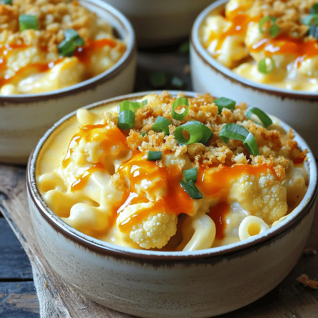 To make Buffalo Cauliflower Mac and Cheese, gather these key ingredients: - 1 head cauliflower, cut into florets - 1 tablespoon olive oil - 1 teaspoon garlic powder - 1 teaspoon onion powder - Salt and pepper to taste - 1 pound elbow macaroni - 2 cups shredded sharp cheddar cheese - 1 cup cream cheese, softened - 1 cup milk - 1/2 cup hot sauce (like Frank’s RedHot) - 1/2 teaspoon smoked paprika - 1/4 cup breadcrumbs These ingredients create a rich and creamy dish. The cauliflower adds a nice crunch, and the hot sauce gives it that spicy kick. You can enhance your dish with these tasty toppings: - Sliced green onions - Chopped fresh parsley - Extra hot sauce for drizzling - Crumbled feta or blue cheese These toppings add color and extra flavor. You can mix and match based on your taste. This dish serves about six people. Each serving has: - Calories: 450 - Protein: 20g - Fat: 25g - Carbohydrates: 40g - Fiber: 3g This meal balances comfort with nutrition. You get protein from the cheese and fiber from the cauliflower. For the full recipe, check out the cooking instructions that follow. Start by washing the cauliflower. Cut it into small florets. In a bowl, mix the florets with olive oil, garlic powder, onion powder, salt, and pepper. Toss until they are well-coated. Spread the cauliflower on a baking sheet. Roast it in the oven at 350°F (175°C) for about 20 minutes. You want it to be tender and slightly crispy. While the cauliflower roasts, cook your elbow macaroni. Follow the package instructions for al dente pasta. Once done, drain the pasta and set it aside. This will be the base of your dish. In a large saucepan, combine shredded cheddar cheese, cream cheese, milk, hot sauce, and smoked paprika. Heat this mixture over medium heat. Stir continuously until it turns smooth and creamy. This cheese sauce is the heart of the dish. Once the cauliflower is ready, add it to your cheese sauce. Then, mix in the cooked macaroni. Stir everything gently to combine well. Ensure that each piece is coated with that yummy cheese sauce. Transfer the mac and cheese mixture into a greased baking dish. Sprinkle breadcrumbs evenly on top. Bake it in the oven for 20 to 25 minutes. Look for a golden brown and bubbly top. Once done, let it cool for a few minutes before serving. Enjoy your Buffalo Cauliflower Mac and Cheese! For the complete details, check the Full Recipe. To make the cheese sauce creamy, use medium heat. Start with shredded cheddar and cream cheese for smoothness. Add milk slowly while stirring. This helps avoid lumps. If the sauce is too thick, add more milk. Taste the sauce and adjust salt or hot sauce for your liking. Roasting the cauliflower brings out its natural sweetness. Toss the florets with olive oil, garlic powder, onion powder, salt, and pepper. Spread them on a baking sheet in a single layer. This ensures even roasting. Bake at 350°F for about 20 minutes. You want them tender and crispy. This adds depth to your dish. For a fun twist, serve in small bowls. Drizzle extra hot sauce on top for heat. Garnish with chopped green onions for color. For a crunch, add more breadcrumbs before baking. This gives your mac and cheese a perfect topping. Enjoy your Buffalo Cauliflower Mac and Cheese with a side salad for a complete meal. For the full recipe, check out the complete details above. {{image_2}} You can easily make this dish vegan. Replace the cheese with a vegan cheese blend. Use cashew cream or coconut milk instead of regular cream cheese. Nutritional yeast adds a cheesy flavor too. This way, you keep the creamy goodness without dairy. For gluten-free mac and cheese, choose gluten-free elbow macaroni. Many brands offer great options made from rice or chickpeas. You can also use gluten-free breadcrumbs for a crunchy topping. This keeps the dish tasty for those with gluten sensitivities. To change the spice level, you can adjust the hot sauce. For a milder dish, use less hot sauce or choose a milder brand. If you want more heat, add crushed red pepper flakes or extra hot sauce. Taste as you go to find your perfect balance. Check out the Full Recipe for more ideas! After enjoying your Buffalo Cauliflower Mac and Cheese, let it cool. Transfer the leftovers into an airtight container. Store it in the fridge. It will last for about three to four days. Make sure to cover it well to prevent moisture loss. To reheat, you can use the oven or microwave. If using the oven, preheat it to 350°F (175°C). Place the mac and cheese in a baking dish, cover it with foil, and heat for about 15 to 20 minutes. This keeps it moist. If using a microwave, heat in short bursts. Stir frequently to avoid hot spots. You can freeze Buffalo Cauliflower Mac and Cheese for up to two months. First, let it cool completely. Then, place it in a freezer-safe container. Make sure to label it with the date. When ready to enjoy it, thaw it overnight in the fridge. Reheat as described above. Enjoy this tasty comfort dish anytime! Yes, you can use frozen cauliflower. Just thaw it and drain any excess water. The texture might be a bit softer, but it will still taste great. To reduce the heat, cut back on the hot sauce. You can also add more cheese or cream cheese for a creamy taste. Try mixing in a bit of sour cream for extra creaminess. If you want to swap out cream cheese, try using Greek yogurt or a non-dairy cream cheese. Both will keep the dish creamy while changing the flavor a bit. Yes, this dish is perfect for meal prep. Make it ahead, store in an airtight container, and just reheat when you are ready to eat. To get a nice crispy topping, use breadcrumbs and bake the dish until golden brown. You can also broil it for a couple of minutes at the end for extra crispiness. Check it often to avoid burning. For the complete recipe, refer to the Full Recipe section. This blog post covered how to make Buffalo Cauliflower Mac and Cheese. We explored key ingredients, tasty toppings, and the dish's nutritional facts. I detailed each step, from prepping the cauliflower to baking the dish. You learned tips for a better cheese sauce and flavor-packed cauliflower. We also looked at variations and storage methods. Enjoy creating your own version. This recipe is fun and flexible. You'll impress everyone with a healthy twist on a classic dish!