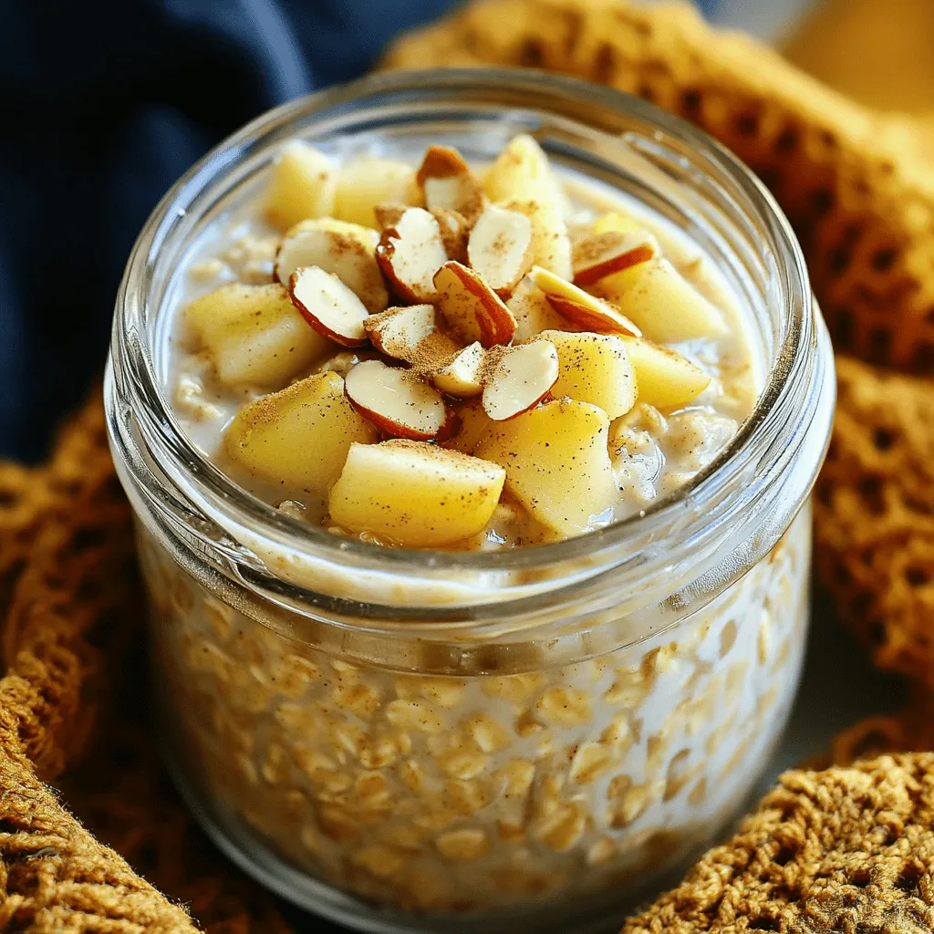 - 1 cup rolled oats - 1 ½ cups unsweetened almond milk (or your preferred milk) - 1 apple, diced - 1 teaspoon ground cinnamon - 1 tablespoon maple syrup (optional) - 1 tablespoon chia seeds - 1 teaspoon vanilla extract - Pinch of salt - Sliced almonds - Additional apple slices - Sprinkle of cinnamon To create Apple Cinnamon Overnight Oats, you'll need simple ingredients. Rolled oats form the base. They soak up the almond milk, creating a creamy texture. I love using unsweetened almond milk, but feel free to use any milk you prefer. Next is the apple. I suggest a sweet apple variety, like Fuji or Honeycrisp. Dicing the apple adds a nice crunch. Ground cinnamon gives warmth and spice. It pairs perfectly with the apple flavor. Chia seeds are a great addition. They help thicken the oats and add fiber. The vanilla extract adds a lovely aroma. A pinch of salt balances the sweetness, enhancing the dish. If you want a bit of extra sweetness, add maple syrup. It's optional but delicious. For toppings, I recommend sliced almonds for crunch. Additional apple slices give freshness. A sprinkle of cinnamon on top makes everything look pretty. This mix of flavors and textures makes Apple Cinnamon Overnight Oats a savory breakfast delight. You can find the Full Recipe above for detailed steps to create this breakfast treat. - In a mixing bowl or jar, combine 1 cup of rolled oats and 1 tablespoon of chia seeds. - Pour in 1 ½ cups of unsweetened almond milk. Next, add 1 diced apple, 1 teaspoon of ground cinnamon, 1 tablespoon of maple syrup (if you like it sweet), 1 teaspoon of vanilla extract, and a pinch of salt. - Stir all the ingredients together until they blend well. Make sure the oats are fully submerged in the almond milk. - Cover the bowl or jar with a lid or plastic wrap. Place it in your fridge overnight, or at least for 4 hours. This lets the oats soak up the liquid and soften nicely. - In the morning, give the oats a good stir. If they seem too thick, just add a splash more almond milk to loosen them up. - Divide the overnight oats into two bowls or jars. Top with sliced almonds, extra apple slices, and a sprinkle of cinnamon for added flavor and crunch. For the full recipe, check out the complete instructions above. Enjoy your delicious Apple Cinnamon Overnight Oats! Using the right milk makes a big difference. I love unsweetened almond milk for its light flavor. You can also try oat or coconut milk for unique tastes. Each milk adds its own twist. Soaking time is key too. Aim for at least four hours in the fridge. Overnight is best for soft and creamy oats. Maple syrup is a great choice for sweetness. It adds a nice flavor that pairs well with apple and cinnamon. If you prefer, honey or agave syrup work too. Adjust the sweetener to fit your taste. Start with a little, then add more if needed. Adding nuts or seeds brings a crunchy texture. I often use sliced almonds or walnuts. They add healthy fats and protein. You might also want to include dried fruits like raisins or cranberries. They give a sweet burst and extra flavor. Mixing these in makes your oats even more delicious. For the full recipe, check out Cozy Apple Cinnamon Overnight Oats. {{image_2}} You can easily change the flavor of your overnight oats. In fall, add pumpkin spice to bring warmth. Simply mix in a teaspoon of pumpkin pie spice. It gives a cozy taste that fits the season perfectly. During summer, swap in berries for a fresh twist. Use strawberries, blueberries, or raspberries. They add a bright flavor and a pop of color. Just mash them lightly before mixing in. If you want vegan options, use plant-based milk like almond or oat milk. You can also skip the maple syrup if you prefer less sugar. For gluten-free oats, make sure to choose certified gluten-free rolled oats. Want more protein? Add Greek yogurt to your oats. It makes them creamy and boosts the protein level. You can even mix in some nut butter for extra richness. You can also try other fruits. Bananas and pears work well in this recipe. Just chop them up and mix them in for new flavors. Mixing nut butters, like almond or peanut butter, adds richness too. It creates a satisfying breakfast that keeps you full. You can spread it on top or mix it right in. For the full recipe, check out the Cozy Apple Cinnamon Overnight Oats. Store your apple cinnamon overnight oats in the fridge. Use a jar or airtight container. This keeps the oats fresh and tasty. Make sure the lid seals well. You want to avoid spills or absorbing other smells from the fridge. Your oats will last about 3 to 5 days in the fridge. After that, they may spoil. Signs of spoilage include a sour smell or a change in color. If they look or smell off, it's best to throw them away. Yes, you can freeze overnight oats! Just place them in freezer-safe containers. Leave some space at the top because they will expand when frozen. When you're ready to eat, thaw them in the fridge overnight. To reheat, you can warm them in the microwave or on the stove. Add a splash of milk to loosen them up. Serve them with your favorite toppings for a warm treat. Enjoy this apple cinnamon delight anytime! For the full recipe, check out the Cozy Apple Cinnamon Overnight Oats section. You can keep your overnight oats in the fridge for up to five days. After that, they may lose their texture and flavor. Always check for any signs of spoilage. The oats should smell fresh and look good. If you see any mold, throw them out. Yes, you can easily make this recipe vegan. Use almond milk or any other plant-based milk. You can also skip the maple syrup if you want a lower-sugar option. This keeps the dish vegan and still delicious. Soaking the oats overnight is best for softening them. This process helps the oats absorb the liquid. It makes them creamy and easy to eat. If you don't soak them, they might be too hard and chewy in the morning. Yes, you can make a big batch for meal prep. Simply multiply the ingredients by how many servings you want. Store them in separate jars or containers. This way, you save time and have a quick breakfast ready all week long. Overnight oats offer many health benefits. They are high in fiber, which helps digestion. The oats provide energy and keep you full. Apples add vitamins and antioxidants. Chia seeds bring in omega-3s and protein, making this meal balanced and nutritious. You can easily change the flavors and textures. Try adding nuts like walnuts or almonds for crunch. Swap the apples for berries or bananas for a different taste. You can also use different spices like nutmeg or ginger to switch things up. Get creative and make it your own! In this blog post, we explored how to make delicious Apple Cinnamon Overnight Oats. We discussed the essential ingredients like oats and almond milk, plus tasty toppings. The step-by-step instructions made preparing your oats easy. I shared tips for creamy oats and various ways to adapt this recipe for your needs. Remember, overnight oats are flexible and can fit any diet. Enjoy experimenting with flavors and toppings to find your favorite mix. Your journey to healthier breakfasts starts here!