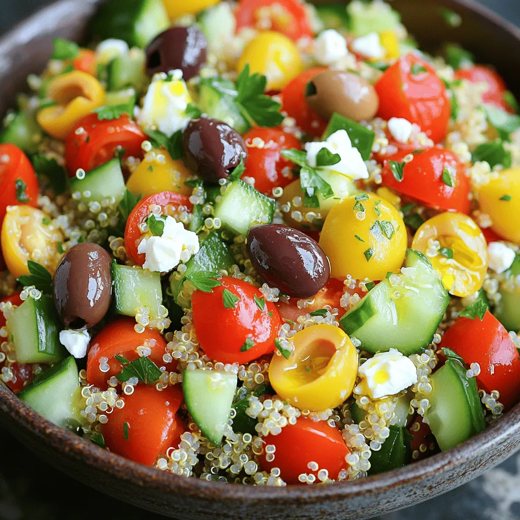 To make my Mediterranean quinoa salad, gather these fresh ingredients: - 1 cup quinoa, rinsed and drained - 2 cups vegetable broth or water - 1 cup cherry tomatoes, halved - 1 cucumber, diced - 1 bell pepper (red or yellow), diced - 1/2 red onion, finely chopped - 1/2 cup kalamata olives, pitted and halved - 1/2 cup feta cheese, crumbled (optional) - 1/4 cup fresh parsley, chopped - 1/4 cup olive oil - 3 tablespoons lemon juice - 1 teaspoon dried oregano - Salt and pepper to taste Having these ingredients ready makes the cooking easy. This recipe is colorful and full of flavor. You can find the full recipe above for step-by-step guidance. Using fresh herbs adds bright flavor to your salad. Fresh parsley gives a crisp taste. Dried oregano offers a warm, earthy note. If you have fresh herbs, use them! But dried herbs are great too. Just remember, dried herbs are stronger. Use less than fresh. If you have allergies, don't worry! You can swap some ingredients. For a gluten-free option, quinoa is safe. If you're dairy-free, skip the feta cheese. You can use avocado for creaminess instead. If olives are not your thing, try artichokes or sun-dried tomatoes. Cooking should fit your needs! First, rinse the quinoa. This helps remove a bitter coating. In a medium pot, bring 2 cups of vegetable broth or water to a boil. Add 1 cup of quinoa and reduce the heat to low. Cover the pot and let it simmer for about 15 minutes. The quinoa will absorb all the liquid. After 15 minutes, remove the pot from heat. Let it sit, covered, for another 5 minutes. This step helps the quinoa become fluffy. Use a fork to fluff the quinoa and let it cool. While the quinoa cools, prepare the vegetables. Start with 1 cup of cherry tomatoes. Halve each tomato and set them aside. Next, take 1 cucumber and dice it. Then, chop 1 bell pepper into small pieces. I like to use red or yellow for a pop of color. Finely chop 1/2 of a red onion. Add 1/2 cup of kalamata olives, pitted and halved. If you like cheese, crumble 1/2 cup of feta cheese. Finally, chop 1/4 cup of fresh parsley. Place all these ingredients in a large mixing bowl. Now it’s time to make the dressing. In a small bowl, whisk together 1/4 cup of olive oil and 3 tablespoons of lemon juice. Add 1 teaspoon of dried oregano, salt, and pepper to taste. Mix it well until everything combines. Once the quinoa is cool, add it to the large bowl with the vegetables. Pour the dressing over the quinoa and vegetables. Gently toss until everything is coated. Adjust the seasoning with more salt and pepper if needed. Cover the salad and refrigerate for at least 30 minutes. This lets the flavors blend. Enjoy this healthy dish! For more details, check the Full Recipe. To make fluffy quinoa, rinse it well before cooking. This step removes the bitter coating. Use a fine mesh strainer for this task. Next, use the right water-to-quinoa ratio. I recommend two cups of liquid for one cup of quinoa. Bring the water or broth to a boil, then lower the heat. Cover the pot and simmer it for about 15 minutes. After cooking, let it sit, covered, for five more minutes. Finally, fluff it gently with a fork. This will give you light and airy quinoa. For extra flavor, add fresh herbs like basil or mint. You can also use lemon zest for a bright touch. Try adding a sprinkle of smoked paprika for a warm note. If you love spice, a pinch of red pepper flakes works well. Mixing in toasted nuts or seeds adds a nice crunch. You can switch up the olives too. Try green olives for a different taste. Experiment with the dressing by adding a dash of mustard or honey for depth. Serve this salad chilled or at room temperature. It pairs well with grilled chicken or fish. You can also serve it with pita bread and hummus for a light meal. This salad brightens any table as a side dish. It’s great for potlucks or picnics. For a heartier meal, add chickpeas or roasted vegetables. If you want a creamy texture, top with more feta cheese. This salad is versatile and can fit any occasion. For the full recipe, check out the earlier section. {{image_2}} To make a vegan version of this salad, simply skip the feta cheese. This keeps the dish light while still being tasty. You can replace the feta with avocado for a creamy texture. You can also add more veggies, like spinach or arugula. The more colors you add, the more fun it is! If you want a grain-free meal, try using cauliflower rice. Just chop the cauliflower into small bits and pulse in a food processor. Lightly steam it or eat it raw. This makes a crunchy base for your salad. You can also use finely chopped zucchini or cucumber instead of quinoa. Changing the ingredients with the seasons keeps the salad fresh. In summer, add some sweet corn or fresh basil. In fall, try roasted butternut squash or apples. In winter, you can use pomegranate seeds for a pop of color. This way, you can enjoy a new flavor each time you make it. For the full recipe, check out Mediterranean Quinoa Salad. To keep your Mediterranean quinoa salad fresh, use an airtight container. Glass or plastic works fine. Make sure the salad is cooled before sealing it. This helps prevent moisture build-up. Store it in the fridge for the best taste. If you want to keep it longer, consider freezing the quinoa separately. You can enjoy this salad cold or at room temperature. If you prefer it warm, you can gently reheat it. Place the salad in a microwave-safe bowl. Heat it for about 30 seconds, then check if it’s warm enough. Stir it and heat for another 15 seconds if needed. Be careful not to overheat; it can change the flavors. The Mediterranean quinoa salad lasts around 3 to 5 days in the fridge. Keep an eye out for any signs of spoilage. If you notice any off smells or changes in texture, it's best to discard it. When frozen, the salad can last for about 2 months. Just remember to defrost it in the fridge overnight before eating. Yes, you can use other grains. Brown rice or farro work well. They add a nice texture, too. Just follow the cooking instructions for each grain. Each grain brings its own flavor. Quinoa is light and fluffy, while rice is chewy. Farro has a nutty taste. Choose what you like best! The salad keeps well for about three days. Store it in an airtight container to stay fresh. After a day, the flavors mix and become even better. However, if you add feta cheese, eat it within two days. This cheese can change texture over time. To make it a full meal, try adding protein. Grilled chicken or shrimp pairs nicely. You can also add chickpeas for a vegetarian option. Nuts give a crunch and boost nutrition. Toss in some avocado for creaminess. These add-ons make your salad filling and delicious. Check the Full Recipe for more ideas! This article covered how to make a delicious quinoa salad. We explored the right ingredients, including fresh herbs and allergen substitutes. I shared step-by-step cooking instructions to help you prepare quinoa and veggies. We discussed tips for a fluffy texture and flavor boosts. You also learned variations and how to store your salad properly. In summary, making this salad is simple and rewarding. Enjoy trying new ingredients and flavors to make it your own!