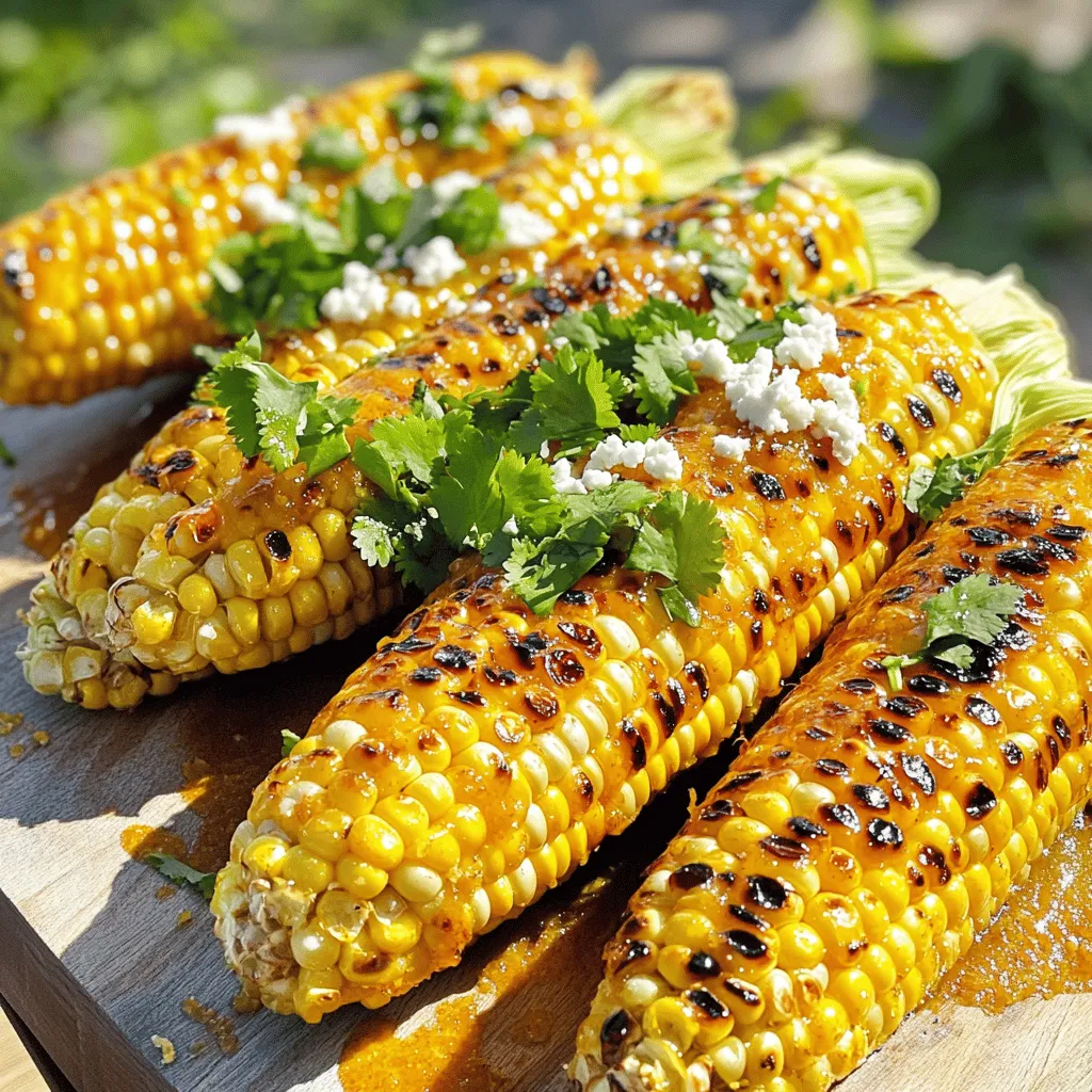 - 4 ears of fresh corn, husked - 2 tablespoons olive oil - 1 teaspoon chili powder - 1/2 teaspoon smoked paprika - 1/2 teaspoon garlic powder - Zest of 1 lime - Juice of 2 limes - Salt to taste - Fresh cilantro for garnish - Cotija cheese, crumbled (optional) Best types of corn for grilling Look for sweet corn varieties like Silver Queen or Sweet Jubilee. These types have plump kernels and great flavor. Freshness matters, so try to buy corn that is in season. How to select ripe limes Choose limes that are firm and heavy for their size. They should have a shiny skin with no soft spots. A ripe lime will give slightly when you squeeze it. Substitutes for Cotija cheese If you can't find Cotija, feta or queso fresco are great options. They provide a similar salty taste and crumbly texture. You can also skip cheese altogether for a dairy-free option. For the complete details on making this dish, check out the Full Recipe. 1. Prepping the corn and grill Start by husking your corn. Remove all the silk strands and rinse the ears well. Pat them dry with a towel. This step ensures the corn gets a nice char on the grill. Preheat your grill to medium-high heat, about 400°F. This temperature helps to get that perfect grilled flavor. 2. Making the chili lime mixture In a small bowl, mix together the olive oil, chili powder, smoked paprika, garlic powder, lime zest, lime juice, and salt. Whisk until everything combines well. This mixture gives the corn its tasty chili lime flavor. Set aside some mixture for basting while grilling. 1. Grilling techniques for perfect char Place the corn directly on the grill grates. Grill the corn for about 15-20 minutes. Turn it every 3-5 minutes. You want to see nice char marks on all sides. This method cooks the corn evenly and adds a smoky flavor. 2. Basting tips for enhanced flavor As the corn grills, use a brush to baste it with the reserved chili lime mixture. This step adds more flavor and keeps the corn moist. Don’t skip this part if you want that extra kick! 1. How to garnish for presentation Once the corn is done, remove it from the grill. Let it cool for a minute. Garnish with fresh cilantro for a pop of color. If you want, sprinkle some crumbled Cotija cheese on top. This adds a nice touch and creaminess. 2. Pairing ideas for sides and beverages Chili lime grilled corn pairs well with a fresh salad or grilled meats. It also goes great with limeade or a light beer. Enjoy your meal with friends and family for a perfect summer night! For the full recipe, you can check it out [here]. To get the best flavor from your corn, you need the right grill temperature. Aim for medium-high heat, around 400°F to 450°F. This heat gives the corn that nice char and keeps it juicy. When grilling, timing is key. Turn the corn every 3 to 5 minutes. This helps it cook evenly. You want all sides to get that golden brown look. Grill the corn for about 15 to 20 minutes. You can make the chili lime mixture even better by adding spices. Try a pinch of cayenne for heat. You can also mix in some cumin for extra flavor. If you want a twist, add fresh herbs like cilantro or parsley. To customize the heat level, simply adjust the chili powder. For mild flavor, use less chili powder. If you love spice, add more. This way, you can make it just right for you. For the best results, a gas or charcoal grill works well for corn. Both give great flavor and heat. If you want ease, consider a grill basket. This helps prevent pieces from falling through the grates. You also need some tools. A basting brush helps apply the chili lime mix while grilling. Tongs are great for flipping the corn. A good pair of heat-resistant gloves protects your hands while cooking. For the full recipe, check out the [Full Recipe]. {{image_2}} You can change the taste of your chili lime grilled corn with herbs. Try adding fresh basil or oregano. These herbs give a nice twist to the dish. If you want a cheesy flavor, use crumbled feta or Parmesan instead of Cotija. Each cheese adds its own unique flair. If you follow a vegan diet, you can swap out the cheese for a plant-based version. Nutritional yeast works well for a cheesy taste without dairy. For those who need gluten-free options, this recipe is already gluten-free. Just make sure all your ingredients are certified gluten-free. Corn is great on its own, but you can mix it with other grilled veggies. Try bell peppers, zucchini, or asparagus for added color and taste. You can also use seasonal herbs or spices that match the time of year. For example, fresh dill is great in summer, while rosemary can add warmth in fall. For the full recipe, check out the complete guide to chili lime grilled corn. To keep your grilled corn fresh, let it cool. Wrap each ear in plastic wrap. This helps keep moisture in. You can also use an airtight container. This keeps out air and prevents drying out. Reheat grilled corn on the grill for the best taste. Heat it on low for about 5 minutes. You can also use the microwave. Place corn on a plate and cover it with a damp paper towel. Heat for about 1-2 minutes. If you have leftovers, try cutting the corn off the cob. You can add it to salads, tacos, or soups. It adds a great kick to any meal. To freeze grilled corn, first cool it completely. Wrap each ear in aluminum foil. Place the wrapped corn in a freezer bag. Remove as much air as possible to prevent freezer burn. When you want to enjoy it again, thaw the corn in the fridge overnight. You can also run it under cold water. This method is quick and effective. The best corn for grilling is sweet corn. Look for fresh, plump ears with bright green husks. Kernels should be firm and milky when you pierce them. This type of corn gives great flavor and texture. Yes, you can prep the corn in advance. Husk the corn and mix the chili lime sauce ahead of time. Just keep them in the fridge until you grill. This saves time when you want to enjoy your meal. Corn is fully cooked when the kernels are tender and slightly charred. It should take about 15-20 minutes on the grill. Turn the corn every few minutes for even cooking. You can also pierce a kernel to check for tenderness. You can definitely make this recipe without a grill. You can use a stovetop grill pan or an oven. For the oven, set it to broil and cook the corn for the same time. Keep an eye on it to avoid burning. Serve the corn hot off the grill. You can sprinkle it with fresh cilantro and crumbled Cotija cheese for extra flavor. You can also squeeze more lime juice on top if you like. It makes a great side dish or snack. For the complete recipe, check out the Full Recipe. To summarize, we explored how to make delicious chili lime grilled corn. We discussed key ingredients, grilling techniques, and serving tips. You can enhance flavor with easy tweaks and creative substitutes. Remember, this dish is versatile and can fit any meal or event. Enjoy the fresh taste of grilled corn all year long. Happy grilling!
