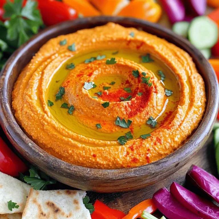 - 1 can (15 oz) chickpeas, drained and rinsed - 1 large roasted red pepper (jarred or homemade) - 3 tablespoons tahini - 2 tablespoons lemon juice - 2 cloves garlic, minced Roasted red pepper hummus is simple and fun to make. The main ingredients give it a rich flavor. Chickpeas form the base. They add creaminess and protein. Roasted red pepper brings sweetness and color. Tahini adds a nutty taste. Lemon juice gives it a fresh, zesty kick. Garlic rounds out the flavor with a nice bite. - 2 tablespoons olive oil - 1 teaspoon ground cumin - Salt to taste - Fresh parsley (for garnish) - Paprika (for garnish) Garnishes can elevate your hummus. A drizzle of olive oil makes it shiny and rich. Paprika adds color and a slight spice. Fresh parsley adds a pop of green and freshness. These are small touches that make a big difference. - Food processor - Measuring spoons and cups - Serving bowl You will need a few tools to prepare this dish. A food processor blends the ingredients smoothly. Measuring spoons and cups help ensure accurate amounts. A serving bowl presents your hummus beautifully. Use these tools to create a tasty and inviting dish. For the full recipe, check out the detailed instructions I provided. It will guide you step by step. Enjoy your cooking! - Drain and rinse chickpeas. - Prepare roasted red pepper. First, start by draining and rinsing one can of chickpeas. This step helps remove excess salt and makes the hummus smoother. Next, you need a roasted red pepper. You can use one from a jar or roast your own. If you choose to roast your own, simply place the pepper over a flame until the skin is charred. Once cooled, peel off the skin and remove the seeds. - Combine all ingredients in the food processor. - Adjust consistency with water. Now, place the drained chickpeas in a food processor. Add the roasted red pepper, three tablespoons of tahini, two tablespoons of lemon juice, two minced garlic cloves, two tablespoons of olive oil, and one teaspoon of ground cumin. Blend the mixture until it is smooth. If the hummus is too thick, add water one tablespoon at a time until you get the right consistency. - Taste and season as needed. - Transfer to serving bowl and garnish. After blending, taste your hummus. Adjust the flavor by adding more salt or lemon juice if you like. Once you’re happy with the taste, transfer the hummus to a serving bowl. For a lovely finish, drizzle a little olive oil on top. Then, sprinkle some paprika and fresh parsley for garnish. This will make your roasted red pepper hummus look as good as it tastes! To make your hummus creamy, start with the right chickpeas. Use canned chickpeas for ease. Blend them well with tahini and olive oil. This creates a smooth base. If your hummus feels thick, add water. Do this slowly, one tablespoon at a time. Blend after each addition. Aim for a consistency that is light yet spreadable. Boost the taste of your hummus by trying different spices. Ground cumin adds warmth, while smoked paprika gives a nice twist. You can also add a pinch of cayenne for heat. Don’t hesitate to get creative! Try adding roasted garlic or a splash of balsamic vinegar. These unique ingredients can take your hummus to a new level. Serve your roasted red pepper hummus with crunchy veggies. Carrots, cucumbers, and bell peppers work great. Pita chips or warm pita bread are also perfect. For a fun twist, use it as a spread on sandwiches. You can even create a hummus platter with assorted dips. This turns any meal into a festive occasion. For more detailed instructions, check out the Full Recipe. {{image_2}} You can change the taste of your roasted red pepper hummus easily. One fun option is spicy roasted red pepper hummus. To make this, add a pinch of cayenne pepper or some diced jalapeños. This will give your hummus a nice kick! Another idea is herb-infused hummus. Simply mix in fresh herbs like basil or cilantro. This adds a fresh taste that brightens the dish. If you have dietary needs, don’t worry! You can make nut-free hummus by skipping tahini. Use sunflower seed butter instead. This keeps it creamy and tasty. For those watching salt intake, try low-sodium chickpeas. Rinse canned chickpeas well to lower sodium levels. You can also use low-sodium garlic powder for flavor without the salt. You can swap ingredients for a new twist. Instead of chickpeas, try white beans or black beans. Each bean offers a unique texture and flavor. If you don’t have tahini, use plain yogurt. This keeps the hummus smooth and adds a tangy taste. For the full recipe, visit the [Full Recipe]. Store your homemade roasted red pepper hummus in an airtight container. This keeps it fresh and tasty. Place it in the fridge right after making it. It will stay good for about a week. If you want to keep hummus longer, freezing is a great option. Scoop it into a freezer-safe container and seal it tightly. Leave some space at the top to allow for expansion as it freezes. Homemade hummus lasts about 5 to 7 days in the fridge. If frozen, it can last up to three months. Always check for signs of spoilage. If you see mold or an off smell, it's time to toss it. A change in texture can also mean it’s no longer safe to eat. When you're ready to use frozen hummus, move it to the fridge for a slow thaw. This takes about 8 hours. For faster thawing, you can warm it in the microwave for short intervals. After thawing, it may look a bit separated. Simply re-blend it in the food processor until smooth. This keeps your hummus creamy and delicious, just like the Full Recipe describes. To make hummus from scratch, you need a few basic steps and ingredients. First, gather your ingredients: - 1 can (15 oz) chickpeas, drained and rinsed - 1 large roasted red pepper (jarred or homemade) - 3 tablespoons tahini - 2 tablespoons lemon juice - 2 cloves garlic, minced - 2 tablespoons olive oil - 1 teaspoon ground cumin - Salt to taste - Water (as needed for consistency) Start by adding the chickpeas, roasted red pepper, tahini, lemon juice, garlic, olive oil, cumin, and salt into a food processor. Blend until smooth. If it’s too thick, add water a little at a time until you get the right texture. Taste and adjust the salt and lemon juice as needed. Yes, you can use canned chickpeas. Canned chickpeas save time and work well in hummus. They are already cooked, so you can skip the soaking and boiling steps. Just drain and rinse them to remove excess sodium and additives. This makes it easy to whip up hummus fast. The best way to serve red pepper hummus is with an array of fresh veggies, pita chips, or warm pita bread. Arrange them around the hummus for a colorful display. You can also serve it with crackers or spread it on sandwiches. Drizzle a bit of olive oil on top and sprinkle some paprika and parsley for a nice touch. For detailed instructions, check out the Full Recipe of Fiery Roasted Red Pepper Hummus. Roasted red pepper hummus is simple to make and full of flavor. We covered the main ingredients, tools, and step-by-step instructions to help you succeed. With tips for perfect texture and creative variations, you can enjoy this dish in many ways. Remember to store your hummus properly for the best freshness. Try it with your favorite snacks or dishes for a tasty boost. Enjoy your hummus journey!