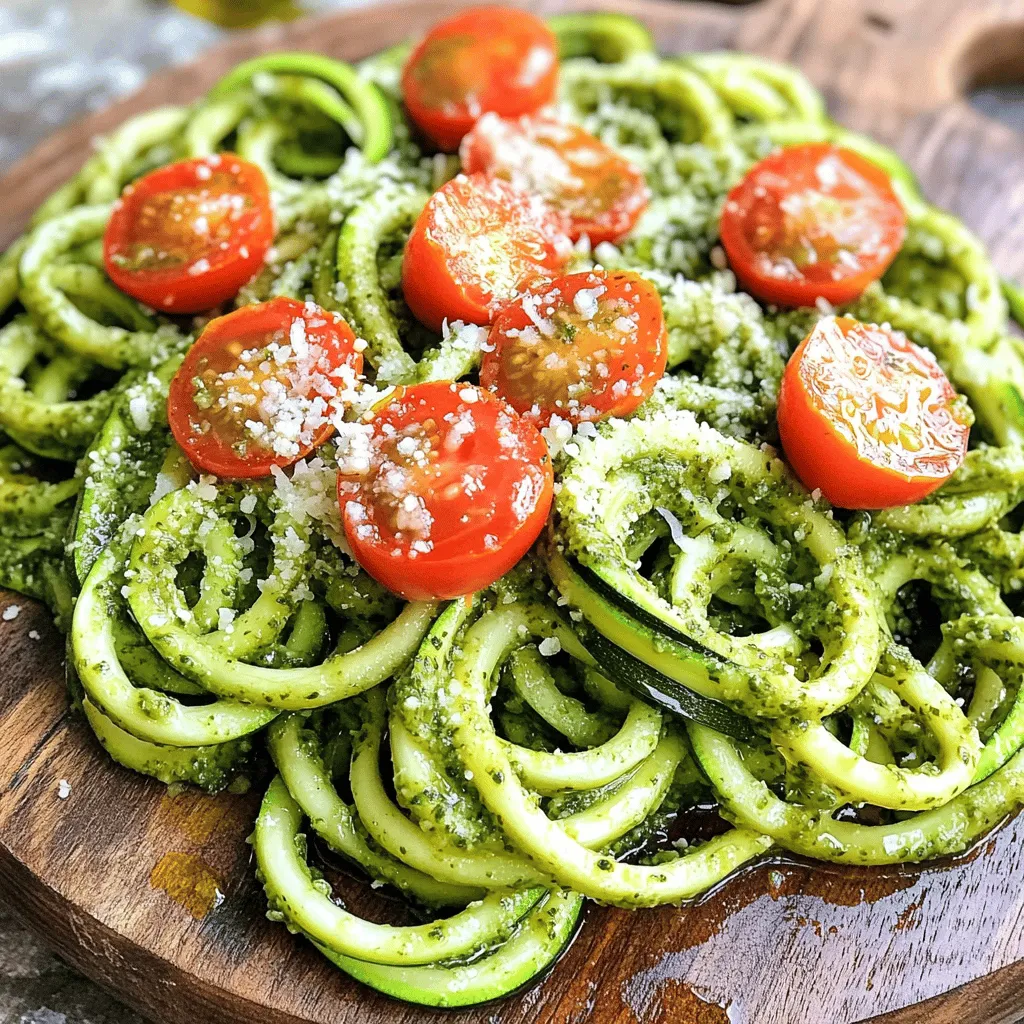 - 4 medium zucchinis - 1 cup fresh basil leaves - 1/4 cup grated Parmesan cheese - 1/4 cup pine nuts (lightly toasted) - 2 cloves garlic, minced - 1/4 cup extra virgin olive oil - Salt and pepper to taste - Cherry tomatoes, halved - Extra Parmesan for serving - Crushed red pepper flakes (optional) To start, you need fresh zucchinis for this dish. They give a nice crunch and flavor. Next, grab some bright green basil leaves. Fresh basil adds a fragrant taste that pairs perfectly with the cheese. Parmesan cheese brings a salty, nutty flavor that really shines. Don't forget the pine nuts! Lightly toasting them brings out their rich flavor. Minced garlic adds depth and warmth to the pesto. Extra virgin olive oil is a must for smoothness in the sauce. For garnish, I love using cherry tomatoes. They add color and a burst of sweetness. Don't skip the extra Parmesan; it makes a big difference. If you like heat, crushed red pepper flakes add a nice kick. This dish is not only light but also packed with flavor. You can find the full recipe at the end of this article. Enjoy creating this simple yet delicious meal! To start, you need to make the zucchini noodles. You can use a spiralizer or a vegetable peeler. If you have a spiralizer, it creates long, curly noodles. If using a peeler, make thin strips that look like fettuccine. Once you have your noodles ready, let them sit in a colander. This step helps drain the extra moisture. Too much water can make your dish soggy. Now, let's make the pesto. Grab your food processor and add the fresh basil leaves, toasted pine nuts, minced garlic, and grated Parmesan cheese. Pulse these ingredients together until they are finely chopped. While the processor runs, slowly pour in the olive oil. This helps everything blend together. You want a smooth and creamy texture. Don’t forget to taste and add salt and pepper as needed. Next, it’s time to cook the zucchini noodles. Heat a tablespoon of olive oil in a large skillet over medium heat. Add the zucchini noodles and sauté for about 3 to 4 minutes. You want them tender but still firm, called al dente. Be careful not to overcook them, or they will turn mushy. Once the noodles are cooked, take the skillet off the heat. Add your freshly made pesto to the zucchini noodles. Toss everything gently until the noodles are well-coated. Now, it's time to plate your dish. Serve the pesto zucchini noodles with halved cherry tomatoes on top. Finish with a sprinkle of extra Parmesan cheese and crushed red pepper flakes for a kick. Enjoy your light and flavorful meal! For the full recipe, be sure to check the recipe section of the article. To make great pesto, the right basil is key. Use fresh basil with bright green leaves. Avoid any that look wilted or brown. The flavor of fresh basil shines in the dish. Toasting pine nuts adds depth to your pesto. Place them in a dry skillet over low heat. Stir them frequently until golden brown. This simple step boosts the nutty flavor. Preventing sogginess in zucchini noodles is vital. After spiralizing, let them drain in a colander. You can also pat them dry with paper towels. This keeps your dish from turning watery. Season your zucchini noodles well. A little salt enhances their natural flavor. Add pepper for a bit of spice. A light drizzle of olive oil can bring everything together. Pair pesto parmesan zucchini noodles with grilled chicken or shrimp. These proteins add substance to the meal. You can also serve them with crusty bread for a complete dinner. For presentation, twirl the noodles into a nest on the plate. Top with cherry tomatoes for color. A sprinkle of extra Parmesan adds flair. Consider adding crushed red pepper for an extra kick. {{image_2}} You can easily add proteins to your pesto Parmesan zucchini noodles. Grilled chicken or shrimp works great. Just cook them separately and mix them in. If you prefer a vegetarian option, try tofu. Tofu adds a nice texture and absorbs the pesto flavor well. To change up the flavor, think about using different nuts in your pesto. Walnuts or cashews can add a unique taste. You can also try adding other herbs like parsley or cilantro. This twist keeps the dish fresh and fun every time you make it. If you need gluten-free options, this dish is already gluten-free! Just check the pesto ingredients. For vegan substitutions, replace Parmesan cheese with nutritional yeast. This keeps the cheesy flavor without dairy. You can also use a plant-based protein to ensure a complete meal. For the Full Recipe, check out the complete details to create this tasty dish! To keep your Pesto Parmesan Zucchini Noodles fresh, store them in an airtight container. This method helps prevent moisture and keeps flavors intact. Place the container in the fridge after they cool down. They last about 2-3 days. You can freeze zucchini noodles if you want to save them for later. Lay them flat on a baking sheet and freeze until firm. After that, transfer them to a freezer bag. They can last up to 3 months in the freezer. For the pesto, store it separately in a small jar. This keeps it fresh and easy to use later. When it's time to enjoy your leftovers, use gentle heat. The best method is to warm them in a skillet over low heat. This keeps the noodles from getting mushy. Stir often and add a bit of olive oil if needed. Avoid microwaving, as it can overcook the noodles. Zucchini noodles are low in calories and carbs. They are full of vitamins A and C. Eating them can help with digestion due to their fiber. They also provide hydration since zucchinis are mostly water. Plus, they are gluten-free, making them a great choice for many diets. You can use a vegetable peeler to create flat strips. Just slice the zucchini lengthwise into thin sheets. Then, stack and cut them into noodles. You can also use a box grater to shred the zucchini into noodle-like strands. This way, you still enjoy a great texture. Yes, you can eat them raw! Raw zucchini noodles are crunchy and refreshing. They make a great base for salads. Just toss them with your favorite dressing. You can even add some sliced veggies for extra crunch. To boost your pesto flavor, try adding more garlic or lemon juice. A pinch of salt can make a big difference, too. You can also mix in different nuts, like walnuts or almonds. These changes can give your pesto a unique twist. Some tasty side dishes include grilled vegetables or a fresh salad. Roasted cherry tomatoes pair well, too. You might also try garlic bread or a light soup. These options will enhance your meal and keep it light. You can find the full recipe for Pesto Parmesan Zucchini Noodles in the earlier sections of this article. Just check the recipe part for all the details. This post covered how to make tasty Pesto Parmesan Zucchini Noodles. You learned about the key ingredients, step-by-step cooking steps, and helpful tips. We also looked at variations, storage info, and answered common questions. These noodles are healthy and fun to make. You can easily adapt them to your taste. Enjoy experimenting with recipes and serving them to friends and family!