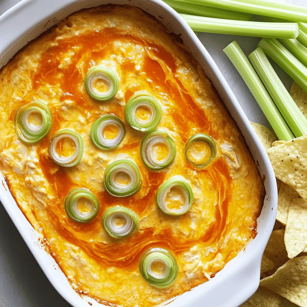 To make a great Buffalo Chicken Dip, you need a few key ingredients. Here’s what you will need: - 2 cups shredded cooked chicken (preferably rotisserie) - 1 cup cream cheese, softened - 1 cup ranch dressing - 1 cup Buffalo sauce - 1 cup shredded cheddar cheese - ½ cup crumbled blue cheese (optional) - 2 green onions, sliced (for garnish) - Tortilla chips or celery sticks (for serving) These ingredients come together to create a rich and creamy dip with a zesty kick. The rotisserie chicken adds great flavor and saves time. Softened cream cheese helps make the dip creamy and smooth. Ranch dressing balances the heat from the Buffalo sauce. Cheddar cheese melts beautifully and gives a nice texture. You can customize the dip to your taste. If you love blue cheese, add the crumbled blue cheese for a sharp flavor. If you prefer a milder dip, use less Buffalo sauce. You can also swap ranch dressing with bleu cheese dressing for a different twist. Gather these ingredients, and you're ready to make a delicious Buffalo Chicken Dip that will wow your guests! For the full recipe, check out the complete instructions to create this tasty snack. - Prepping the ingredients: First, gather all your ingredients. You will need 2 cups of shredded chicken, 1 cup of softened cream cheese, 1 cup of ranch dressing, and 1 cup of Buffalo sauce. Also, have 1 cup of shredded cheddar cheese and ½ cup of crumbled blue cheese (if you like it). Lastly, get 2 green onions for garnish and tortilla chips or celery sticks for serving. - Mixing the components: In a large mixing bowl, combine the softened cream cheese, ranch dressing, and Buffalo sauce. Mix them well until smooth and creamy. Then, add the shredded chicken, shredded cheddar cheese, and blue cheese if you want that extra flavor. Stir everything until well combined. - Baking instructions and tips for best results: Preheat your oven to 350°F (175°C). Transfer the mixture into a baking dish. Spread it evenly in the dish. Bake for 20 to 25 minutes, until the dip is bubbly and heated through. Once done, take it out and let it cool for a few minutes. Top with sliced green onions for a pop of color. Serve with tortilla chips or celery sticks for dipping. Enjoy your delicious Buffalo Chicken Dip! For the full recipe, you can check out the details above. - Importance of ingredient quality: Always choose fresh and high-quality ingredients. Fresh chicken makes the dip taste better. Use real cream cheese for a creamy texture. This choice enhances flavor and makes a big difference. - Achieving the right consistency: You want your dip creamy, not too thick or runny. Mix the cream cheese and ranch dressing well until smooth. Add the chicken and cheese slowly. This helps blend everything evenly, giving you that perfect dip. - Common mistakes to avoid: Don’t skip the baking step. This helps the flavors meld and the dip heat evenly. Also, be careful not to overbake. You want it bubbly, not burnt. Lastly, resist the urge to use low-fat products; they can alter the taste and texture. For the full recipe, check out the detailed steps above. Enjoy making this tasty dip! {{image_2}} Buffalo chicken dip is super versatile. You can change it up to fit your taste. - Spicy and mild variations: If you love heat, add more Buffalo sauce or use hot sauce. For a milder dip, use less sauce or opt for a mild version. You can also mix in sweet chili sauce for a fun twist. - Vegetarian or vegan adaptations: Want a meat-free option? Swap the chicken for shredded jackfruit or chickpeas. Use vegan cream cheese and a dairy-free ranch dressing. This gives you a tasty, plant-based dip. - Ingredient substitutions: You can play with the ingredients. If you don’t like blue cheese, skip it. Try adding different types of cheese, like pepper jack for extra spice or mozzarella for a creamy texture. You can even mix in veggies like spinach or artichokes for added flavor and nutrients. These variations keep the dip exciting for all your guests. You can find the full recipe above to get started with your base dip. You can easily store Buffalo chicken dip to enjoy later. Here are some simple tips. - Refrigeration tips: First, let the dip cool down after baking. Then, place it in an airtight container. It will last in the fridge for about 3 to 5 days. Always cover it well to keep it fresh. - Freezing instructions: If you want to keep it longer, freezing is a great option. Use a freezer-safe container or a heavy-duty freezer bag. Make sure to remove as much air as possible. It can stay good for up to 3 months. When you’re ready to eat, thaw it in the fridge overnight. - Reheating methods for leftovers: To reheat, you have a few options. You can use the microwave for a quick fix. Heat it in short bursts, stirring in between. For a better texture, use the oven. Preheat it to 350°F (175°C) and heat for about 15-20 minutes. This way, it gets warm and bubbly again. Follow these steps to keep your Buffalo chicken dip tasty for days! For the full recipe, check the complete guide above. Can I make Buffalo Chicken Dip ahead of time? Yes, you can make Buffalo Chicken Dip ahead of time. Just prepare it and store it in the fridge. When you are ready to serve, bake it as directed. This saves you time during your party. What can I serve with Buffalo Chicken Dip? You can serve Buffalo Chicken Dip with many tasty options. Tortilla chips are a classic choice. Celery sticks add a nice crunch. You could also use sliced bell peppers, pita chips, or even crackers. Each option adds its own twist to the dip. How long does Buffalo Chicken Dip last? Buffalo Chicken Dip lasts about 3 to 4 days in the fridge. Store it in an airtight container. If you want to keep it longer, you can freeze it. It will stay good for up to 2 months in the freezer. Just thaw it before reheating. For the full recipe, check out the detailed instructions. Buffalo chicken dip is a simple, tasty dish anyone can enjoy. In this post, I shared key ingredients, easy steps, and expert tips for success. You can customize it to fit your taste and even make it vegan! Proper storage helps you enjoy leftovers later. Remember, this dip is fun for parties or snacks. Making it right will impress your friends and family. Keep trying new variations, and don’t hesitate to experiment. Enjoy your delicious creation!
