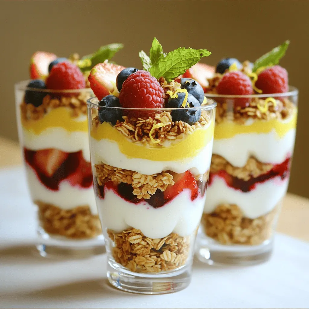 To make Lemon Berry Yogurt Parfaits, you'll need: - 2 cups Greek yogurt (plain or vanilla flavored) - 1/4 cup honey or maple syrup - Zest of 1 lemon - 1 tablespoon lemon juice - 2 cups mixed berries (strawberries, blueberries, raspberries) - 1 cup granola (your choice) - Fresh mint leaves for garnish You can adjust the ingredients based on your taste. If you want a sweeter parfait, add more honey or maple syrup. For the yogurt, any thick variety works well. You can also try dairy-free yogurt for a vegan option. If you don’t have mixed berries, use just one type or any fruit you like. Granola can vary too; try nuts or seeds for a different crunch. Each serving of Lemon Berry Yogurt Parfaits has about: - Calories: 250 - Protein: 12g - Fat: 5g - Carbohydrates: 40g - Fiber: 3g - Sugar: 15g These parfaits are a great mix of protein and fruit. They are perfect for breakfast or a light dessert. You get a good balance of flavors and textures. Enjoy the sweet tartness of lemon with the fresh taste of berries. For the full recipe, check out the provided details above. First, gather your ingredients. You will need Greek yogurt, honey or maple syrup, lemon zest, lemon juice, mixed berries, granola, and fresh mint leaves. Next, take a mixing bowl. Add the Greek yogurt, honey (or maple syrup), lemon zest, and lemon juice. Stir this mixture until it is smooth and well combined. This step is key. The lemon adds a bright taste that pairs well with the berries. Now, grab your serving glasses or bowls. Start by adding a spoonful of the lemon yogurt mixture to each glass. This forms the first layer. Next, add a layer of mixed berries on top of the yogurt. You can use strawberries, blueberries, or raspberries. The colors will pop and look beautiful. Then, sprinkle a layer of granola on top. Repeat these layers until you fill the glasses. Finish with a layer of berries and a sprinkle of granola. For a nice touch, garnish each parfait with fresh mint leaves. Once you finish layering, it’s time to chill the parfaits. Place them in the refrigerator for about 30 minutes. This helps the flavors blend together nicely. When you are ready to serve, take them out and enjoy! The parfaits are best served cold. Use clear glasses to show off the lovely layers. These parfaits make a perfect light dessert or a tasty breakfast. For the full recipe, you can refer to the earlier section. To make your parfaits burst with flavor, use fresh ingredients. Choose ripe berries for the best taste. You can mix different berries for a fun twist. I like to add a pinch of salt to the yogurt mix. This small touch brings out the sweetness. Also, consider adding a splash of vanilla extract. It adds warmth and depth to each bite. Presentation matters! Use clear glasses or bowls to show off the layers. The bright colors of the berries and the creamy yogurt look amazing together. Layer your parfaits carefully. Start with yogurt, then berries, and finish with granola. This way, each layer stays visible. For a final touch, add fresh mint leaves on top. They give a pop of color and a fresh aroma. Serve your Lemon Berry Yogurt Parfaits chilled for a refreshing snack or dessert. They work great for breakfast too. You can pair them with a warm drink like tea or coffee. If hosting, make mini parfaits in small glasses. This way, guests can enjoy a bite-sized treat. You can also serve them at a brunch gathering. These parfaits look elegant and are easy to share. For the full recipe, check out the details above! {{image_2}} You can switch up the fruits in your parfait. Try different berries like blackberries or cherries. You can also use tropical fruits, like mango or pineapple. These fruits add new flavors and colors. Mix and match to find your favorite combo. Each fruit brings a unique taste and texture. Greek yogurt is great, but you have other choices too. You can use regular yogurt for a lighter feel. For a dairy-free option, try coconut yogurt or almond yogurt. These alternatives can change the taste while keeping it creamy. Each yogurt offers its own special flavor to the parfait. Granola adds crunch, but you can swap it out. Use crushed nuts for a protein boost. Oats can also work if you want a different texture. For a sweeter touch, try crumbled cookies or cereal. Just remember to keep the balance of flavors right. Each crunchy layer makes your parfait exciting. For the full recipe, check out the Lemon Berry Yogurt Parfaits recipe. To store leftover parfaits, cover them tightly. You can use plastic wrap or a lid. This keeps them fresh in the fridge. I recommend eating them within two days for the best taste. If you see any liquid, that means the yogurt has started to separate. Just stir it back together before serving. Lemon berry yogurt parfaits last about three days in the fridge. If you want to freeze them, do so without the granola. The granola can get soggy when thawed. To freeze, spoon the yogurt and berries into airtight containers. They will stay good for up to a month in the freezer. When you're ready to eat, thaw them overnight in the fridge. If your parfaits are frozen, let them thaw before enjoying. You can layer fresh granola on top just before serving. This keeps it crunchy and tasty. If you want to add some flair, sprinkle extra berries or mint leaves on top. This will make your parfaits look fresh and inviting. For the full recipe, check out the main article. To make your parfaits vegan, use plant-based yogurt. Almond, coconut, or soy yogurt works well. Replace honey with maple syrup or agave. These swaps keep the taste delicious while meeting vegan needs. You can still enjoy the lemon zest and juice for flavor. Yes, you can use frozen berries. They are great for parfaits. Just thaw them before layering. This helps them mix well with yogurt. Keep in mind that frozen berries may be softer. They can add a nice twist to your parfait. Greek yogurt is the best choice for parfaits. It is thick and creamy. You can use plain or vanilla-flavored yogurt. If you want a dairy-free option, try coconut or almond yogurt. Both can give a nice taste and texture. Homemade parfaits last about three days in the fridge. Keep them covered to stay fresh. If you make extra, store the granola separately to keep it crunchy. Just layer it when you are ready to eat. Enjoy your lemon berry yogurt parfaits! In this article, I shared the key ingredients and steps for making delicious Lemon Berry Yogurt Parfaits. We explored how to layer the parfaits and enhance their taste. I also provided tips on storing, serving, and delicious variations to try. Lemon Berry Yogurt Parfaits are fun and easy to make. Use fresh or frozen fruits, and feel free to switch up the yogurt and granola. Enjoy your creation and share it with others. You’ll love the fresh flavors!