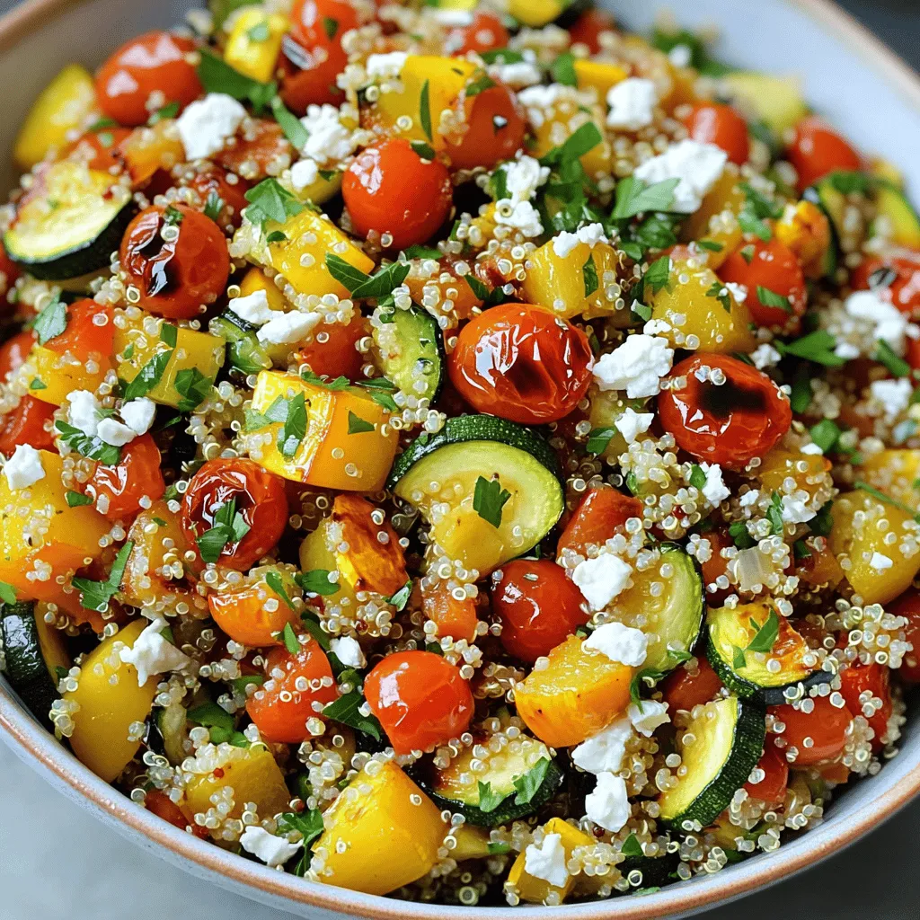 This salad has vibrant colors and bold flavors. Here are the key ingredients: - 1 cup quinoa, rinsed - 2 cups vegetable broth or water - 1 red bell pepper, diced - 1 zucchini, sliced - 1 yellow squash, sliced - 1 cup cherry tomatoes, halved - 1 red onion, chopped - 3 tablespoons olive oil - 1 teaspoon garlic powder - 1 teaspoon smoked paprika - Salt and pepper to taste These ingredients create a base for your salad. Quinoa provides protein and fiber. The veggies add nutrients and crunch. You can customize your salad with these optional items: - 1/4 cup feta cheese, crumbled - Fresh parsley, chopped (for garnish) - 2 tablespoons balsamic vinegar (for dressing) Feta cheese adds creaminess. Fresh parsley gives a nice touch. Balsamic vinegar ties everything together with a tangy flavor. Each ingredient brings health benefits: - Quinoa: High in protein and gluten-free. - Vegetable broth: Low in calories and adds flavor. - Red bell pepper: Full of vitamin C and antioxidants. - Zucchini: Low in calories and high in water content. - Yellow squash: Rich in vitamins A and C. - Cherry tomatoes: Packed with lycopene, a powerful antioxidant. - Red onion: Contains quercetin, which may reduce inflammation. - Olive oil: Offers healthy fats and supports heart health. - Garlic powder: May boost the immune system. - Smoked paprika: Adds flavor without extra salt. These ingredients work together to make a wholesome and tasty salad. For the full recipe, check the details above. Start by rinsing one cup of quinoa under cold water. This helps remove any bitter taste. Next, place the quinoa in a medium saucepan. Add two cups of vegetable broth or water. Bring it to a boil over high heat. Once it boils, reduce the heat to low. Cover the pot and let it simmer for about 15 minutes. When done, the quinoa should be fluffy. Remove it from heat and let it sit, covered, for five more minutes. After that, fluff the quinoa with a fork to make it light. While the quinoa cooks, preheat your oven to 400°F (200°C). Take a baking sheet and spread out your diced red bell pepper, sliced zucchini, sliced yellow squash, halved cherry tomatoes, and chopped red onion. Drizzle three tablespoons of olive oil over the veggies. Sprinkle one teaspoon of garlic powder, one teaspoon of smoked paprika, salt, and pepper to taste. Toss the vegetables to coat them evenly with the oil and spices. Roast in the oven for 20 to 25 minutes. Stir halfway through for even cooking. They should be tender and caramelized when done. Once the quinoa and vegetables are ready, it's time to combine them. In a large bowl, add the cooked quinoa. Then, add your roasted vegetables. Drizzle two tablespoons of balsamic vinegar over the mix. Toss everything gently to combine the flavors. If you want, sprinkle 1/4 cup of crumbled feta cheese on top. Fold it in carefully. Finish by adding some chopped fresh parsley for a bright touch. You can find the full recipe above for detailed steps. To cook perfect quinoa, rinse it well before cooking. This removes the bitter coating. Use two cups of broth or water for every cup of quinoa. Bring it to a boil, then lower the heat. Cover the pot and let it simmer for 15 minutes. After cooking, let it sit for five minutes. Fluff it with a fork for the best texture. Roasting brings out the best flavor in vegetables. Cut them into even pieces for uniform cooking. Use a large baking sheet to avoid crowding. Drizzle olive oil and sprinkle spices evenly. Stir the veggies halfway through cooking. This helps them roast evenly. Roast until they are soft and slightly browned, about 20-25 minutes. Balsamic vinegar adds a nice tang to the salad. You can mix it with olive oil for a simple dressing. Try adding lemon juice or honey for a twist. Fresh herbs like basil or mint can brighten the dish. For extra creaminess, crumbled feta cheese works well. Explore different dressings to suit your taste. You can find the full recipe for Roasted Vegetable Quinoa Salad [here](#). {{image_2}} This salad is a great fit for both vegetarians and vegans. You can easily skip the feta cheese to make it vegan. The salad still tastes great without it. If you want a creamy touch, try adding avocado instead. It gives a rich flavor and smooth texture. Vegan dressings made with tahini or cashew cream work well too. They add depth and keep it plant-based. Good news! Quinoa is already gluten-free. Just make sure your vegetable broth is gluten-free too. You can also use other grains like millet or brown rice. These grains are gluten-free and nutritious. They will give you a different taste and texture. Try mixing different grains for a fun twist. Using seasonal veggies can change the flavor and feel of your salad. In spring, add asparagus or peas for a fresh taste. Summer is perfect for corn or bell peppers. In fall, think about using roasted sweet potatoes or Brussels sprouts. Winter brings hearty options like carrots or root veggies. You can mix and match to keep it exciting and fresh. For the full recipe, check out the earlier section. To keep your roasted vegetable quinoa salad fresh, place it in an airtight container. Store it in the refrigerator. It stays best for up to three days. The flavors will meld over time, making it even tastier. Just make sure it is cool before sealing the container. You can freeze this salad, but some veggies may change texture. To freeze, place the salad in a freezer-safe bag or container. Remove as much air as possible. It can last up to three months in the freezer. When you want to eat it, thaw it in the fridge overnight. To reheat, use the microwave for quick warming. Heat on low power in short bursts. Stir in between to avoid hot spots. If you prefer, you can also warm it in a skillet over low heat. Add a splash of vegetable broth or water to keep it moist. This salad is best served warm or at room temperature. For the full recipe, check out the complete guide. The salad lasts about 3 to 5 days in the fridge. Store it in an airtight container. This keeps it fresh and tasty. The flavors will mix over time, making it even better. Yes, you can make this salad ahead of time. It tastes great cold or at room temperature. Just prepare the quinoa and roast the veggies. Mix everything together when you’re ready to eat. This makes it easy for meal prep. If you want a feta substitute, try goat cheese or tofu. These options add a creamy touch. You can also skip cheese for a lighter dish. It still tastes delicious without it. For a different flavor, add nuts or seeds. They add crunch and protein. For the complete recipe, check out the Full Recipe section. This roasted vegetable quinoa salad is easy to make and full of flavor. We learned about important ingredients and how they boost nutrition. The step-by-step guide helps you prepare, roast, and blend everything perfectly. I shared tips for cooking great quinoa and roasting veggies just right. Variations let you adapt the salad to fit your needs, and proper storage keeps it fresh. In the end, this dish is tasty, simple, and good for you. Enjoy your cooking!