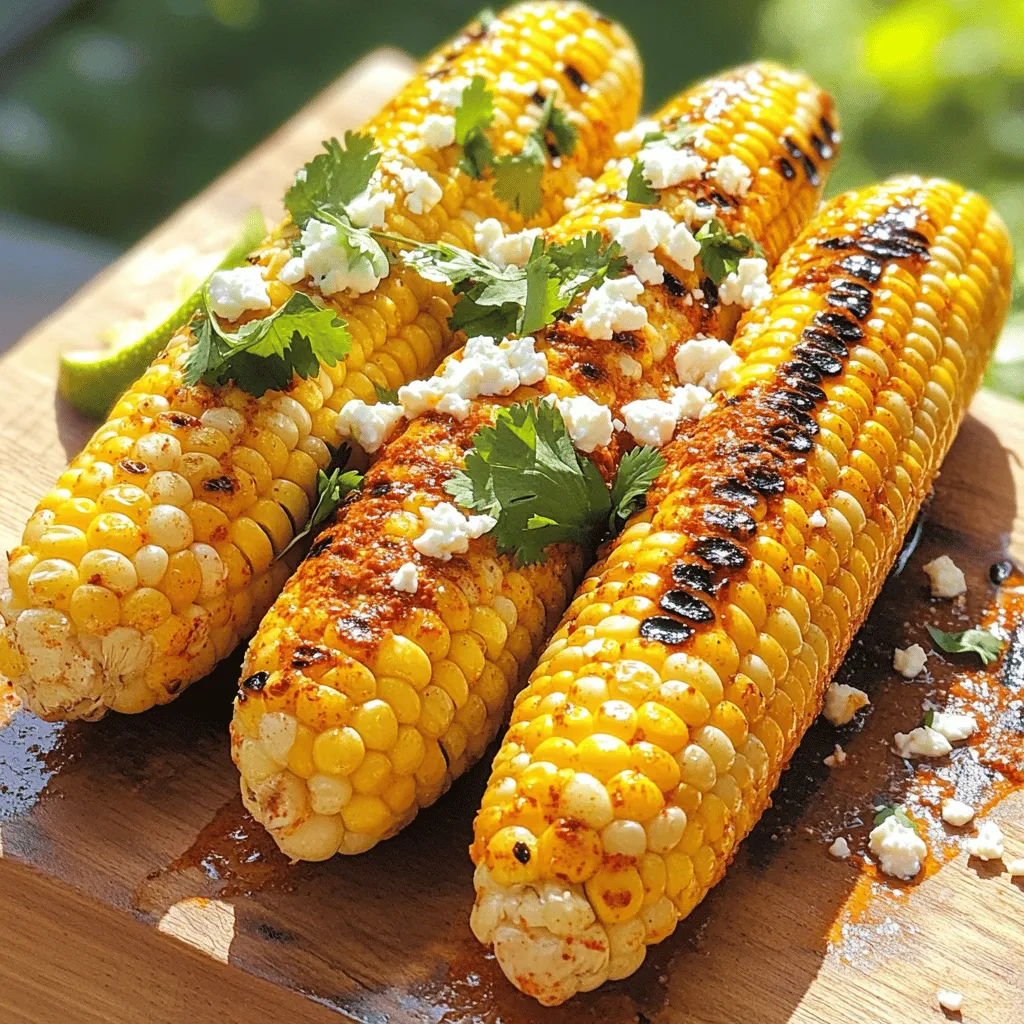 To make chili lime grilled corn, you need: - 4 ears of fresh corn, husked - 2 tablespoons olive oil - 1 teaspoon chili powder - 1 teaspoon smoked paprika - 1/2 teaspoon garlic powder - Zest of 1 lime - 2 tablespoons fresh lime juice - Salt to taste - 1/4 cup crumbled feta cheese (optional) - Fresh cilantro, chopped (for garnish) You can add more flavor to the corn with: - Jalapeños for heat - Cotija cheese instead of feta - A sprinkle of cayenne pepper - A dash of hot sauce These ingredients can give your corn a unique twist. Experiment with them to find your favorite combo! When picking corn, look for these signs: - Choose ears with bright green husks. - Check for silk that is golden and moist. - The kernels should be plump and milky when pressed. - Avoid ears with dry or brown spots. Fresh corn makes a big difference in taste. It adds sweetness and juiciness to your dish. Always pick the best corn for grilling! Start by heating your grill to medium-high. This step is key for great grilled corn. A hot grill helps achieve those nice char marks and juicy kernels. Clean the grill grates well to avoid sticking. You can use a grill brush or a crumpled-up foil ball. After that, lightly oil the grates with a paper towel dipped in oil. This simple step makes cooking easier. In a small bowl, mix the following ingredients for the marinade: - 2 tablespoons olive oil - 1 teaspoon chili powder - 1 teaspoon smoked paprika - 1/2 teaspoon garlic powder - Zest of 1 lime - 2 tablespoons fresh lime juice - Salt to taste Whisk these ingredients until they blend well. The marinade gives the corn a bold flavor. Make sure each ear of corn gets a good coat of the marinade. You can use a brush or your hands. Just be careful, as it can get messy! Place the marinated corn directly on the hot grill. Grill each ear for about 10 to 15 minutes. Turn the corn every few minutes. This helps all sides cook evenly. Look for tender kernels and nice grill marks. Once done, remove the corn from the grill. Let it cool for a minute. If you like, sprinkle some crumbled feta cheese over the warm corn. Add fresh chopped cilantro on top for extra flavor. This simple garnish brightens the dish and adds a fresh touch. Enjoy your Chili Lime Grilled Corn as a perfect summer side! Check out the Full Recipe for more details. Grilling corn is simple, but a few tips make it better. Start by preheating your grill to medium-high heat. This ensures even cooking. Place the corn directly on the grill. Turn the corn every few minutes. This helps it cook evenly and get those beautiful grill marks. Aim for about 10-15 minutes of grilling time. If you want a smoky flavor, you can soak the corn in water for 30 minutes before grilling. This helps keep the corn moist and adds a nice char. The key to great chili lime grilled corn is the marinade. Mix olive oil, chili powder, smoked paprika, garlic powder, lime zest, lime juice, and salt. Brush this mixture on the corn before grilling. It adds flavor and a nice glaze. Taste the marinade before adding it to the corn. Adjust the lime juice and salt to suit your taste. If you like it spicier, add more chili powder. The balance of heat and tang is what makes this dish shine. Serve your grilled corn warm for the best taste. You can sprinkle crumbled feta cheese on top for a creamy touch. Fresh cilantro adds color and freshness. It’s great to serve this corn at barbecues or family gatherings. Pair it with grilled meats, tacos, or a fresh salad. You can also serve it as a snack at picnics. For a fun twist, try adding a squeeze of extra lime juice right before serving. This will brighten up the flavors. For the full recipe, check out the details above. {{image_2}} If you love heat, add some extra spice to your chili lime grilled corn. You can mix in some cayenne pepper or use hot chili powder instead of regular chili powder. If you want a real kick, try adding finely chopped jalapeños to your marinade. This will make your corn extra zesty and bold. You can also brush some sriracha on the corn just before serving. It’s a simple way to turn up the heat without much effort. This recipe is easy to adapt for vegetarians and vegans. To keep it plant-based, simply skip the feta cheese. You can use nutritional yeast to add a cheesy flavor without dairy. If you want more texture, add some chopped avocado on top after grilling. Another great twist is to use a dairy-free butter instead of olive oil in the marinade. This keeps the dish creamy and rich while still being vegan-friendly. The fun doesn’t stop with the basic recipe. You can customize your chili lime grilled corn with different toppings. Try adding a sprinkle of smoked paprika for extra depth. You can also top it with diced tomatoes, red onion, or even black beans for added flavor and nutrition. A drizzle of lime crema, made from lime juice and coconut cream, will make it even more delicious. Add fresh herbs like basil or mint for a fresh twist. The options are endless! For the complete recipe, check out the [Full Recipe]. To keep your chili lime grilled corn fresh, store it in an airtight container. Let the corn cool to room temperature first. Wrap each ear in plastic wrap or foil for extra protection. This will help keep the flavors locked in. You can store it in the fridge for up to three days. When you want to enjoy leftovers, you can reheat the corn easily. The best way is to use a grill or stovetop. Heat the grill to medium heat. Place the corn on the grill for about 5 minutes, turning often until warmed through. Alternatively, you can microwave the corn. Wrap it in a damp paper towel and heat for 1-2 minutes until hot. Freezing is a great option if you want to save some corn for later. First, cool the grilled corn completely. Then, wrap each ear tightly in plastic wrap or foil. You can also slice the kernels off the cob and place them in freezer bags. Make sure to remove as much air as possible. Frozen corn can last up to six months in the freezer. Yes, you can use frozen corn. However, fresh corn has a better taste and texture. Frozen corn is pre-cooked, so it won't get those lovely grill marks. If you choose frozen, thaw it first. Then, follow the same marinade steps. Chili lime grilled corn pairs well with many dishes. You can serve it with grilled chicken or fish. It also goes great with tacos or salads. For a fun twist, try it with a barbecue feast. The bright lime flavor adds a nice touch to any meal. Grilled corn stays fresh for about 3 to 5 days in the fridge. Store the corn in an airtight container. You can also wrap it in foil or plastic wrap. This keeps the corn moist and tasty. When ready to eat, just reheat and enjoy! In this blog post, we explored how to make chili lime grilled corn. You learned about key ingredients, grilling steps, and tips for great flavor. We also discussed variations, storage methods, and common questions. Grilling corn is easy and fun. With these steps, you can impress friends at your next gathering. Enjoy the fresh taste and lively flavors. Your grilled corn will surely be a hit. Now, get ready to fire up the grill and savor every bite!