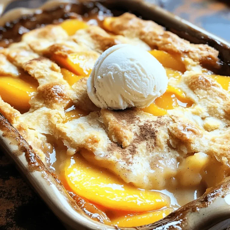 To make a fresh peach cobbler, gather these key ingredients: - 4 large fresh peaches, peeled and sliced - 1 cup granulated sugar (divided) - 1 teaspoon vanilla extract - 1 teaspoon ground cinnamon - 1 tablespoon lemon juice - 1 cup all-purpose flour - 1 tablespoon baking powder - 1/2 teaspoon salt - 1 cup whole milk - 1/4 cup unsalted butter, melted - 1/2 teaspoon nutmeg (optional) - 1 scoop vanilla ice cream (for serving, optional) You can enhance your cobbler with these extras: - 1/2 teaspoon almond extract for a nutty twist - 1 tablespoon brown sugar for a deeper sweetness - Fresh mint leaves for a refreshing garnish Choosing the right peaches is key for this dish. Here are some tips: - Look for peaches that are firm but yield slightly to gentle pressure. - Their skin should be smooth and free of blemishes. - A fragrant aroma means they are ripe and ready to use. - Avoid peaches that are overly soft or have dark spots. Using fresh, ripe peaches will make your cobbler shine. For the full recipe, check out Peachy Bliss Cobbler. Enjoy your cooking! Start by preheating your oven to 375°F (190°C). This step is key to a perfect bake. In a large bowl, place the sliced peaches. Add 1/2 cup of granulated sugar, vanilla extract, cinnamon, and lemon juice. Toss everything together. Let the mixture sit for about 10-15 minutes. This helps the peaches release their juices and become sweeter. In another bowl, mix together the flour, the remaining 1/2 cup of sugar, baking powder, salt, and nutmeg if you like. Gradually stir in the milk and melted butter. Be careful not to overmix; the batter should be slightly lumpy. Grease a 9x13 inch baking dish. Pour the batter into the dish without stirring. Then, spoon the peach mixture on top, including all its juices. The peaches will sink down as it bakes, creating a delightful texture. Place the dish in your preheated oven. Bake for 35-40 minutes. You want the top to turn golden brown. Check with a toothpick; it should come out clean when the cobbler is ready to eat. Now, you have a simple recipe to follow. For the full recipe, check the earlier section. Enjoy your fresh peach cobbler! To get the best texture in your cobbler, follow these steps. First, let the peaches sit with sugar for at least 10 minutes. This helps them soften and release juices. When you mix the batter, do not overmix. A few lumps are okay. Pour the batter into the dish, then add the peaches on top without stirring. This layering helps the peaches sink as it bakes, creating that perfect cobbler feel. Avoid these common mistakes to ensure success. Do not skip the lemon juice; it brightens the flavors. Make sure your oven is fully preheated. If it's not, your cobbler may not rise well. Also, be careful with the baking time. Overbaking will dry out your cobbler. Keep an eye on it and pull it out when the top is golden brown. Fresh peach cobbler shines on its own, but you can enhance it. Serve warm with a scoop of vanilla ice cream; it melts perfectly over the warm cobbler. You can also drizzle caramel or chocolate sauce for extra sweetness. For a twist, add chopped nuts or fresh mint leaves on top. These simple touches make this dessert even more delightful. For the full recipe, check out the instructions above. {{image_2}} You can make a gluten-free peach cobbler. Just swap the all-purpose flour for a gluten-free blend. Most blends work well, but check the package for ratios. I suggest using a 1-to-1 flour substitute. This keeps the texture light and tasty. Follow the same steps in the Full Recipe. Your cobbler will still shine! Peaches are great, but feel free to change things up! Try nectarines, plums, or berries. You can create a fruit medley for a fun twist. Just keep the same amount of fruit as in the Full Recipe. Mix and match to find your favorite combo. Each fruit brings its own unique flavor and sweetness. Want to add more flavor? Consider adding spices like ginger or cardamom. You can also mix in a splash of almond extract for a nutty taste. A bit of brown sugar can deepen the sweetness. It changes the flavor profile just a bit. Experiment with these tweaks to find what you love most! To store leftover cobbler, let it cool first. Place it in an airtight container. If you do not have one, use plastic wrap. Store it in the fridge for up to three days. This keeps it fresh and tasty. When you want to enjoy your cobbler again, preheat your oven to 350°F (175°C). Place the cobbler in a baking dish. Cover it loosely with foil. Heat for about 15-20 minutes. This warms it without drying it out. You can also microwave individual servings for about 30-60 seconds. If you want to save cobbler for later, freezing works well. First, let it cool completely. Cut it into portions and wrap each piece in plastic wrap. Then place the wrapped pieces in a freezer-safe container. It can last for up to three months. When you're ready to eat, thaw it in the fridge overnight and reheat. This keeps the flavor and texture just right. For the full recipe, refer to the earlier section. Yes, you can use canned peaches. They save time and effort. Just make sure to drain them well. Canned peaches often have added sugar, so you might want to cut back on the sugar in the recipe. This helps keep your cobbler from being too sweet. You can tell the cobbler is done by looking at the top. It should be golden brown. Insert a toothpick in the center. If it comes out clean, it's ready. If it has wet batter, give it a few more minutes. It usually takes about 35 to 40 minutes to bake. Fresh peach cobbler pairs well with vanilla ice cream. The cold ice cream melts into the warm cobbler. Whipped cream is another tasty choice. You can also add a sprinkle of cinnamon for extra flavor. Serve it warm for the best experience. Try these ideas and enjoy your sweet treat! For the complete recipe, check out the Full Recipe. You learned about making fresh peach cobbler today. We covered ingredients, preparation steps, and tips for the best results. I shared different variations and storage options to help you enjoy it longer. Remember, fresh peaches make a big difference in flavor. With practice, you will master this dish. Enjoy experimenting with new flavors and fruit options. Your perfect peach cobbler awaits, so get baking!
