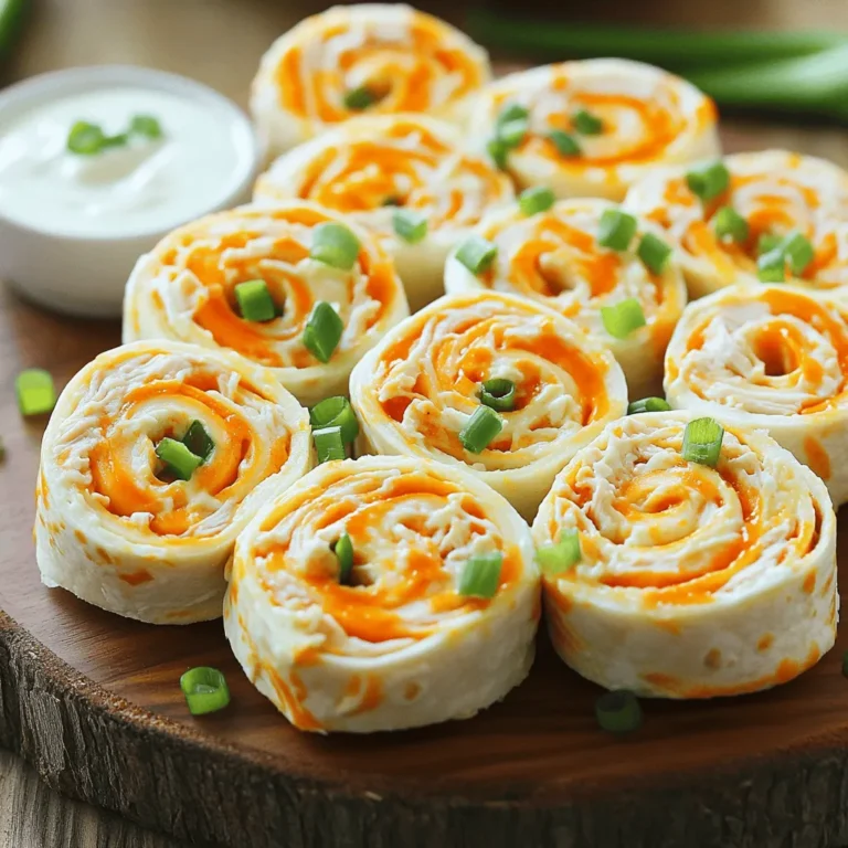 For Buffalo Chicken Pinwheels, you need some key ingredients. - 2 cups cooked shredded chicken - 1/2 cup cream cheese, softened - 1/2 cup buffalo sauce (adjust to taste) - 1/2 cup shredded carrots - 1/2 cup celery, finely chopped - 1/4 cup green onions, sliced - 1 cup shredded cheddar cheese - 4 large tortillas (flour or whole wheat) - Salt and pepper to taste Each ingredient plays a special role. The cooked chicken provides protein. Cream cheese adds a creamy texture, making it rich and smooth. Buffalo sauce gives that spicy kick, while carrots and celery add crunch. Green onions give a fresh taste and color. The cheddar cheese binds everything together, making it melty and delicious. Tortillas wrap it all up nicely. You can make your pinwheels even better with garnishes. Here are some fun ideas: - Chopped green onions for a fresh pop - Shredded lettuce for extra crunch - Sliced olives for a briny touch For dipping sauces, you might try: - Ranch dressing for a creamy contrast - Blue cheese dressing for bold flavor These simple additions make your Buffalo Chicken Pinwheels stand out! To prepare shredded chicken, start with cooked chicken. You can use rotisserie chicken for speed. Remove the skin and bones. Shred the meat with your hands or two forks. Make sure you have about 2 cups of shredded chicken for the recipe. To soften cream cheese, take it out of the fridge. Let it sit at room temperature for about 30 minutes. You can also microwave it for 10-15 seconds. This makes it easier to mix with the other ingredients. In a large mixing bowl, combine the shredded chicken, softened cream cheese, and buffalo sauce. Mix these until the chicken is well-coated. Then, add in the shredded carrots, chopped celery, and sliced green onions. Stir until everything is well mixed. Season the mixture with salt and pepper to taste. This step is key. Seasoning enhances the flavors and makes every bite tasty. Always taste the filling before you assemble the pinwheels. Lay a tortilla flat on a clean surface. Spread about 1/4 of the chicken mixture evenly over the tortilla. Leave a small border around the edges to prevent spills. Then, sprinkle a generous amount of shredded cheddar cheese on top of the chicken mixture. Starting from one edge, carefully roll the tortilla tightly into a pinwheel shape. Make sure to keep it tight to avoid messy pinwheels. Repeat this for the remaining tortillas and chicken mixture. Wrap each pinwheel in plastic wrap and refrigerate for at least 30 minutes. This helps them firm up. Once chilled, remove the wrap and slice each roll into bite-sized pieces. Enjoy your delicious Buffalo Chicken Pinwheels! For the full recipe, check [Full Recipe]. To ensure tight rolls, start with a soft filling. This helps you roll the tortilla tightly. Spread the mixture evenly, but leave a little space at the edges. When rolling, keep the tortilla snug. Use your fingers to press as you roll. You want to form a neat cylinder. Choosing the right tortillas is key. Flour tortillas are soft and easy to roll. Whole wheat tortillas add flavor and texture. Look for tortillas that are fresh and flexible. If they are too stiff, they may crack when you roll them. Adjusting the heat of your buffalo sauce is simple. Start with a small amount and taste as you go. If you like it spicy, add more sauce. For a milder taste, use less sauce or mix in some ranch dressing. This gives you a creamy flavor without too much heat. Substituting ingredients is a great way to fit your diet. For a lighter version, use Greek yogurt instead of cream cheese. If you're vegetarian, use shredded jackfruit or tofu instead of chicken. These swaps keep the dish tasty while meeting your needs. When serving your pinwheels, think about the platter arrangement. Cut the pinwheels into even slices for a nice look. Arrange them in a circle or a fun pattern. This makes your dish more inviting. For parties, serve with dipping sauces like ranch or blue cheese. You can also garnish with extra green onions or even some colorful bell pepper strips. This adds a nice touch and makes your dish pop on the table. {{image_2}} You can change the taste of Buffalo Chicken Pinwheels easily. For a Southwest-style twist, add black beans, corn, and a sprinkle of taco seasoning. The creaminess of the cheese blends well with bold spices. This gives your pinwheels a zesty kick. For a Mediterranean-inspired version, use cooked chicken with feta cheese, olives, and sun-dried tomatoes. Add a splash of lemon juice for brightness. These flavors create a fresh and vibrant take on the classic dish. You can swap ingredients for a healthier twist. Use Greek yogurt instead of cream cheese. This lowers fat while keeping the creamy texture. You can also use whole grain tortillas for extra fiber. If you want a vegan option, replace the chicken with shredded jackfruit or chickpeas. Use a plant-based cream cheese and a vegan buffalo sauce. These swaps keep the flavor while fitting a vegan diet. Add seasonal veggies for a fresh touch. In spring, use asparagus or peas. In summer, try bell peppers and zucchini. Fall brings pumpkin or butternut squash, while winter can include roasted root vegetables. You can also adjust your pinwheels for party themes or holidays. For a Halloween party, add orange cheese and black olives for a spooky look. At a summer barbecue, serve them with a side of fresh salsa or guacamole for a fun twist. Feel free to check the Full Recipe to guide you through these variations. To keep your Buffalo Chicken Pinwheels fresh, store them in the fridge. Use an airtight container or wrap them tightly with plastic wrap. This method helps prevent drying out. You can enjoy them for up to three days. After that, the taste and texture may change. If you want to save some for later, freezing is a great option. Here’s how to do it: 1. After rolling the pinwheels, wrap each one in plastic wrap. 2. Place the wrapped pinwheels in a freezer bag or airtight container. 3. Label with the date and freeze. To thaw, move the pinwheels to the fridge overnight. For a quick reheat, slice and pop them in the microwave for about 30 seconds. Understanding shelf life helps you avoid waste. Shredded chicken lasts about three to four days in the fridge. Cream cheese is safe for about two weeks once opened. Signs of spoilage include an off smell or discoloration. Always check each ingredient before using. If it looks or smells bad, don’t eat it. Enjoy your Buffalo Chicken Pinwheels fresh for the best taste! For the full recipe, click here. Yes, you can make Buffalo Chicken Pinwheels ahead of time. It’s a great way to save time. Mix the filling and roll the pinwheels a day before. Wrap them well in plastic wrap. This keeps them fresh. Store in the fridge until you’re ready to serve. Just slice them right before serving for the best taste. This way, they stay firm and tasty. Buffalo Chicken Pinwheels pair well with many snacks. Here are some great ideas: - Veggie platter with fresh carrots, celery, and bell peppers - Dipping sauces like ranch or blue cheese dressing - Chips or nachos for crunch - A simple salad with greens and a light dressing - Fruit skewers for a sweet touch These sides add variety and balance to your snack table. Yes, you can use canned chicken in this recipe. It saves time and is easy to use. Here are some pros and cons: Pros: - Quick and easy, no cooking needed - Always tender and well-cooked - Great for last-minute snacks Cons: - May lack some flavor compared to fresh chicken - Texture can be softer than shredded chicken If you choose canned chicken, drain it well. Shred it with a fork for the best results. Enjoy your Buffalo Chicken Pinwheels with ease! For the full recipe, check out the previous sections. In summary, we explored how to make Buffalo Chicken Pinwheels from start to finish. We covered essential ingredients and their roles, tips for mixing and rolling, and garnishing ideas. Remember, you can customize flavors, store leftovers, and even create variations tailored to the season or your dietary needs. This dish is easy to prepare and fun to share. Try making it for your next gathering. You'll impress everyone with your skills and delicious flavors. Enjoy your cooking journey!