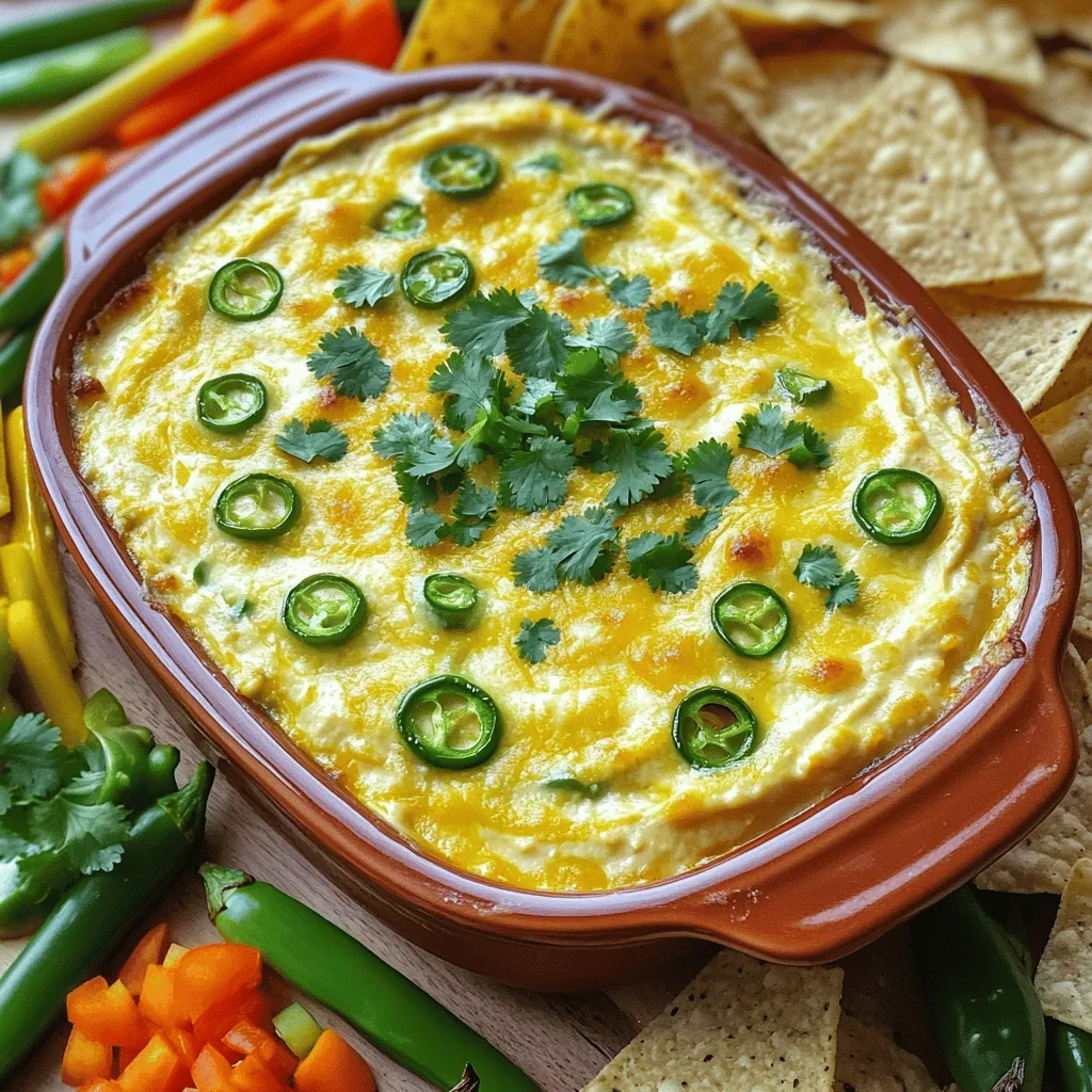 To make a great jalapeño popper dip, you need these main ingredients: - 8 oz cream cheese, softened - 1 cup sour cream - 1 cup mayonnaise - 1 cup shredded cheddar cheese - 1 cup shredded Monterey Jack cheese - 4-6 fresh jalapeños, finely chopped - 1/2 tsp garlic powder - 1/2 tsp onion powder - 1/2 tsp smoked paprika - Salt and pepper to taste These ingredients create a creamy and cheesy base. The jalapeños add a spicy kick. You can make your dip even better with optional toppings: - 1/4 cup breadcrumbs (for a crunchy top) - Fresh cilantro, chopped (for garnish) Adding breadcrumbs gives a nice texture. The cilantro brightens the flavors and adds color. Not everyone likes the same spice level. You can adjust the heat by: - Using fewer jalapeños for a milder dip. - Removing the seeds from jalapeños to reduce heat. - Adding diced green chilies for more flavor without extra heat. These tips make the dip suit everyone's taste. Whether you like it hot or mild, you can find the right balance. For the full recipe, check out the detailed steps! First, gather your ingredients. You will need cream cheese, sour cream, mayonnaise, and cheese. Use shredded cheddar and Monterey Jack for the best flavor. You also need fresh jalapeños. Chop them finely to mix well. In a large bowl, combine softened cream cheese, sour cream, and mayonnaise. Mix until smooth. Next, add shredded cheddar and Monterey Jack cheese. Stir until it looks even. Then, add the chopped jalapeños, garlic powder, onion powder, smoked paprika, salt, and pepper. Mix everything well to create a creamy blend. Now, preheat your oven to 350°F (175°C). Once hot, transfer your mixture to a baking dish. Spread it evenly across the dish. If you want, sprinkle breadcrumbs on top for extra crunch. Bake for 25-30 minutes. Look for a bubbly dip with a golden top. Once baked, take it out of the oven and let it cool slightly. This dip is best served warm. You can serve it with tortilla chips, pita bread, or fresh veggie sticks. Arrange these around the baking dish for a festive look. For a fresh touch, sprinkle chopped cilantro on top before serving. Check out the Full Recipe for more details! You can prepare Jalapeño Popper Dip a day in advance. Mix all your ingredients as per the Full Recipe. Then, store the dip in the fridge. This lets the flavors blend well. When you're ready, just bake it. This makes it easy for parties or game day. To get the right dip texture, use softened cream cheese. It should mix well with sour cream and mayo. If the dip is too thick, add a bit more sour cream. If it's too thin, add more cheese. The key is to stir until creamy and smooth. Want more heat? Add extra chopped jalapeños. For a smoky flavor, try adding diced chipotle peppers. You can also use hot sauce for a kick. Adjust the spice level to fit your taste. Remember, you control the heat! {{image_2}} You can make a tasty vegetarian version of Jalapeño Popper Dip. Replace the cheese with a mix of plant-based cheeses. You can also use cashew cream for a creamy base. This way, you get the same rich taste without any animal products. Add more veggies like bell peppers or spinach for extra flavor and nutrition. If you want to boost the protein, try adding cooked shredded chicken or bacon. Both options work well and add a savory touch. Simply mix the cooked meat into the dip before baking. You can also use canned black beans for a different twist. Black beans add texture and pair well with the spices. Feel free to mix up the flavors to suit your taste. Try adding different cheeses like pepper jack for more heat. You can also swap jalapeños for poblano peppers for a milder dip. If you enjoy a smoky flavor, add chipotle powder or diced green chiles. Experimenting with flavors can make your dip unique every time you make it. For the full recipe, check out the [Full Recipe]. After making your jalapeño popper dip, let it cool. Store it in an airtight container. It will stay fresh in the fridge for up to three days. Before serving, check for any changes in smell or texture. You can freeze the dip if you want to keep it longer. Place it in a freezer-safe container. Cover it tightly, and it can last for up to three months. When ready to eat, move it to the fridge to thaw overnight. To reheat, place the dip in a baking dish. Bake it at 350°F (175°C) for around 20 minutes. Stir it halfway through to heat evenly. You want the dip to be hot and bubbly. If it seems too thick, add a splash of sour cream to smooth it out. Enjoy your delicious dip warm! Yes, you can make Jalapeño Popper Dip ahead of time. Prepare the dip as directed. Then, cover it tightly and store it in the fridge. You can keep it for up to two days. When you're ready to eat, just bake it as instructed in the Full Recipe. This helps the flavors blend nicely. Serve Jalapeño Popper Dip with a variety of dippers. Here are some great options: - Tortilla chips - Pita bread - Fresh vegetable sticks like carrots or celery - Crackers You can arrange these around the dip for a fun look. The spice level of this dip varies. It depends on how many jalapeños you use. Using 4 gives a mild kick. If you want more heat, use 6 or more. You can also remove the seeds from the jalapeños to reduce the spice. Yes, you can use low-fat ingredients in this dip. Swap out the cream cheese and mayonnaise for low-fat versions. This change can make the dip lighter but still tasty. Just keep in mind that the texture may be slightly different. This article covered how to make Jalapeño Popper Dip. We explored the key ingredients, optional toppings, and spice level adjustments. I shared step-by-step prep and baking instructions to help you through the process. You learned tips for make-ahead options, consistency, and enhancing spice. We also discussed variations, storage methods, and answers to common questions. Now, you can enjoy creating your own dip. Remember, the best part is making it your own!