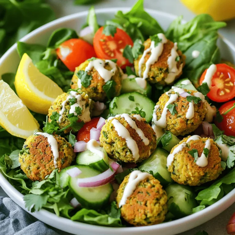 - 1 cup dried chickpeas, soaked overnight - 1 small yellow onion, roughly chopped - 2 cloves garlic, minced - 4 cups lettuce or spinach, for the base The main ingredients create a hearty base for your falafel bowls. Soaking the chickpeas overnight helps them blend easily. The onion and garlic add great flavor and depth to the falafel. - 1/4 cup fresh parsley, chopped - 1/4 cup fresh cilantro, chopped - 1 teaspoon ground cumin - 1 teaspoon ground coriander - 1/2 teaspoon cayenne pepper (adjust to taste) Herbs and spices are key in making the falafel tasty. Fresh parsley and cilantro brighten the mix and give it a fresh taste. Cumin and coriander add warmth, while cayenne brings heat. You can adjust the cayenne to fit your spice level. - 1 cup cherry tomatoes, halved - 1 cup cucumber, diced - 1/2 cup red onion, thinly sliced - 1/4 cup tahini dressing (store-bought or homemade) Toppings make each bowl colorful and fun. Cherry tomatoes add sweetness, while cucumbers offer crunch. Red onion gives a nice bite, and tahini dressing ties it all together. You can use store-bought or make your own for a personal touch. For the full recipe, be sure to check the detailed instructions. Enjoy making your baked falafel bowls! - Soak the chickpeas overnight. This helps them soften and blend well. - Chop the onion, garlic, parsley, and cilantro. Fresh herbs add great flavor. - In a food processor, combine the soaked chickpeas, onion, garlic, parsley, cilantro, cumin, coriander, cayenne, baking powder, tahini, olive oil, salt, and pepper. Blend until you get a coarse mixture. Be careful not to over-blend. You want some texture! - Using your hands, form the mixture into small balls. Aim for a size around a golf ball. Place them on a baking sheet lined with parchment paper. - Preheat the oven to 400°F (200°C). A hot oven helps create a crispy exterior. - Bake the falafel for 25-30 minutes. Look for a golden brown color and a crispy texture. Flip them halfway through baking. This ensures even cooking. Follow these steps, and you’ll create a delightful dish that’s both tasty and healthy! For the complete process, refer to the Full Recipe. For great falafel, aim for a coarse mixture. You want it to hold together without being too fine. I recommend blending your chickpeas and herbs until they are just combined. If you blend too much, your falafel can turn into a paste. That's not what we want! Baking falafel is a healthier choice than frying. Baking cuts down on oil and calories, making this dish lighter. Preheat your oven to 400°F (200°C). Bake the falafel for about 25 to 30 minutes. Flip them halfway through to get that nice, even crisp. Building your falafel bowl is fun and easy. Start with a base of lettuce or spinach. Then, add your baked falafel on top. Layer in cherry tomatoes, cucumbers, and red onion for extra crunch. Drizzle with tahini dressing for a creamy finish. You can also serve this with pita bread or hummus on the side for a complete meal. For the full recipe, check the link provided. {{image_2}} You can add fun flavors to your falafel. Spice it up with smoked paprika. This gives a nice, smoky taste. You can also try adding dill. Dill adds a fresh and bright flavor to your dish. These little changes can make a big difference. Experiment with your favorite spices and herbs. The base of your bowl can change too. Instead of just lettuce, try quinoa or brown rice. These grains add texture and nutrients. You can also use other greens like kale or arugula. They bring different tastes to your meal. Plus, this recipe works great for vegan and gluten-free diets. Just ensure you use gluten-free grains and dressings. Dressings can elevate your falafel bowl. A homemade tahini dressing is a tasty choice. It’s creamy and rich, balancing the falafel well. You can also use tzatziki for a fresh, cool twist. Hummus is another option; it adds smoothness and flavor. Try different dressings to find your favorite. For the full recipe, check the details above. To keep your baked falafel bowls fresh, store leftovers in the fridge. Place the falafel in an airtight container. They will stay good for 3 to 5 days. Keep the veggies separate to stay crisp. You can store them in another container. This way, they won't get soggy. You can freeze baked falafel for later use. Let them cool completely before freezing. Place them in a single layer on a baking sheet. Freeze for 1 to 2 hours until firm. Then, transfer them to a freezer bag. Label the bag with the date. To reheat, bake them straight from the freezer at 375°F for about 15-20 minutes. They will taste just as good! Meal prep can make your week easier. You can make the falafel ahead of time. Store them in the fridge or freezer as mentioned. Prepare individual bowl components too. Chop veggies like cucumbers and tomatoes. Store them in small containers. This way, you can quickly assemble your falafel bowls for lunch or dinner. Each bowl will be fresh and fun! For the full recipe, check out the Baked Falafel Bowls section. Yes, you can use canned chickpeas in your baked falafel. However, the texture and flavor will differ. Dried chickpeas are firmer and provide a better base for falafel. Canned chickpeas are softer, which may lead to a mushier mix. If you use canned ones, drain and rinse them well. This helps remove excess salt and improves the taste. To make baked falafel gluten-free, swap out the tahini for gluten-free options. Look for gluten-free breadcrumbs or ground oats. You can also add a bit of ground flaxseed to help bind the mixture. Always check labels on your ingredients to ensure they are gluten-free. Tahini sauce is a classic choice for baked falafel. It adds creaminess and depth. You can also try yogurt-based sauces, like tzatziki, or a spicy harissa sauce for a kick. Each sauce brings a unique flavor that complements the falafel. Don’t hesitate to experiment with different dressings! Baked falafel bowls last about 3 to 5 days in the fridge. Store them in airtight containers to keep them fresh. To maintain crispiness, keep the falafel separate from the veggies and dressing until you're ready to eat. Yes, you can make baked falafel ahead of time. Prepare the falafel mix and shape the balls, then refrigerate them for up to 24 hours before baking. You can also bake them and store them in the fridge. Just reheat them in the oven for a few minutes to regain their crispiness. Check out the Full Recipe for more tips! Baked falafel bowls offer a tasty and healthy meal option. You learned about key ingredients like soaked chickpeas, fresh herbs, and delicious toppings. I shared step-by-step instructions for making the perfect falafel while highlighting baking's benefits. You can also experiment with variations to fit your taste. Whether you’re meal prepping or serving for a gathering, these bowls are a great choice. Try new flavors, enjoy healthy sides, and savor your creation. Baked falafel bowls can bring joy to your table!