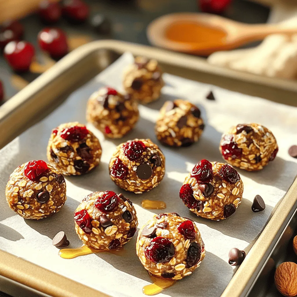 - 1 cup rolled oats - 1/2 cup almond butter - 1/4 cup honey or maple syrup - 1/2 cup dried cherries, chopped - 1/3 cup dark chocolate chips - 1/2 teaspoon vanilla extract - 1/4 teaspoon sea salt - 1 tablespoon chia seeds (optional) These ingredients create a tasty and healthy snack. Rolled oats serve as the base. They provide fiber and energy, helping you feel full. Almond butter adds healthy fats and protein. You can choose honey or maple syrup for sweetness. Dried cherries give a sweet and tangy kick. Dark chocolate chips add richness and joy. Vanilla extract enhances flavor, while sea salt balances it all. Chia seeds are optional but boost nutrition. Each serving has about 150 calories. It has 5 grams of protein, 7 grams of fat, and 20 grams of carbs. You get vitamins from cherries and minerals from oats. These bites are great for a quick snack or fuel for your day. Benefits of oats: They support heart health and digestion. Oats are rich in fiber, making them great for energy. Advantages of almond butter: It contains healthy fats and protein. Almond butter helps keep you full longer. Nutritional value of dried cherries: They are high in antioxidants. Dried cherries may help reduce inflammation and improve sleep. For the full recipe, check the main article. To start, you need to mix the base ingredients. In a large bowl, combine: - 1 cup rolled oats - 1/2 cup almond butter - 1/4 cup honey or maple syrup - 1/2 teaspoon vanilla extract Stir these together until they blend well. This step forms the heart of your energy bites. Next, add in the fun stuff! Toss in: - 1/2 cup dried cherries, chopped - 1/3 cup dark chocolate chips - 1/4 teaspoon sea salt - 1 tablespoon chia seeds (optional) Fold everything gently. You want even distribution of cherries and chocolate. Chilling the mixture is key. It helps the bites hold shape when you roll them. Place the bowl in the fridge for about 30 minutes. After chilling, use your hands to roll the mixture into small balls, about 1 inch wide. Place them on a parchment-lined baking sheet. This step keeps them from sticking. For even sizing, use a small cookie scoop. This tool helps create uniform balls, so they cook evenly. If you want, you can use a food processor to mix the ingredients. Just pulse until combined. This method saves time and makes the mixture smooth. To keep your energy bites fresh, store them in an airtight container. This will help maintain their flavor and texture. You can place them in the fridge for up to a week. For longer storage, freeze them. Just remember to separate layers with parchment paper to avoid sticking. To ensure a uniform texture, mix the ingredients well. I recommend using a sturdy spoon or spatula. Make sure each bite has a good mix of cherries and chocolate. This way, every bite is both tasty and satisfying. One common mistake is overmixing or undermixing the ingredients. If you overmix, the texture can become too dense. If you undermix, some bites may lack flavor. Aim for a good balance. Not chilling the mixture long enough can also be an issue. Chilling helps the bites hold their shape. I suggest refrigerating the mix for at least 30 minutes before rolling. This will make forming the balls much easier. You can add spices to boost the flavor. A pinch of cinnamon or nutmeg can add warmth. If you want a different twist, try adding a dash of cayenne for heat. If you're looking for healthier sweeteners, consider using agave syrup or stevia. These options can lower the sugar content. Just remember to adjust the quantity accordingly, as they can be sweeter than honey or maple syrup. For more ideas, check out the Full Recipe for variations. {{image_2}} You can switch out almond butter for other nut butters. Try peanut butter or cashew butter. Each option will give a unique taste. If you have nut allergies, use sunflower seed butter. It works well and tastes great. For dried fruits, think beyond cherries. You can use cranberries, raisins, or apricots. Each fruit adds flavor and texture. Dried blueberries are also a fun choice. Mix and match to find your favorite combo! Want to spice things up? You can add spices like cinnamon or nutmeg. Just a pinch can give a warm flavor. This makes the bites more interesting and tasty. If you like chocolate, try different types. Use milk chocolate for sweetness or white chocolate for creaminess. Each chocolate type will change the bites in a fun way. Explore these flavors to find your perfect match! Making these energy bites vegan is simple. Just replace honey with maple syrup. This keeps the sweetness while keeping it plant-based. For gluten-free bites, ensure your oats are certified gluten-free. Most oats are naturally gluten-free, but always check the label. If you want a keto-friendly version, swap out honey for a low-carb sweetener. You can also reduce the oats to lower the carbs. Adjusting the recipe helps fit various diets without losing taste! To keep your Cherry Chocolate Chip Energy Bites fresh, store them in the fridge. Use an airtight container. This helps keep moisture out and keeps the bites from drying out. You want them to stay soft and tasty. If you want to save your energy bites for later, freezing works great. Place them in a freezer-safe bag or container. Be sure to separate them with parchment paper to prevent sticking. To defrost, simply take them out and let them sit at room temperature for about 15 minutes. They will be ready to eat again. In the fridge, these energy bites last about one week. After that, they may start to lose their flavor and texture. Signs of spoilage include an off smell or changes in color. If you see any mold, you should throw them away. Always check before you bite! Cherry Chocolate Chip Energy Bites last about one week in the fridge. Store them in an airtight container. If you notice any changes in smell or texture, it's best to toss them. For longer storage, freeze them. Yes, you can freeze Cherry Chocolate Chip Energy Bites. Place them in a single layer on a baking sheet. Once frozen, transfer them to a freezer-safe bag. They can last up to three months in the freezer. Just take out what you need and let them thaw in the fridge. If you don’t have almond butter, you can use peanut butter or sun butter. Both options work well and add their unique flavor. Just keep in mind that this may change the taste slightly. Yes, these energy bites are healthy. They include whole ingredients like oats, nuts, and dried fruits. They provide fiber, healthy fats, and natural sweetness, making them a great snack. Plus, they are free from artificial additives. Yes, adding protein powder is a great idea! It boosts the protein content. Use about one to two scoops, depending on your needs. This addition may slightly change the texture, so you might want to add a touch more almond butter or honey. For the full recipe, check the details earlier. In this blog post, I covered the key ingredients for making Cherry Chocolate Chip Energy Bites. You can mix oats, almond butter, and dried cherries for a tasty snack. I also shared the steps to prepare, chill, and roll these bites. Remember to avoid common mistakes, like overmixing. You can customize flavors and store them properly to last longer. These energy bites are a healthy treat packed with nutrients. I hope you find joy in making and sharing these snacks. They are simple, fun, and delicious!