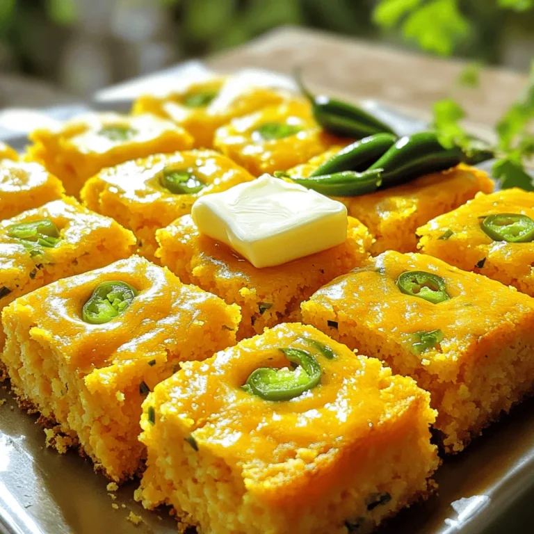 - 1 cup cornmeal - 1 cup all-purpose flour - 1 tablespoon baking powder - 1/2 teaspoon salt - 1/2 teaspoon baking soda - 1 cup buttermilk - 1/4 cup unsalted butter, melted - 1 large egg - 1 cup shredded sharp cheddar cheese - 2 jalapenos, finely chopped - 2 tablespoons honey (optional) You can make this dish gluten-free by using a gluten-free flour mix. For dairy-free needs, try almond milk mixed with a teaspoon of vinegar instead of buttermilk. If you want less heat, remove the seeds from the jalapenos or use just one. You can add corn kernels for added sweetness and texture. Different cheeses, like pepper jack or gouda, can bring unique flavors. If you like sweet cornbread, try adding a teaspoon of sugar or keep the honey. If you want it savory, skip the honey and add herbs like thyme or rosemary. For the complete cooking process, check out the Full Recipe. 1. Preheat your oven to 400°F (200°C). This helps the cornbread rise well. 2. Grease an 8-inch square baking dish. You can also line it with parchment paper for easy removal. 3. In a large bowl, measure and mix together the dry ingredients: cornmeal, all-purpose flour, baking powder, salt, and baking soda. Stir well to combine all the flavors. 1. In another bowl, mix the wet ingredients. Whisk together the buttermilk, melted butter, and egg until smooth. If you like, add honey for a hint of sweetness. 2. Pour the wet mixture into the dry ingredients. Mix until just combined. Don't overmix; some lumps are perfectly fine. 3. Now, fold in the shredded cheddar cheese and chopped jalapenos. Make sure they spread evenly throughout the batter. 1. Pour the cornbread batter into your prepared baking dish. Use a spatula to smooth the top. 2. Bake in the preheated oven for 20-25 minutes. Check for doneness by inserting a toothpick into the center. It should come out clean when ready. This simple method gives you a delicious Jalapeno Cheddar Cornbread that’s easy to prepare. You can find the full recipe for more details! To get the best texture in your jalapeno cheddar cornbread, avoid overmixing. When you combine the wet and dry ingredients, mix until just combined. A few lumps are fine. Overmixing can make the cornbread tough. For a golden crust, preheat your oven to 400°F (200°C) before baking. This high heat helps create a nice crust. Check it after 20 minutes. If the top is golden brown and a toothpick comes out clean, it's ready. To boost flavor, try adding spices like cumin or smoked paprika. These spices add depth and warmth. You can also experiment with garlic powder for a savory twist. Balance the sweetness of honey with the heat of jalapenos. This mix creates a tasty contrast. Jalapeno cheddar cornbread pairs well with many meals. It goes great with chili, soups, or grilled meats. Serve it warm for the best taste. For a pretty presentation, top each slice with a pat of butter and some chopped jalapenos. You can also sprinkle fresh herbs for extra color. Enjoy your cornbread fresh from the oven or at room temperature! {{image_2}} For those who want a vegetarian cornbread, simply skip the cheese or use a plant-based option. You can try using almond or oat milk instead of buttermilk. This keeps the cornbread rich and creamy without dairy. If you want to add more veggies, think about mixing in sweet corn or spinach. These additions add color and flavor. Jalapeno cheddar cornbread pairs well with many dishes. It makes a great side for chili or soup. The spicy flavor of the jalapenos works nicely with rich stews. You can also use it as a base for toppings. Try adding pulled pork or beans for a fun twist. Each bite will be tasty and filling. If you want to cut back on fat and sugar, use less butter or substitute with applesauce. You can also reduce the sugar or skip the honey. For a healthier twist, switch to whole grain flour. This adds fiber and nutrients without changing the taste too much. You can enjoy a delicious cornbread that fits your health goals! To keep your Jalapeno Cheddar Cornbread fresh, use airtight containers. Glass or plastic containers work well. Store it in the fridge for up to five days. Make sure it cools first before sealing to avoid moisture build-up. If you want to save some for later, freezing is a great choice. Cut the cornbread into squares. Wrap each piece tightly in plastic wrap. Then, place the wrapped pieces in a freezer bag. This method keeps them fresh for up to three months. When you’re ready to eat, thaw it in the fridge overnight. Reheat in the oven at 350°F (175°C) for about 10 minutes for a warm treat. Leftover cornbread can shine in new dishes. Try making cornbread croutons for salads or soups. Just cube the cornbread, toss it with olive oil, and bake until crisp. You can also turn it into a breakfast dish. Crumble it into a bowl, add eggs, and bake for a savory breakfast casserole. With these ideas, your leftovers won’t go to waste! Can I make this recipe ahead of time? Yes, you can make this cornbread ahead of time. Bake it and let it cool. Wrap it in plastic wrap and store it in the fridge. You can reheat it in the oven before serving. This helps keep it moist and tasty. What can I use instead of buttermilk? You can use regular milk with a bit of acid. Mix one cup of milk with one tablespoon of vinegar or lemon juice. Let it sit for five minutes to thicken. This will give you a similar taste and texture to buttermilk. Why is my cornbread crumbly? Cornbread can be crumbly for a few reasons. If you overmix the batter, it can create a dry texture. Also, too much cornmeal or not enough liquid can cause this. Make sure you measure carefully and mix just until combined. What to do if the cornbread is too dry? If your cornbread turns out too dry, you can add some moisture. You can brush the top with melted butter right after baking. Another option is to serve it with honey or a spread. This can add flavor and moisture. Can I use frozen jalapenos? Yes, you can use frozen jalapenos in this recipe. Just thaw them and drain any excess water. This keeps the cornbread from getting soggy and maintains the flavor. What's the best cheese for cornbread? Sharp cheddar cheese works best for cornbread. It gives a great flavor and melts well. You can also try pepper jack for a spicy twist. Mixing different cheeses can add depth to the taste. For the full recipe, check out the detailed instructions. In this blog post, we explored the key ingredients for a tasty cornbread. We discussed substitutions, suggested variations, and step-by-step baking instructions. Tips for perfect texture and flavor enhance your cornbread experience. With these insights, you can create a cornbread that suits any meal. Experiment with different flavors and enjoy delicious results. Happy baking!