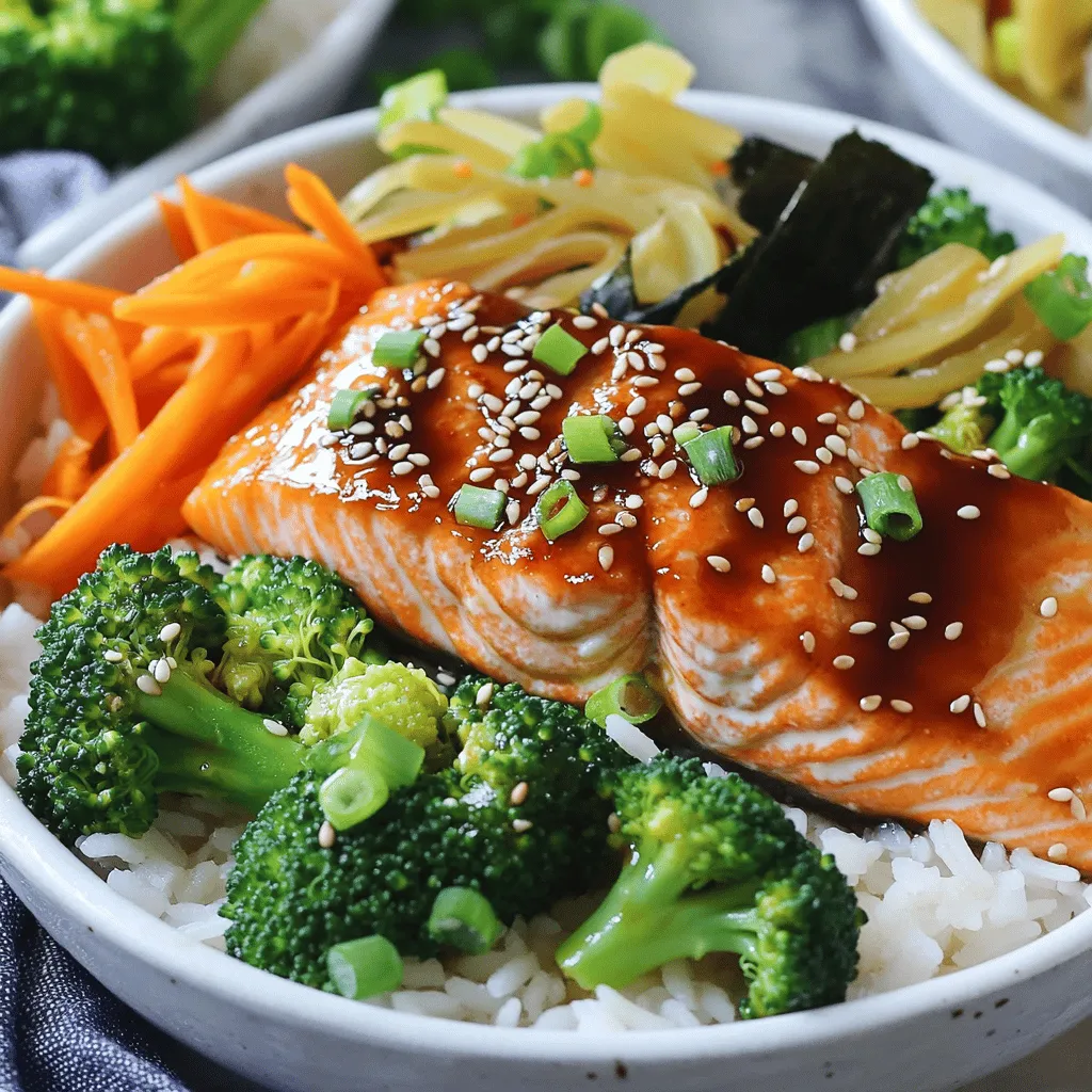 - 2 salmon fillets (about 6 ounces each) - 1/4 cup soy sauce (low-sodium preferred) - 2 tablespoons honey or maple syrup - 1 tablespoon rice vinegar - 1 tablespoon sesame oil - 2 teaspoons minced garlic - 1 teaspoon grated ginger - 1 cup uncooked jasmine rice - 2 cups water or broth (for cooking rice) - 1 cup steamed broccoli florets - 1 carrot, julienned - 1/4 cup sliced green onions - 1 tablespoon sesame seeds - Optional: pickled ginger and seaweed for garnish When I make teriyaki salmon bowls, I rely on fresh, simple ingredients. The salmon is the star. I prefer using fillets that are around six ounces each. This size cooks evenly and stays juicy. For the marinade, I mix soy sauce, honey or maple syrup, rice vinegar, sesame oil, garlic, and ginger. This blend creates a sweet and tangy flavor that pairs well with salmon. I use low-sodium soy sauce to keep the dish light. For the rice, I always choose jasmine rice. It's fragrant and fluffy. You need one cup of uncooked rice and two cups of water or broth to cook it. This will give you the perfect base for your bowl. The veggies add crunch and color. Steamed broccoli florets work great, as do julienned carrots. I love to top my bowls with sliced green onions and sesame seeds for extra texture. Sometimes, I add pickled ginger and seaweed for garnish. They enhance the flavors and look nice on the plate. If you want to see the full recipe, you can check it out [here](#). First, grab a small bowl. In it, whisk together the following: - 1/4 cup soy sauce - 2 tablespoons honey or maple syrup - 1 tablespoon rice vinegar - 1 tablespoon sesame oil - 2 teaspoons minced garlic - 1 teaspoon grated ginger Mix until everything is well blended. This marinade gives the salmon its sweet and salty flavor. Next, take your salmon fillets. Place them in a shallow dish or a resealable bag. Pour half of the marinade over the salmon. Make sure the fillets are well-coated. Cover and let them marinate for 30 minutes in the refrigerator. This step is key for great flavor. While the salmon marinates, rinse your jasmine rice. Do this under cold water until the water runs clear. In a medium saucepan, combine: - 1 cup uncooked jasmine rice - 2 cups water or broth Bring this mixture to a boil. Once it boils, reduce the heat to low. Cover and simmer for about 15 minutes. The rice should become tender and absorb all the water. Fluff with a fork and set aside. After marinating, it’s time to cook. Preheat a non-stick skillet over medium-high heat. Remove the salmon from the marinade. Place the salmon skin-side down in the skillet. Cook for about 4-5 minutes on each side. Baste with the reserved marinade while cooking. The salmon is done when it flakes easily with a fork. Now, let’s build our bowls! In each serving bowl, place a scoop of jasmine rice. Top it with the cooked salmon, steamed broccoli, and julienned carrots. This makes a colorful and tasty meal. To finish, sprinkle sliced green onions and sesame seeds on top. If you want, add pickled ginger and seaweed for extra flavor. Drizzle any remaining marinade over the bowls before serving. Enjoy your delicious teriyaki salmon bowls! For the complete recipe, check out the Full Recipe. For the best flavor, I recommend using sockeye or Atlantic salmon. Sockeye has a rich taste and a deep red color. Atlantic salmon is buttery and tender. Both options cook well and work great for teriyaki bowls. Always look for fresh fish with bright, clear eyes. The flesh should feel firm but not mushy. Adjusting the marinade is key to getting the perfect taste. For sweetness, add more honey or maple syrup. If you want it saltier, add a bit more soy sauce. A splash of rice vinegar can brighten the flavors. Taste it as you mix, and find the balance that you love. The marinade should complement the salmon, not overpower it. The right cooking time for salmon is about 4-5 minutes per side in a skillet. It should flake easily with a fork when done. To check doneness, insert a fork in the thickest part. If it flakes, it’s ready. If you prefer, use a meat thermometer. It should read 145°F. Adjust cooking time based on thickness for perfect results. {{image_2}} If you prefer not to use salmon, you can swap it out easily. Chicken works well as a substitute. Use boneless chicken thighs for a juicy texture. Simply marinate and cook them the same way as the salmon. Tofu is another great option. Firm tofu absorbs the teriyaki flavors nicely. Press the tofu to remove excess water, then cut it into cubes. Marinate and pan-fry until golden. While jasmine rice is traditional, you can try other grains to mix things up. Brown rice gives a nutty flavor and adds fiber. Cook it by following the package instructions, usually requiring more water and a longer cook time. Quinoa is another healthy option. It cooks faster than brown rice and is packed with protein. Rinse it well, then combine it with water in a pot. Bring to a boil, then reduce heat and simmer until fluffy. You can make your teriyaki bowls even more colorful and tasty by adding vegetables. Bell peppers add a sweet crunch. Simply slice them thin and sauté or add them raw. Snap peas bring a nice snap and bright color. Toss them in during the last few minutes of cooking for a quick steam. Other options include carrots, zucchini, or even spinach. Mix and match to suit your taste! To keep your teriyaki salmon bowls fresh, store leftovers in airtight containers. Refrigerate them right away. This keeps the salmon and veggies from drying out. Consume them within three days for the best taste. If you want to save space, separate the rice from the salmon and veggies. Reheat your salmon bowls gently. Use a microwave at medium power for one to two minutes. Check for warmth and stir the contents halfway through. Avoid high heat, as it can dry out the salmon. If you prefer the stove, heat on low in a pan, adding a splash of water for moisture. Meal prepping makes weeknight dinners easy. Cook the rice and steam the veggies in advance. Store them in separate containers. Marinate the salmon beforehand, then keep it in the fridge. On busy days, just assemble the bowls quickly. This way, you enjoy fresh meals without extra fuss. To make teriyaki salmon bowls from scratch, follow these steps: 1. Prepare the Marinade: Mix soy sauce, honey, rice vinegar, sesame oil, garlic, and ginger in a bowl. 2. Marinate the Salmon: Place salmon fillets in a dish. Pour half the marinade over them. Let it sit for 30 minutes in the fridge. 3. Cook the Rice: Rinse jasmine rice until the water runs clear. Boil with water or broth, then simmer until tender. 4. Cook the Salmon: Heat a skillet over medium-high. Cook salmon skin-side down for 4-5 minutes on each side. Use the reserved marinade while cooking. 5. Assemble the Bowls: Add rice to bowls. Top with salmon, steamed broccoli, and carrots. 6. Garnish: Sprinkle green onions and sesame seeds on top. Add pickled ginger and seaweed if you like. 7. Serve: Drizzle with any remaining marinade and enjoy. For full details, check out the Full Recipe. Yes, you can use frozen salmon for teriyaki bowls. Just thaw the salmon in the fridge overnight before using it. This method keeps the fish fresh and tasty. Once thawed, you can follow the same steps as with fresh salmon. Make sure to pat it dry before marinating for the best flavor. Great sides to enjoy with teriyaki salmon bowls include: - Steamed edamame - Cucumber salad - Miso soup - Roasted asparagus - Pickled vegetables These sides add extra texture and flavor to your meal. You can easily modify the teriyaki sauce. Here are some tips: - Gluten-Free: Use tamari or coconut aminos instead of soy sauce. - Low-Sugar: Replace honey with a sugar substitute or use less honey. - Low-Sodium: Choose low-sodium soy sauce to reduce salt content. These tweaks help meet different dietary needs while keeping the dish delicious. Yes, teriyaki salmon bowls can be very healthy. Salmon is rich in omega-3 fatty acids, which are good for your heart. The vegetables add vitamins and fiber. Jasmine rice provides energy. Just watch the marinade's sugar content to keep it balanced. The best way to cook salmon for teriyaki bowls is by pan-searing. This method gives you a nice crispy skin and tender fish. Here’s how: - Heat a non-stick skillet over medium-high heat. - Place the salmon skin-side down and cook without moving it for 4-5 minutes. - Flip and cook for another 4-5 minutes, basting with marinade. This technique ensures your salmon is flavorful and perfectly cooked. In this guide, we explored how to make delicious teriyaki salmon bowls. You learned about the key ingredients, step-by-step cooking instructions, and helpful tips for the perfect dish. We discussed variations and storage tips to ensure you enjoy your meal later. Remember, cooking can be fun and rewarding. Enjoy creating your own teriyaki salmon bowls, and don’t hesitate to experiment with flavors and ingredients! Your next great meal is just a recipe away.