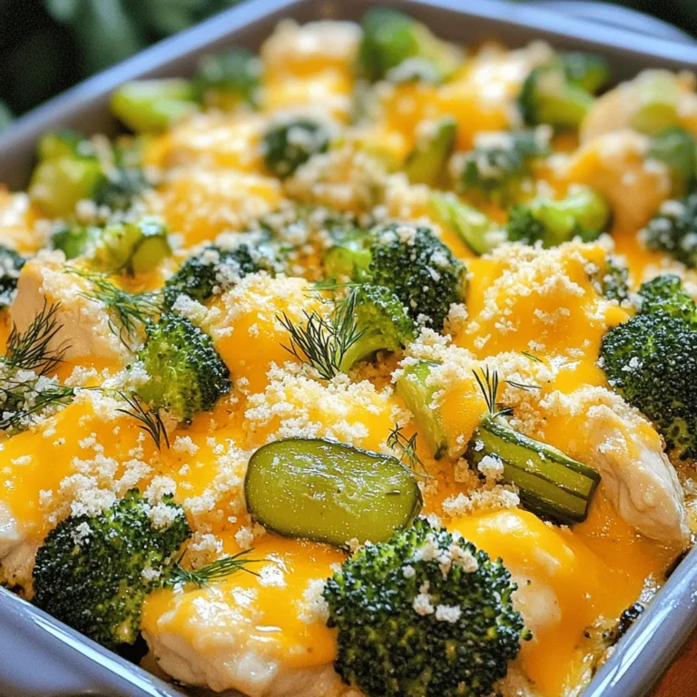 - 1 lb boneless, skinless chicken breasts - 2 cups fresh broccoli florets - 1 cup dill pickles, chopped - 1 packet ranch dressing mix - Salt and pepper to taste - 1 cup shredded cheddar cheese - ½ cup breadcrumbs - Fresh dill for garnish (optional) The main ingredients in this dish are simple but packed with flavor. You will need one pound of boneless, skinless chicken breasts. Cut them into bite-sized pieces for easy cooking and serving. Next, grab two cups of fresh broccoli florets. This veggie adds great color, crunch, and nutrients. Don't forget the star of the show: one cup of dill pickles. Their tangy taste will make this dish unique and fun. For seasoning, a packet of ranch dressing mix works wonders. It adds a creamy, herby flavor that pairs perfectly with the chicken and pickles. You can adjust the salt and pepper to your liking. Lastly, the toppings will elevate your bake. You will need one cup of shredded cheddar cheese for that gooey, melty goodness. A half cup of breadcrumbs adds a crunchy layer on top. If you like, sprinkle some fresh dill on top for a burst of freshness. For the complete steps and tips to make this dish shine, check the Full Recipe. - Preheat oven to 375°F (190°C). - Cut chicken into bite-sized pieces. Start with the chicken. I find it best to use boneless, skinless chicken breasts. Cut them into bite-sized pieces. This helps the chicken cook evenly. It also makes it easier to serve. - Combine chicken with chopped dill pickles. - Mix ranch dressing with sour cream. In a large bowl, combine the chicken pieces and chopped dill pickles. The pickles add a nice crunch and tang. Season with salt and pepper. Then, toss the chicken well to coat it. In another bowl, mix the ranch dressing mix with sour cream. This will be your creamy sauce. - Layer broccoli in the baking dish. - Pour the chicken mixture and layer toppings. - Bake for 30-35 minutes. Grease a baking dish and layer the broccoli florets on the bottom. Next, pour the chicken and pickle mixture over the broccoli. Spread it evenly. Top it with shredded cheddar cheese and breadcrumbs. Drizzle olive oil over the breadcrumbs to help them crisp up. Bake in the preheated oven for 30 to 35 minutes. Check to see if the chicken is cooked and the top is golden. This dish is so easy and tasty! For the full recipe, refer to the earlier section. To make sure your chicken is tender, cut it into small, bite-sized pieces. Thin pieces cook faster and stay juicy. Also, don’t overcook the chicken. Check it at the 30-minute mark. If it’s no longer pink, it’s done! For the best broccoli texture, use fresh florets. They should be bright green and crisp. Add them to the baking dish first. This helps them steam while the chicken cooks. If you want softer broccoli, you can blanch it for a minute before adding it to the dish. Want to add more flavor? Try spices like garlic powder or paprika. A pinch of cayenne can add a nice kick. Fresh herbs like parsley or chives also work well. Mix them into the ranch sauce for a burst of taste. When it comes to pickles, dill pickles are classic. But you can try bread-and-butter pickles for a sweet twist. Just chop them up like you would with dill. Their sweetness will give your bake a unique flavor. This dish is great on its own, but you can add sides to make it more filling. Serve it with a simple green salad for a fresh crunch. Rice or quinoa also makes a nice addition. They soak up the tasty sauce well. For drinks, a light iced tea pairs well. You can also serve sparkling water with lemon. If you want a wine, try a chilled white wine. It complements the flavors and keeps things light. For the full recipe, visit the main section of the article. {{image_2}} You can easily switch the chicken for turkey or tofu. Turkey gives a leaner taste. Tofu is great for a vegan meal. Both options work well with the ranch flavor. You can also use dairy-free cheese or sour cream. This choice makes the dish vegan-friendly while keeping it creamy. If you like some heat, add chopped peppers. Jalapeños or banana peppers can spice things up. You can also change the ranch dressing for other dressings. Try blue cheese or Italian dressing for a different taste. Each swap creates a unique flavor experience. Use fresh, seasonal vegetables to keep things interesting. In spring, add asparagus or peas. In fall, consider adding squash or sweet potatoes. You can even make this dish holiday-themed. Try adding cranberries in winter for a festive touch. These changes keep the meal fresh and exciting. After making Pickle Ranch Chicken & Broccoli Bake, store any leftovers in the fridge. Use an airtight container to keep it fresh. Glass or plastic containers work well. Make sure to let it cool before sealing. This helps prevent condensation. If you want to keep it longer, freeze the chicken and broccoli bake. Cut it into portions for easy reheating. Wrap each portion tightly in plastic wrap. Then, place them in a freezer bag. To reheat, let it thaw in the fridge overnight. Then, warm it in the oven at 350°F (175°C) until hot. In the fridge, the dish lasts about 3 to 4 days. Check for signs of spoilage before eating. Look for changes in color or texture. If it smells off, it’s best to throw it away. Always trust your senses! How to make Pickle Ranch Chicken & Broccoli Bake gluten-free? To make this dish gluten-free, swap regular breadcrumbs for gluten-free ones. You can also check the ranch dressing mix for gluten-free options. Many brands offer gluten-free mixes that work well. Can I use frozen broccoli instead of fresh? Yes, you can use frozen broccoli. Just thaw and drain it before adding. Frozen broccoli cooks faster, so keep an eye on it while baking. What is the best type of chicken to use? I recommend boneless, skinless chicken breasts for this recipe. They cook evenly and stay moist. You can also use thighs if you prefer more flavor. How to tell when the chicken is fully cooked? The chicken is fully cooked when it reaches an internal temperature of 165°F (75°C). You can use a meat thermometer for this. The meat should no longer be pink and juices should run clear. What can I substitute for dill pickles? If you don’t like dill pickles, try bread and butter pickles for a sweeter taste. You can also use sliced jalapeños for some heat or omit pickles altogether. Is there a low-calorie version of this recipe? To create a low-calorie version, reduce the cheese and use low-fat sour cream. You can also cut back on the breadcrumbs or use whole grain versions for more fiber. This blog covered a tasty Pickle Ranch Chicken & Broccoli Bake. We started with essential ingredients and how to prepare them. I shared tips to ensure juicy chicken and vibrant broccoli. Plus, I included fun variations to suit your taste. Finally, we talked about proper storage for leftovers. This recipe is easy and fun for anyone. Enjoy making it and feel free to experiment!