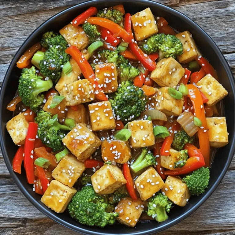 - 1 block (14 oz) firm tofu, pressed and cut into cubes - 2 tablespoons vegetable oil - 1 red bell pepper, sliced - 1 cup broccoli florets - 1 carrot, julienned - 3 cloves garlic, minced - 1 tablespoon fresh ginger, grated - 2 tablespoons soy sauce - 1 tablespoon chili paste (adjust according to spice preference) - 1 tablespoon sesame oil - 2 green onions, sliced - Sesame seeds for garnish - Salt and pepper to taste The key to a great stir fry is having fresh ingredients. Firm tofu gives a nice bite. Crisp veggies like red bell pepper, broccoli, and carrot add color and crunch. Garlic and ginger bring a bold flavor. Soy sauce and chili paste create a savory and spicy base. - Green onions - Sesame seeds Garnishes add beauty and flavor. Green onions give a fresh taste. Sesame seeds add a nice crunch. Both make your dish look even better! - Tofu alternatives (tempeh, seitan) - Vegetable replacements If you don't like tofu, try tempeh or seitan. They also soak up flavors well. For veggies, you can swap in whatever you have. Zucchini, snap peas, or mushrooms work great too. To start, you need to press the tofu. This step helps remove extra water. Place the tofu block between two plates. Add weight on top to press it for about 15 minutes. This gets rid of moisture and makes it firmer. After pressing, cut the tofu into cubes. Aim for bite-sized pieces. This size helps them cook evenly. You want the tofu to be crispy on the outside and soft inside. For a great texture, use firm tofu. It holds up well in stir-frys. If you prefer a softer option, try silken tofu, but it may break apart easily. Next, heat the vegetable oil in a large skillet or wok. Set the heat to medium-high. Once the oil is hot, carefully add the tofu cubes. Fry them until they turn golden brown. This should take about 6 to 8 minutes. Remember to turn them so each side cooks well. Once the tofu is cooked, remove it from the skillet. Now, add your chopped vegetables like red bell pepper, broccoli, and carrot. Stir-fry these for about 4 to 5 minutes. You want them tender yet crisp. When the veggies are almost done, add minced garlic and grated ginger. Cook for 1 to 2 more minutes. This adds a lovely aroma to your dish. Now it's time to mix everything together. Return the cooked tofu to the skillet with the veggies. Pour in the soy sauce, chili paste, and sesame oil. Gently toss all the ingredients. Ensure the tofu and vegetables are well coated with the sauce. Next, season with salt and pepper to taste. Cook for another 2 to 3 minutes until everything is heated through. This step helps blend the flavors well. Finally, remove the stir-fry from the heat. Garnish with sliced green onions and sesame seeds. This adds a nice touch and makes your dish look great. For the full recipe, check out the detailed instructions above. To get the best tofu, start by pressing it. This step removes excess water. Water makes the tofu soggy. After pressing, cut the tofu into cubes. Aim for bite-sized pieces. Cooking tofu until it’s golden brown gives it a nice texture. You want to fry it in hot oil. This helps it crisp up. To boost flavor, add some spices. Garlic and ginger are great choices. They bring warmth and depth. You can use chili paste to adjust spice levels. If you want more heat, add extra chili paste. Taste as you go to find your perfect balance. This way, you can enjoy every bite. Presentation matters! Plating your dish nicely makes it more inviting. Use a large plate for the stir-fry. Arrange the tofu and vegetables in a colorful way. Add sliced green onions on top for freshness. A sprinkle of sesame seeds adds a nice touch too. Your dish will look beautiful and appetizing. For the full recipe, check the detailed steps above. {{image_2}} You can change up the veggies in your stir fry. Seasonal vegetables work great for freshness. Try adding zucchini, snap peas, or bell peppers. These add color and crunch. Using frozen veggies is a quick option. They are easy to store and ready to cook. Just be sure to thaw them first for the best texture. Fresh veggies often taste better, but frozen can save time and reduce waste. Want to make your dish heartier? Add nuts like cashews or peanuts. They bring a nice crunch and good fat. You can also toss in legumes. Chickpeas or edamame add protein and fiber. Both options help you feel full and satisfied. Mix and match to find your favorite combo. Switching up the sauce can change the whole dish. Try teriyaki or hoisin for a sweeter twist. These sauces can add depth and richness. You can also create your own sauce. Mix soy sauce, garlic, and a bit of honey for a quick fix. Homemade sauces let you control the flavors and spice level. Feel free to experiment until you find what you love. For the full recipe, check out the recipe section above. To keep your chili garlic tofu stir fry fresh, place it in an airtight container. Make sure to let it cool down before sealing. This dish will stay good in the fridge for about 3 to 4 days. If you want to enjoy it later, freezing is a great option. To reheat your stir fry, the best methods are using a skillet or microwave. If using a skillet, add a splash of water to keep it moist. Heat it on medium until warm. If using the microwave, cover the dish with a damp paper towel. This helps prevent overcooking and keeps the tofu's texture nice. Yes, chili garlic tofu stir fry can be frozen! Portion it into smaller containers for easy meals later. When you’re ready to eat, thaw it overnight in the fridge or use the microwave. Reheat it in a skillet for the best results. This method helps keep the flavors fresh and the tofu crispy. To get crispy tofu, start with firm or extra-firm tofu. Press it to remove water. Cut the tofu into even cubes. Heat oil in your pan until it's hot. Add the tofu cubes in a single layer. Cook them for about 6-8 minutes, turning until golden brown. Don't rush this step! If you crowd the pan, it will steam instead of fry. Letting it fry undisturbed helps it crisp up. Yes! You can make your chili garlic tofu stir fry even spicier. Start by adding more chili paste. You can also include sliced fresh chili peppers. Try using chili oil for an extra kick. For those who love heat, sprinkle crushed red pepper at the end. Make sure to taste as you go. Adjust spice to fit your personal preference. Yes, you can make this recipe gluten-free. Use gluten-free soy sauce instead of regular soy sauce. Many brands offer good options that taste great. Check the label to ensure it meets your needs. You can also explore tamari, which is a gluten-free alternative. It offers a rich flavor, perfect for this stir fry. This blog post covered all you need to know about making a delicious tofu stir fry. We discussed the main ingredients, including firm tofu and fresh veggies, with tips on cooking them perfectly. I shared ideas for variations, storage, and reheating methods. In the end, enjoy experimenting with flavors and ingredients. Tofu stir fry is quick, tasty, and full of options. Get creative, make it your own, and have fun in the kitchen!