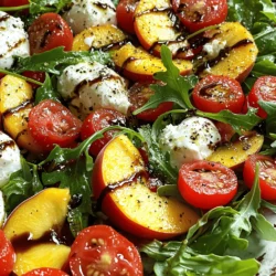 - Ripe peaches - Cherry tomatoes - Fresh basil leaves For this salad, use ripe peaches. They should feel soft but not mushy. Their sweet juice adds a great flavor. Cherry tomatoes bring a burst of color and taste. Choose bright, firm tomatoes for the best results. Fresh basil leaves add a nice herbal note. They also give a lovely green touch to the dish. - Burrata cheese Burrata cheese is the star here. It has a creamy center that melts in your mouth. This cheese adds richness to the salad. Look for fresh burrata at your local store. It should feel cool and soft. - Balsamic glaze - Extra virgin olive oil - Salt and pepper Balsamic glaze adds sweetness and a tangy flavor. It drizzles beautifully over the salad. Extra virgin olive oil gives a smooth finish. Use high-quality oil for the best taste. Finally, season with salt and pepper. This step enhances all the flavors in the salad. For the full recipe to make this delightful dish, check the earlier section. - First, wash the peaches and cherry tomatoes well. - Slice the peaches into thin wedges. - Halve the cherry tomatoes so they burst with flavor. - In a large bowl, add fresh arugula as your salad base. - Arrange the sliced peaches and halved tomatoes on the arugula. - Make sure to create a colorful pattern for a beautiful look. - Gently tear the burrata cheese into large pieces. - Place the burrata evenly across the salad. - Drizzle extra virgin olive oil and balsamic glaze for added flavor. - Season with a sprinkle of salt and pepper to enhance the taste. - Finally, garnish the salad with fresh basil leaves for a fragrant finish. You can find the full recipe [here](#). Choosing the best peaches Look for peaches that feel soft but not mushy. The skin should be bright and slightly fragrant. Organic peaches often taste sweeter. I recommend local farms for the freshest options. Picking ripe burrata cheese Select burrata that feels plump and creamy. It should have a slight give when pressed. Check the date on the package to ensure freshness. Fresh burrata makes a big difference in taste. Adjusting seasoning to taste Feel free to add salt and pepper to your liking. A pinch of sea salt can bring out the sweetness. If you like heat, add a pinch of red pepper flakes. Suggestions for additional toppings You can add sliced prosciutto for a salty touch. Adding nuts like toasted pine nuts gives a nice crunch. Try a sprinkle of toasted sesame seeds for extra flavor. Perfect pairings for a summer meal This salad pairs well with grilled chicken or fish. Serve it alongside crusty bread for a complete meal. A chilled white wine enhances the flavors wonderfully. How to make it an entrée To turn this salad into a main dish, add protein. Grilled shrimp or chicken breast works well. You can also serve it on a bed of quinoa or farro for a filling meal. {{image_2}} You can switch up the cheese in this salad. Instead of burrata, try fresh mozzarella or goat cheese. Each cheese brings a unique flavor. You can also substitute the peaches. Try using ripe nectarines or even juicy mangoes. These fruits add a sweet twist to the dish. Dressing can change the whole vibe of your salad. A bright citrus vinaigrette adds a fresh zing. Mix lemon juice, olive oil, and a pinch of salt for a quick dressing. Flavored balsamics can also elevate the taste. Choose raspberry or fig balsamic for a fruity touch. If you want a vegan option, skip the cheese. Use creamy avocado slices instead. This keeps the salad rich and satisfying. For gluten-free adaptations, this salad is naturally gluten-free. Just make sure your balsamic glaze is gluten-free. Enjoy this fresh dish without worry! To store your Peach Burrata Caprese Salad, keep it in an airtight container. This helps to lock in freshness. Place the salad in the fridge for up to two days. To avoid soggy ingredients, store the components separately. The arugula should stay dry and crisp. Keep the peaches and tomatoes in a different container. This way, you enjoy fresh crunch with every bite. When meal prepping, wash and slice the peaches and tomatoes in advance. You can keep them in the fridge for one day. Store the burrata and arugula in separate containers. This keeps everything fresh. If you want to save time, you can prepare the balsamic glaze and olive oil mix beforehand. Just drizzle it on right before serving. Before serving, take the salad out of the fridge. Let it sit for about 10 minutes to bring it back to room temperature. This helps the flavors shine. If you want to refresh the arugula, toss it gently. For the burrata, you can warm it slightly. Just place it in a microwave for 10-15 seconds. This makes it creamy again without cooking it. Enjoy your salad fresh and tasty! For the full recipe, check out the details above. The Peach Burrata Caprese Salad is a mix of sweet and savory flavors. The fresh peaches bring a juicy sweetness that balances well with the creamy burrata. You will taste a nice tang from the cherry tomatoes, adding a fresh burst. The arugula adds a slight peppery note, enhancing the flavor. The balsamic glaze offers a rich and sweet kick, while the olive oil brings smoothness. Together, these flavors create a vibrant and refreshing dish that sings of summer. Adding protein can make this salad more filling. You can include grilled chicken for a hearty option. Shrimp, either grilled or sautéed, works well and adds a lovely taste. If you prefer something lighter, try nuts like walnuts or almonds for a nice crunch. You can sprinkle these on top or mix them in with the salad. Each option will add a new layer of flavor while keeping it delicious. You can prepare this salad ahead for convenience. To keep the salad fresh, store the components separately. Cut the peaches and tomatoes, but wait to combine them until just before serving. Keep the burrata in its liquid to stay fresh. You can also mix the arugula with the dressing to keep it crisp. This way, your salad will taste just as fresh when you are ready to eat. For the full recipe, check the section above. This Peach Burrata Caprese Salad blends fresh peaches, rich burrata, and juicy tomatoes. You learned how to prepare, assemble, and customize it. Remember to choose the best ingredients for great flavor. This salad shines in warm weather and pairs well with many dishes. Feel free to experiment with toppings and dressings. Store leftovers properly to enjoy later. With these tips, you can impress friends at your next summer meal. Enjoy creating this refreshing dish, and don’t hesitate to make it your own!