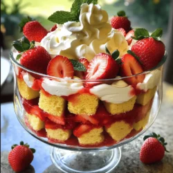To make your trifle shine, start with fresh strawberries. You need about 2 cups of strawberries. Hull and slice them. Then, mix in 3 tablespoons of sugar. This helps the strawberries release their sweet juices. Let them sit for about 15 minutes. You will see the magic happen as they soak up the sugar. The result is a juicy, sweet layer that enhances the trifle. Whipping cream is the heart of your trifle. You will need 2 cups of heavy whipping cream. Also, add 1/4 cup of powdered sugar for sweetness. Don't forget 1 teaspoon of vanilla extract for flavor. Whip the cream until it forms stiff peaks. Be careful not to whip it too much. You want it smooth and creamy, not grainy. This fluffy cream layer adds a rich touch to your trifle. The cake is vital for texture. You can use a store-bought pound cake or sponge cake. Cut it into bite-sized cubes. This makes it easy to layer. The cake absorbs the strawberry juice and cream, making each bite delightful. Choose a cake that you love. The right cake will make your trifle even better. For a fun twist, you can use different flavors or types of cake. Feel free to get creative! For the full recipe and instructions, check out the recipe above. To start, grab your fresh strawberries. You need 2 cups of them, hulled and sliced. This means you take off the green tops and cut them into small pieces. Next, put the sliced strawberries into a medium bowl. Add 3 tablespoons of sugar. This sugar makes the strawberries sweeter and helps them release their juices. Stir the mix well and let it sit for about 15 minutes. This process is called macerating. You will see the strawberries become juicy and tasty. Now, let’s whip the cream. You need 2 cups of heavy whipping cream. Pour it into a separate bowl. Add 1/4 cup of powdered sugar and 1 teaspoon of vanilla extract for flavor. Use a hand mixer or a whisk to whip the cream. Keep mixing until you see stiff peaks form. This means the cream is thick and holds its shape. Be careful not to overwhip, as it can turn grainy. Perfect whipped cream is light and fluffy. Next, it’s time to layer your trifle. You can use a large trifle bowl or individual glasses. Start with a layer of the cake cubes at the bottom. Use a store-bought pound cake or sponge cake. After the cake, add a generous layer of your macerated strawberries. Don’t forget to include some of the strawberry juice for extra flavor. Then, spread a layer of whipped cream on top of the strawberries. Repeat these layers until you fill the bowl or glasses. Finish with a final layer of whipped cream on top. For a lovely touch, you can garnish with whole strawberries and fresh mint leaves. Enjoy your beautiful Strawberry Shortcake Trifle! For the full recipe, check out the recipe card. To make great whipped cream, start with cold heavy cream. Use a clean bowl and beaters for the best results. Whip the cream on medium speed until it thickens. It should form soft peaks first. Then, add powdered sugar and vanilla extract. Keep whipping until you see stiff peaks. Be careful not to overwhip, or it will turn grainy. Perfect whipped cream adds a light touch to your trifle. When serving your trifle, use clear glasses or a trifle bowl. This way, everyone can see the pretty layers. You can serve it immediately or chill it for a bit. This treat is great for parties or family gatherings. Add a fresh mint leaf on top for a pop of color. It makes your trifle look fancy and inviting. You can change the flavors to match your taste. Try using different fruits like blueberries or peaches. You can also swap in chocolate cake for a rich twist. For a fun crunch, add crushed cookies or nuts. Want a twist? Use flavored extracts, like almond or coconut. Mix it up and create your own special version. There are endless ways to enjoy this layered delight! {{image_2}} You can swap strawberries for other fruits. Fresh blueberries, raspberries, or peaches work great. Each fruit brings a unique taste. For example, peaches add a sweet, juicy burst. Raspberries offer a nice tartness that balances the cream. Mixing fruits can create a colorful trifle too. Layering different fruits can make your trifle even more fun. While pound cake is classic, you can try different cakes. Angel food cake is light and fluffy, making it a great option. If you want a richer flavor, use chocolate cake. Yellow cake can also work well for a buttery taste. Each cake type changes the overall flavor. Feel free to experiment and find your favorite. Toppings can add a special touch to your trifle. Crushed cookies or graham crackers can give a nice crunch. You might want to drizzle some chocolate sauce or caramel for sweetness. Adding nuts can add texture and flavor too. For a fresh taste, sprinkle coconut flakes on top. These toppings can make your dessert stand out. To store leftover trifle, cover it tightly with plastic wrap or a lid. This keeps air out and prevents the layers from drying. If you have individual servings, place them in airtight containers. Make sure to store the trifle in the fridge. This helps it stay fresh and tasty. For the best taste, keep your strawberries in the fridge until you are ready to use them. Make sure they are dry to avoid spoilage. Store your whipped cream in a clean, sealed container. If you have leftover cake, keep it in an airtight bag. This will help the cake stay soft and moist. Assembled trifle can last about three days in the fridge. After that, the cake may become soggy. The strawberries will also start to lose their freshness. For the best taste and texture, eat your trifle within a couple of days. If you want to enjoy it later, consider making the layers separately. Then, assemble them right before serving. For the full recipe, check out the earlier section. Yes, you can make this trifle ahead of time. It tastes even better when chilled. Prepare it a few hours or a day before serving. Just layer the cake, strawberries, and cream as usual. Cover it and store it in the fridge. This lets the flavors blend well. However, if you want a fresh look, add the cream just before serving. If you don’t have heavy whipping cream, you can use a few substitutes. Whole milk mixed with butter works well. Mix 3/4 cup of whole milk with 1/4 cup of melted butter. Another option is coconut cream for a dairy-free version. Chill a can of coconut milk, scoop out the thick part, and whip it. Both options give you a nice and creamy texture. Absolutely! You can use a gluten-free pound cake or sponge cake. Many brands offer gluten-free options at stores. You can also make your own gluten-free cake. Use almond flour or a gluten-free flour blend in your recipe. This way, everyone can enjoy this delightful trifle! For the full recipe, check the details above. In this blog post, we discussed how to make a delicious Strawberry Shortcake Trifle. We covered key ingredients, like fresh strawberries, sugar, and cream. We also provided step-by-step instructions to prepare and layer your trifle. Plus, we shared helpful tips for the best results and fun variations to try. Remember, you can customize your trifle to suit your taste. Don't forget to store leftovers properly to keep them fresh. Enjoy making your trifle and delight in every layer!