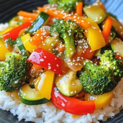 - 1 cup broccoli florets - 1 red bell pepper, sliced - 1 yellow bell pepper, sliced - 1 carrot, julienned - 1 zucchini, sliced into half-moons - 1 cup snap peas - 2 cloves garlic, minced - 1 tablespoon ginger, grated - 3 tablespoons soy sauce (or tamari for gluten-free) - 2 teaspoons sesame oil - 1 tablespoon olive oil - 1 tablespoon sesame seeds (for garnish) - Salt and pepper to taste When you make a simple veggie stir fry, fresh ingredients make a big difference. Choose crisp vegetables. I love using broccoli, bell peppers, carrots, zucchini, and snap peas. Each adds color and texture. For flavor, garlic and ginger are my go-tos. They give the dish a warm, rich taste. Soy sauce or tamari adds a salty kick. Sesame oil brings in a nice nutty flavor. Don’t forget the garnish! Toasted sesame seeds sprinkle on top for a crunchy finish. A dash of salt and pepper enhances all the flavors. This recipe is versatile. You can use whatever veggies you have on hand. Feel free to adjust to your taste. For the full recipe, check the link above. - Wash and chop all vegetables: broccoli, bell peppers, carrot, zucchini, and snap peas. - Mince garlic and grate ginger. - Heat olive oil in a large skillet or wok over medium-high heat. - Add garlic and ginger, sautéing for 30 seconds. - Stir-fry the broccoli and carrot for 2-3 minutes. - Add bell peppers, zucchini, and snap peas, stir-frying for 4-5 minutes. - Pour in soy sauce and sesame oil, tossing ingredients. - Season with salt and pepper to taste and garnish with sesame seeds. Cooking this stir fry is quick and fun. You can find the full recipe in detail. With fresh, crisp vegetables, it's packed with flavor and nutrients. Enjoy the vibrant colors and delicious taste of this simple veggie stir fry! Cooking a veggie stir fry can be simple and fun. Here are some tips to make it easier and tastier. - Use a hot skillet for best stir-frying results. The heat helps veggies cook quickly. - Don't overcrowd the pan to ensure even cooking. This keeps your veggies crisp and bright. - Serve over cooked rice or quinoa. This adds bulk and fills you up. - Garnish with fresh cilantro or green onions for added freshness. These add color and flavor. - Experiment with different sauces like teriyaki or oyster sauce. Each sauce gives a new taste. - Add a pinch of red pepper flakes for heat. This gives the dish a spicy kick. Try these tips next time you make your Simple Veggie Stir Fry. They will help you create a fresh and flavorful meal. For the full recipe, check out the details above! {{image_2}} You can boost your stir fry with protein. I love adding tofu or tempeh. They soak up flavors well and add a nice texture. For those who enjoy meat, shrimp or chicken works great too. Just cook them before adding the veggies. This adds a yummy taste to the dish. Feel free to swap out veggies based on what you have. Seasonal choices like asparagus or bok choy add freshness. If you're in a hurry, frozen mixed veggies are a quick option. They save time and still taste good. You can mix and match to keep it exciting! You can easily change this dish to fit your diet. Use tamari instead of soy sauce to make it gluten-free. Lowering sodium is simple too; just pick low-sodium soy sauce. This way, you can enjoy a tasty meal that meets your needs. For more ideas, check the Full Recipe. Store leftovers in an airtight container in the fridge for up to 3 days. This keeps your stir fry fresh and tasty. Remember, the sooner you eat it, the better the flavor. Freeze stir fry in freezer-safe containers for up to 2 months. This is a great way to save your meal for later. When you're ready to eat, reheat on the stovetop for best texture. This method helps keep the veggies crisp. Reheat in a skillet to maintain crispness, adding a splash of water if needed. This will help steam the veggies slightly, keeping them from drying out. Enjoy your Simple Veggie Stir Fry with the same fresh taste as the first time! - Prep Time: 10 minutes - Cook Time: 15 minutes Making a Simple Veggie Stir Fry is quick and easy. You can get it all done in just 25 minutes. This means you can have a healthy meal ready in no time. If you plan ahead, it can fit into even the busiest days. - Broccoli - Bell peppers - Carrots - Snap peas When I think of the best vegetables for stir fry, these come to mind first. Broccoli stays crunchy and colorful. Bell peppers add sweetness and a nice crunch. Carrots bring a lovely orange hue and great flavor. Snap peas add a fresh pop. You can mix and match these to make your dish unique. - Yes, you can prepare and store it for later use. Absolutely! You can make this dish ahead of time. Just follow the storage guidelines. Keep it in an airtight container in the fridge. It will taste great for up to three days. If you want to save it longer, freeze it. Just reheat it on the stovetop for the best taste. In this blog post, we covered a simple veggie stir fry. We discussed the ingredients needed, like fresh vegetables, garlic, and soy sauce. I shared easy steps to prepare and cook your dish. You learned tips for serving and variations to fit your tastes. Lastly, we noted storage guidelines for leftovers. Now, it's time to get cooking. Enjoy making this quick and healthy meal!