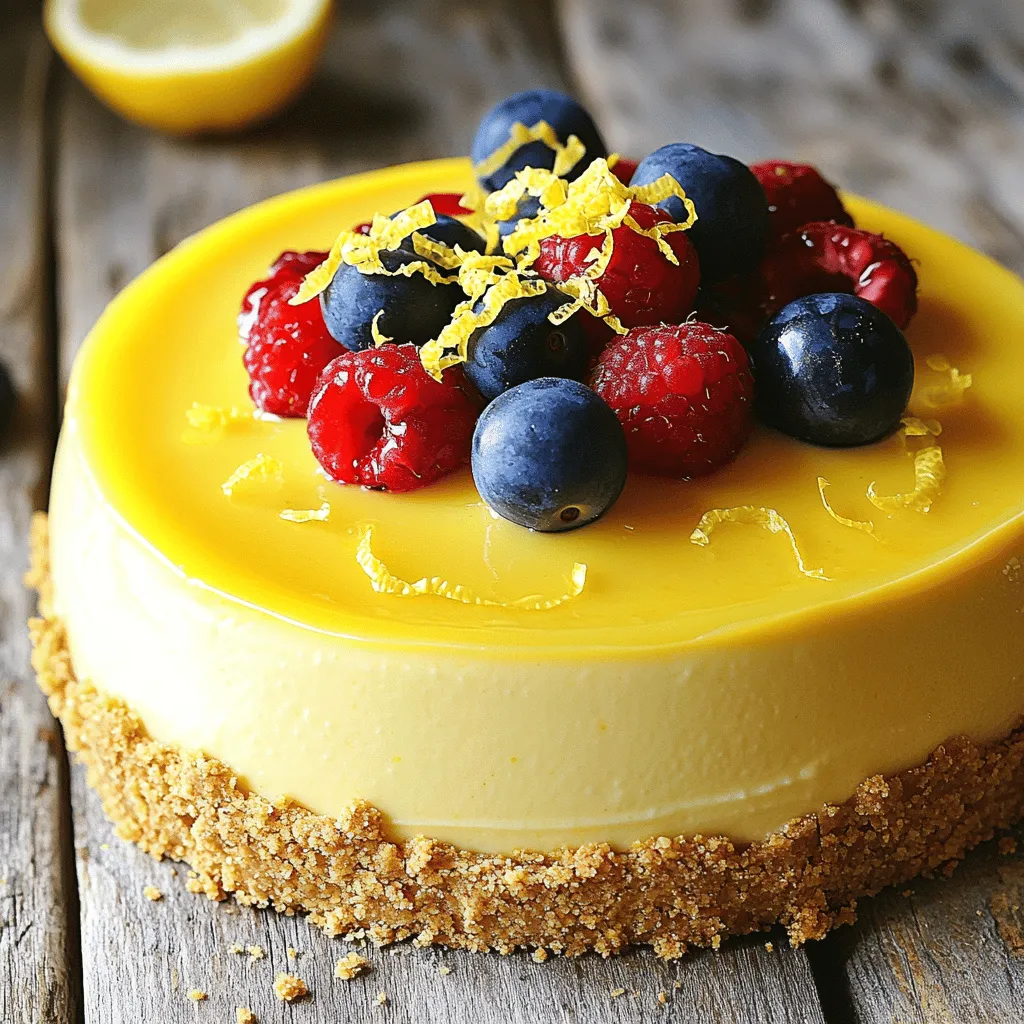 To make the perfect no-bake lemon cheesecake, you need a few key ingredients that bring out bright flavors and creamy textures. - Crust ingredients: - 1 ½ cups graham cracker crumbs - ½ cup unsalted butter, melted The crust forms a crunchy base. The graham cracker crumbs give it sweetness and texture. The melted butter binds the crumbs together. - Filling ingredients: - 2 cups cream cheese, softened - 1 cup powdered sugar - 1 teaspoon vanilla extract - Zest of 2 lemons - ½ cup fresh lemon juice - 1 cup heavy whipping cream The cream cheese creates a rich and smooth filling. Powdered sugar sweetens it perfectly. The vanilla extract adds warmth. Lemon zest and juice give the cheesecake its fresh, tangy flavor. Heavy whipping cream makes the filling light and fluffy. - Garnish: - Fresh berries (for garnish) Adding fresh berries on top gives the cheesecake a pop of color and extra flavor. You can use strawberries, blueberries, or raspberries to enhance the look and taste. For the complete instructions on how to make this delicious dessert, refer to the Full Recipe. To start, grab a medium bowl. Combine 1 ½ cups of graham cracker crumbs with ½ cup of melted butter. Mix until it looks like wet sand. Next, take a 9-inch springform pan. Press the crumb mixture firmly into the bottom. Use the back of a measuring cup for help. This helps to pack it down nicely. Once you finish, place the pan in the fridge. Let it chill while you make the filling. In a large mixing bowl, beat 2 cups of softened cream cheese. Use an electric mixer to get it nice and smooth. After that, gradually add in 1 cup of powdered sugar. Keep mixing until everything is well blended. Next, add 1 teaspoon of vanilla extract, the zest of 2 lemons, and ½ cup of fresh lemon juice. Beat again until the mixture is smooth and creamy. Now, let’s whip the cream. In another bowl, whip 1 cup of heavy whipping cream until stiff peaks form. This means it should hold its shape well. Gently fold this whipped cream into the lemon mixture. Be careful not to deflate it. Once combined, pour the lemon filling over the chilled crust. Smooth the top with a spatula. Cover the pan with plastic wrap and refrigerate for at least 4 hours. For the best results, let it chill overnight. When it’s ready, carefully remove the cheesecake from the pan. Slice it and serve with fresh berries for a beautiful touch. To get the best lemon cheesecake, start with softened cream cheese. This makes it easy to blend. Cold cream cheese can lead to lumps. Let it sit at room temperature for about 30 minutes before mixing. Next, let’s talk about whipped cream. For stiff peaks, use very cold heavy cream. Whip it on medium speed until it thickens. When you see peaks forming, stop mixing. If you over-whip, it can turn grainy. Gently fold the whipped cream into your lemon mixture without deflating it. This keeps your cheesecake light and fluffy. When it comes to serving, fresh berries are a great option. They add color and a burst of flavor. You can use strawberries, blueberries, or raspberries. Simply scatter them on top or place them around the cheesecake for a nice touch. Pair your cheesecake with a light drink. I suggest a refreshing iced tea or lemonade. They enhance the lemon flavor and balance the sweetness. Enjoy your dessert with friends and family for a perfect treat! {{image_2}} You can make your no-bake lemon cheesecake even better. Adding different citrus zest brings a fun twist. Try orange or lime zest for a unique flavor. Each type of zest adds a new taste that brightens the cheesecake. You can also incorporate other berry toppings. Fresh strawberries, blueberries, or raspberries are great choices. They add color and sweetness. You can layer them on top right before serving. This gives your dessert a beautiful look and extra flavor. If you want a gluten-free option, use gluten-free graham crackers. Crush them as you would regular ones, then mix with butter. This keeps the crust tasty while meeting dietary needs. For those needing dairy-free options, try using cashew cream instead of cream cheese. Blend soaked cashews until smooth. You can use coconut cream in place of heavy cream. This gives you a rich and creamy filling without dairy. To keep your no-bake lemon cheesecake fresh, store it in the fridge. Use an airtight container or cover it tightly with plastic wrap. This prevents air from drying out the cheesecake. Make sure it stays cold, around 40°F (4°C). If you want to save some for later, you can freeze it. Wrap the cheesecake tightly in plastic wrap, then in aluminum foil, or place it in a freezer-safe container. This method helps keep the flavor and texture intact. When you're ready to enjoy it, let it thaw in the fridge overnight. How long does the cheesecake last in the fridge? Your no-bake lemon cheesecake will stay good for about 5 to 7 days. Always check for freshness before serving. Look for signs of spoilage, like a sour smell, changes in texture, or mold. If you see any of these, it's best to toss it. Always trust your senses when it comes to food safety. Can I use low-fat cream cheese for this recipe? Yes, you can use low-fat cream cheese. It will still taste great and hold its shape. Just know that it may not be as rich and creamy as full-fat cream cheese. This slight change won’t ruin your cheesecake. How do I prevent the crust from becoming soggy? To keep your crust nice and crisp, make sure to bake it first. If you don’t want to bake, chill the crust for a longer time. Press the crumbs down firmly to pack them tight. This helps keep the crust sturdy when you add the filling. What can I substitute for fresh lemon juice? If you don't have fresh lemon juice, try bottled lemon juice. You can also use lime juice for a fun twist. Keep in mind that the taste will be a bit different. Make sure to taste the mix to adjust the flavor. For the full recipe, check out the [Full Recipe]. You learned how to make a no-bake lemon cheesecake, from crust to filling. We covered key ingredients and step-by-step instructions to create a tasty treat. I shared tips to help you perfect this dessert and explored fun variations. Remember, you can make it gluten-free or dairy-free. Proper storage keeps your cheesecake fresh and safe to eat. Enjoy your delicious creation. Everyone will love it!