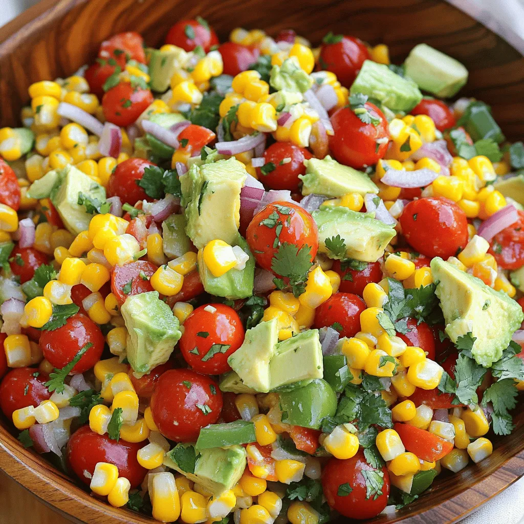To make Fiesta Corn Salad, gather these fresh ingredients: - 3 cups fresh corn kernels (or 2 cans of corn, drained) - 1 red bell pepper, diced - 1 yellow bell pepper, diced - 1 cup cherry tomatoes, halved - 1 small red onion, finely chopped - 1/4 cup fresh cilantro, chopped - 1 jalapeño, deseeded and minced (optional for heat) - 1 avocado, diced - Juice of 2 limes - 2 tablespoons olive oil - 1 teaspoon cumin - Salt and pepper to taste Fresh corn offers a sweet, crisp taste. It brings a bright, sunny flavor to the salad. You can use fresh corn by cooking it briefly. This helps lock in the flavor. Canned corn is convenient and saves time. It still works well in this recipe. Just drain and rinse it before using. Using fresh ingredients makes a big difference. Fresh produce is more flavorful, vibrant, and healthy. It adds color and texture to your salad. Fresh herbs, like cilantro, enhance the taste. They make every bite exciting. I always choose fresh when possible. It brings joy to cooking and eating. To start, you have two choices for corn: fresh or canned. If you choose fresh corn, bring a pot of salted water to a boil. Add the corn kernels and blanch them for about three minutes. This step helps keep the corn sweet and crisp. After that, drain the corn and cool it under cold water. If using canned corn, simply drain and rinse it well. This quick rinse removes extra salt and preserves the flavor. Next, grab a large mixing bowl. In this bowl, combine the corn, diced red and yellow bell peppers, halved cherry tomatoes, and finely chopped red onion. Add fresh cilantro for a pop of flavor. If you enjoy a little heat, toss in the minced jalapeño. Stir all these ingredients gently, ensuring everything mixes well. Now, let’s make the dressing. In a small bowl, whisk together the juice of two limes, olive oil, cumin, salt, and pepper. This dressing adds a zesty kick to the salad. Pour it over the corn mixture and toss gently to coat everything evenly. Finally, fold in the diced avocado. Be careful not to mash it. This will add creaminess to your Fiesta Corn Salad. Let it sit for about 10 to 15 minutes. This rest time allows the flavors to meld nicely. For the full recipe, check the main article. To make Fiesta Corn Salad shine, use fresh, bright ingredients. The sweet corn pairs well with the juicy tomatoes. Red and yellow bell peppers add crunch and color. Fresh cilantro gives a burst of flavor. Cumin adds warmth, but keep it light. Taste as you mix to find the right balance. Serve your corn salad in a large, colorful bowl. A white dish makes the bright colors pop. Top with extra cilantro for a fresh look. You can also add lime wedges on the side. This makes it fun for guests to add more lime juice. Serve it chilled for the best taste. If you like heat, add more jalapeño. Always taste before you mix in the dressing. You can remove the seeds for less heat. If you want no spice, skip the jalapeño. This salad is still tasty without it. Keep a balance that suits your taste. {{image_2}} You can make Fiesta Corn Salad heartier by adding protein. Grilled chicken works well. Just chop it into cubes and mix it in. If you prefer a meat-free option, use black beans or chickpeas. They add great flavor and texture. Both options make the salad filling and nutritious. This salad is already vegan and gluten-free. To keep it that way, skip the cheese if you add any. Use beans as a protein source. You can also add nuts or seeds for extra crunch. This will keep your salad fresh and exciting while meeting dietary needs. You can change ingredients based on the season. In summer, add fresh zucchini or cucumbers. They add a nice crunch. In fall, consider roasted sweet potatoes for warmth. These swaps keep the salad vibrant and relevant. Always look for what's fresh at your local market. You can truly make this salad your own. For the full recipe, check out the link provided. To keep your Fiesta Corn Salad fresh, place it in an airtight container. This helps keep it crisp and tasty. If you have any dressing left, store it separately. This keeps the salad from getting soggy. You can enjoy it for a few days. Use glass or plastic containers that seal tightly. Glass containers work best for keeping flavors intact. They also allow you to see what’s inside. If using plastic, make sure it is BPA-free. This way, you keep your food safe. Your Fiesta Corn Salad lasts in the fridge for about 3 to 4 days. If you want to freeze it, do not add the avocado. The avocado does not freeze well. You can freeze the salad for up to 3 months without the avocado. When ready to eat, thaw in the fridge overnight. Then, add fresh avocado before serving. This keeps it fresh and tasty. You can make Fiesta Corn Salad a day before your event. Just prepare the salad without the avocado. Mix all the other ingredients together. Store it in the fridge. When you’re ready to serve, add the diced avocado. This keeps it fresh and green! Yes! You can easily customize this salad. If you want it vegan, skip the avocado or add beans. If you need it gluten-free, this recipe is safe as is. Feel free to swap veggies too. Try zucchini or cucumber for a twist! Fiesta Corn Salad pairs well with many dishes. It goes great with grilled chicken or fish. You can also serve it with tacos or quesadillas. It makes a perfect side for any outdoor BBQ. The bright flavors enhance any meal! Fiesta Corn Salad can be spicy if you add jalapeño. If you prefer less heat, skip it altogether. The other ingredients still provide great flavor. You can also add a pinch of chili powder for a mild kick. This salad is all about your taste! In this article, we explored the key ingredients for a delicious Fiesta Corn Salad. Fresh corn shines here, but canned options work too. I provided simple steps for preparation, mixing, and dressing. You learned tips for perfect flavors and serving ideas. Additionally, I shared variations for protein and dietary needs. Storing leftovers correctly keeps your salad fresh. Remember, you can adjust spice levels as you like. This salad is easy, tasty, and customizable, so enjoy making it your own!