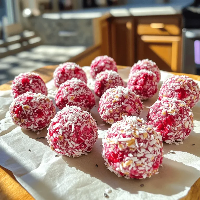 - 1 cup rolled oats - 1/2 cup almond butter - 1/4 cup honey or maple syrup - 1 cup freeze-dried raspberries (crushed) - 1/2 cup unsweetened shredded coconut - 1/4 cup chia seeds - 1 teaspoon vanilla extract - Pinch of salt The ingredients for Raspberry Coconut Energy Bites are simple and tasty. You need rolled oats for a good base. Almond butter adds creaminess and protein. Honey or maple syrup provides sweetness and binds the mix. The freeze-dried raspberries give a bright flavor. They also add a nice crunch. Shredded coconut brings a tropical vibe to the bites. Chia seeds are great for fiber and omega-3s. Finally, a touch of vanilla extract adds warmth, and a pinch of salt balances the sweetness. You can find all these ingredients at your local grocery store. Each energy bite has about 100 calories. They are rich in carbs, thanks to the oats and honey. The protein comes mainly from almond butter and chia seeds. The healthy fats in these bites come from almond butter and chia seeds as well. Be careful with nut allergies. Almond butter is a key ingredient. If someone has a nut allergy, use sunflower seed butter instead. These energy bites are gluten-free since they use rolled oats. Always check labels to ensure your oats are certified gluten-free. First, let's mix the dry ingredients. In a large bowl, combine: - 1 cup rolled oats - 1 cup freeze-dried raspberries (crushed) - 1/2 cup unsweetened shredded coconut - 1/4 cup chia seeds - A pinch of salt Stir these items together until they blend well. This mix gives the energy bites texture and taste. Next, we combine the wet ingredients in another bowl. Add: - 1/2 cup almond butter - 1/4 cup honey or maple syrup - 1 teaspoon vanilla extract Stir this mix until it is smooth. This mixture adds moisture and flavor to our bites. Now, we can form the energy bites. Use your hands to grab small amounts of the mixture. - Shape them into small balls, about 1 inch in diameter. This size is perfect for a quick snack. It also helps them stay firm. Chilling the bites is important. This step helps them hold their shape. - Place the bites on a parchment-lined baking sheet or plate. - Refrigerate them for at least 30 minutes. After they chill, they will be ready to eat. Enjoy these raspberry coconut energy bites as a quick snack or after workouts. You can find the full recipe if you want to make more! To get the perfect texture for your energy bites, you might need to adjust the stickiness. If your mixture sticks to your hands too much, simply add more oats. If it's too dry, add a bit more almond butter. You can also use honey or syrup as binding agents instead of almond butter. These tweaks can help you find the right balance. Want to boost the flavor? Try adding a sprinkle of cinnamon or a drop of coconut extract. These spices can bring out the natural sweetness of the raspberries. You can also mix in nuts, seeds, or even chocolate chips for extra crunch and taste. Each add-in can make your bites a fun surprise! These energy bites are perfect for any time of day. Enjoy them as a quick snack, a post-workout treat, or even for breakfast on the go. Pair them with yogurt or fresh fruit for a balanced meal. They fit well into lunch boxes or as a sweet pick-me-up during the day. For the full recipe, check out the detailed instructions above. {{image_2}} You can easily swap nut butters in this recipe. Almond butter is great, but peanut butter works too. If you need a nut-free option, try sunflower seed butter. It adds a nice taste without any nuts. For sweeteners, honey is a common choice. However, you can use maple syrup if you like. If you want a lower-calorie option, agave syrup or stevia can be good substitutes. Just adjust the amount to taste. Want to mix things up? You can use different freeze-dried fruits! Strawberries and blueberries can give your energy bites a fun twist. Each fruit brings its own flavor and color. If you love chocolate, try adding cacao powder. Just a few tablespoons can make a rich chocolate version of these bites. It pairs well with the raspberry and coconut flavors. If you're vegan, simply switch the honey for maple syrup. This keeps the bites sweet and plant-based. For those on a keto diet, use a low-carb sweetener like erythritol instead of honey. Stick with unsweetened coconut and adjust the oats for fewer carbs. These variations make the recipe fun and flexible. For the full recipe, check out the link above! To keep your raspberry coconut energy bites fresh, use airtight containers. Glass jars work best. They keep out air and moisture. You can also use plastic containers, but glass is safer for long-term storage. If you want to save some for later, freezing is a great option. Just make sure to seal them well to avoid freezer burn. In the refrigerator, the energy bites last about one week. Store them in your airtight container. If you freeze them, they can last up to three months. Just label your container with the date so you remember when you made them. To thaw frozen energy bites, take them out and leave them at room temperature. This usually takes about 30 minutes. If you want them to taste fresh, you can warm them in the microwave for a few seconds. This will help bring back their soft texture. Enjoy your tasty snack! For the full recipe, check the section above. To make Raspberry Coconut Energy Bites, follow these steps: 1. Mix rolled oats, almond butter, and honey (or maple syrup) in a large bowl. 2. Stir until everything blends well. 3. Add crushed freeze-dried raspberries, shredded coconut, chia seeds, vanilla, and a pinch of salt. 4. Combine all ingredients until mixed evenly. If it feels sticky, add more oats. If it’s too dry, add extra almond butter. 5. Roll the mixture into small balls, about one inch wide. 6. Place the bites on a parchment-lined baking sheet. 7. Chill in the fridge for at least 30 minutes. You can find the full recipe in the section above. Yes, you can use fresh raspberries, but they change the texture. Fresh raspberries add moisture, making the bites softer. This may also make them harder to shape into balls. Freeze-dried raspberries give a crunch and keep the bites firm. The flavor remains fruity, but the texture differs. Raspberry Coconut Energy Bites are a healthy snack option. They contain: - Rolled oats, which provide fiber and energy. - Almond butter, which offers healthy fats and protein. - Chia seeds, packed with omega-3s and antioxidants. - Freeze-dried raspberries, full of vitamins and minerals. - Coconut, which adds healthy fats and a delicious taste. These bites are a great way to fuel your day. You can make delicious Raspberry Coconut Energy Bites with simple ingredients. We covered what you need, how to prepare, and tips to make them perfect. These bites are healthy, tasty snacks for any time of day. Experiment with flavors and change ingredients to fit your taste. Store them well for lasting freshness. Enjoy your energy bites without worry—they're easy to make and great for you!
