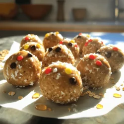 - 1 cup rolled oats - 1/2 cup natural peanut butter - 1/4 cup honey or maple syrup - 1/2 cup ground flaxseed - 1/4 cup mini chocolate chips - 1/4 cup shredded coconut (unsweetened) - 1 teaspoon vanilla extract - A pinch of salt To make these no-bake peanut butter balls, you start with some simple ingredients. Each one brings flavor and nutrition. The rolled oats give a nice base. They add fiber and make you feel full. Natural peanut butter gives richness and protein. It’s creamy and tasty. Honey or maple syrup adds sweetness. You can choose based on what you like. Ground flaxseed is a star here. It adds healthy fats and fiber. The mini chocolate chips bring a fun touch. Who doesn’t love a bit of chocolate? Shredded coconut adds texture. It gives a slight chew. The vanilla extract rounds out the flavors. A pinch of salt helps balance the sweetness. - Protein powder - Chopped nuts - Dried fruits You can also customize your peanut butter balls! Want a protein boost? Add protein powder. Chopped nuts give a crunchy bite. They also add healthy fats. Dried fruits can bring natural sweetness. Think raisins or dried cranberries. Mix and match to your taste! - Gluten-free options - Vegan substitutes These peanut butter balls fit many diets. Use gluten-free oats to make them gluten-free. For a vegan treat, swap honey for maple syrup. This makes them friendly for those avoiding animal products. You can enjoy a tasty snack, no matter your diet! For the full recipe, check out the details on how to create these delicious snacks! First, you need to prepare the dry ingredients. In a large mixing bowl, combine the rolled oats, ground flaxseed, and a pinch of salt. Mix them well with a spoon. This step is key for even flavor. Next, grab another bowl for the wet ingredients. Blend the natural peanut butter, honey or maple syrup, and vanilla extract together. Stir until the mixture is smooth and creamy. This will give your peanut butter balls sweetness and rich flavor. Now it’s time to combine the two mixtures. Pour the wet mixture into the bowl with the dry ingredients. Stir everything together until fully combined. You might find it easier to use your hands for this part. Once mixed, fold in the mini chocolate chips and shredded coconut. Finally, roll the mixture into small balls, about one inch in diameter. Place them on a parchment-lined baking sheet. After this, refrigerate the balls for at least 30 minutes. This helps them firm up. Enjoy your delicious snack! For the complete recipe, check out the Full Recipe. Mix your ingredients well. This step is key to good texture. If you don’t mix enough, your balls may fall apart. Each bite should be moist and flavorful. You want all the oats and peanut butter to blend. I find it helps to use my hands for this part. It feels messy, but it works well. Use damp hands when rolling the balls. This will keep the mixture from sticking to your fingers. Wet hands make rolling easier. You can simply run your hands under water. Just dry them off a bit before you start. This small trick can save you time and frustration. Keep your peanut butter balls in the fridge. They taste great chilled or at room temperature. You can serve them as a quick snack or a sweet treat. Try pairing them with fruit or yogurt for extra fun. For a nice touch, arrange them on a plate and sprinkle some coconut on top. Enjoy these tasty bites anytime! Check out the [Full Recipe] for more details. {{image_2}} You can change the flavor of your peanut butter balls easily. Adding cocoa powder gives them a rich chocolate taste. Just mix in a couple of tablespoons when you combine the wet ingredients. You can also sprinkle in some cinnamon or other spices. This adds warmth and depth to the bites. Experiment with flavors to find what you love! If you are out of peanut butter, try almond or cashew butter. These nuts have different flavors but work well. For sweeteners, honey and maple syrup are great, but you can use agave nectar too. Each choice will give a unique twist to your snack. Make your peanut butter balls special for any holiday. For Halloween, add pumpkin spice or orange zest. For Christmas, mix in crushed peppermint. Kids enjoy fun shapes. Use cookie cutters to create fun designs. Let them help roll the balls; it makes cooking a fun project. Check the Full Recipe for more ideas. To keep your no bake peanut butter balls fresh, store them in an airtight container. Place a sheet of parchment paper between layers to prevent sticking. Keep them in the fridge for up to one week. This method keeps them firm and tasty. If you want to save some for later, freezing works great! Simply place the rolled balls in a single layer on a baking sheet. Freeze for about two hours until firm. Then, transfer them to a freezer-safe bag or container. They can last up to three months in the freezer. When stored properly, no bake peanut butter balls stay fresh for about one week in the fridge. If frozen, they can last much longer—up to three months. After that, they may lose their taste and texture. Always check for any signs of spoilage before enjoying them. No Bake Peanut Butter Balls can last about one week in the fridge. Store them in an airtight container. For best taste, eat them within a few days. If you want them to last longer, freeze them. They can stay fresh in the freezer for up to three months. Yes, you can use crunchy peanut butter! This will give your balls a nice texture. The little peanut pieces add a fun crunch. If you prefer smooth peanut butter, that works too. It will make your balls creamier. If you want a honey substitute, use maple syrup or agave nectar. Both will work great and taste sweet. You can also use brown rice syrup for a different flavor. Just remember, the sweetness may change a bit based on what you choose. To make nut-free versions, swap peanut butter for sunflower seed butter. This will keep the taste rich and nutty. Check for any other ingredients that may contain nuts. Always read labels to ensure your snack is safe for those with allergies. These no-bake peanut butter balls are easy and fun to make. We covered key ingredients, step-by-step instructions, and tips for perfect texture. You learned how to customize flavors and manage dietary needs, like gluten-free and vegan options. Try these tasty bites as a nutritious snack or treat. Experiment with add-ins and variations to suit your taste. Enjoy making and sharing them with family and friends!