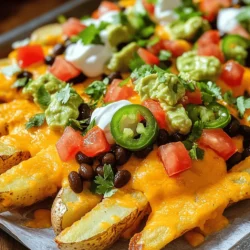 - 4 large russet potatoes - 2 tablespoons olive oil - 1 teaspoon garlic powder - 1 teaspoon paprika - Salt and pepper to taste - 1 cup shredded cheddar cheese - ½ cup black beans, rinsed and drained - ½ cup diced tomatoes - ¼ cup sliced jalapeños (fresh or pickled) - ¼ cup sour cream - ¼ cup guacamole - Fresh cilantro for garnish To create loaded nacho fries, start with russet potatoes. These potatoes give the fries a perfect texture and taste. You need olive oil, garlic powder, and paprika to season the fries. Salt and pepper add extra flavor. For toppings, choose shredded cheddar cheese for that gooey goodness. Black beans add protein and texture. Diced tomatoes bring freshness. Jalapeños add spice, while sour cream and guacamole add creaminess. Don’t forget to garnish with fresh cilantro for a burst of color and taste. Feel free to explore other toppings too! The Full Recipe shows you how to combine these ingredients for a delicious snack or meal. - Preheat the oven to 425°F (220°C). - Wash and peel the potatoes, cut them into fries or wedges. Start by preheating your oven. This step is key for crispy fries. Next, wash your potatoes well. Peeling them is optional, but I prefer it for a smoother taste. Then, cut them into thick fries or wedges. The size matters; thick cuts stay soft inside while getting crispy outside. - Mix potatoes with olive oil and spices. - Spread in a single layer on a baking sheet. - Bake for 30-35 minutes, flipping halfway through. In a large bowl, toss the potatoes with olive oil, garlic powder, paprika, salt, and pepper. Make sure each piece gets coated well. Next, spread them out on a baking sheet in a single layer. This helps them cook evenly. Bake for about 30-35 minutes. Remember to flip them halfway through for even browning. - Add cheese and bake until melted. - Top with remaining ingredients and serve. When the fries are golden and crispy, take them out. Sprinkle a good amount of shredded cheddar cheese over the fries. Return them to the oven for about five more minutes, until the cheese melts and bubbles. Once it's done, add black beans, diced tomatoes, and jalapeños on top. Finally, drizzle with sour cream and guacamole. Garnish with fresh cilantro for a pop of color. Enjoy your loaded nacho fries! For more details, you can check the Full Recipe. To get the best fries, start with russet potatoes. They are starchy and make crispier fries. Wash and peel your potatoes, then cut them into thick slices. Soaking your fries in cold water for at least 30 minutes is key. This helps remove extra starch, making them crispier when baked. For loaded nacho fries, cheddar cheese is a top choice. It melts well and has great flavor. You can mix in Monterey Jack for a creamier texture. To achieve that perfect gooey look, add cheese when the fries are hot. Bake them again for just a few minutes until the cheese is bubbly. Serve your loaded nacho fries with fun sides! Guacamole and sour cream are perfect dips. You can also pair them with a cold drink like soda or a light beer. For creative plating, use a large platter and pile the fries high. Add toppings in layers for a colorful look. {{image_2}} You can change up your loaded nacho fries with many toppings. For a fresh twist, try adding avocado and corn. They bring a light and creamy flavor. If you like heat, consider diced green chiles. They give a nice kick and add depth to your dish. You have options when it comes to cooking your fries. An air fryer is a fast way to get crispy fries. It uses less oil and cooks them evenly. If you prefer a classic method, use the oven. Baking gives a nice crunch to the fries and allows you to make a larger batch. For a unique flavor, you can also grill the fries. This method adds a smoky taste that pairs well with cheese and toppings. You can take your nacho fries global! For a Mexican-inspired dish, add chorizo. This spicy sausage gives a hearty touch. If you want to try something different, go for Asian-style nacho fries. Top them with kimchi for a tangy twist and a crunch. It’s a fun way to mix flavors from around the world. These variations help you make loaded nacho fries that fit any taste. Enjoy exploring these tasty options! To keep your loaded nacho fries fresh, store them in an airtight container. Let them cool to room temperature first. This helps prevent sogginess. Place a paper towel in the container to absorb extra moisture. Keep the fries in the fridge for up to three days. If you want to freeze them, use a freezer-safe bag. Just be aware that freezing may change their texture. When it comes to reheating, the oven or air fryer works best. Preheat your oven to 375°F (190°C). Spread the fries on a baking sheet. Bake them for about 10-15 minutes. This keeps them crispy. You can also use an air fryer. Set it to 350°F (175°C) and cook for 5-8 minutes. If you use a microwave, they might get soggy. To avoid this, place a paper towel over the fries and heat them in short bursts. To make loaded nacho fries, start with fresh potatoes. I like using russet potatoes. First, wash and peel them. Cut the potatoes into thick fries. Then, mix them with olive oil, garlic powder, paprika, salt, and pepper in a bowl. Lay the fries on a baking sheet and bake at 425°F (220°C) for 30-35 minutes. Flip them halfway for even cooking. When they are golden and crispy, add shredded cheese and return them to the oven until melted. Finally, top with your favorite ingredients like beans, tomatoes, and jalapeños. Yes, you can prep nacho fries ahead of time. Cut your potatoes and season them, then store them in the fridge. Make sure they are covered to keep them fresh. You can bake them when you are ready to eat. This way, you save time on busy days. Just remember to bake them until they are crispy and golden. The best toppings for loaded nacho fries include a mix of flavors. Some popular choices are shredded cheese, black beans, diced tomatoes, and jalapeños. You can also add sour cream and guacamole for creaminess. If you want a kick, try adding spicy salsa or fresh cilantro. Personalize your fries to match your taste. For detailed instructions, check out the Full Recipe. It has all the steps and tips you need to create perfect loaded nacho fries at home. Making loaded nacho fries is fun and simple. You learned about the key ingredients, including the potatoes and tasty toppings. We covered steps from prep to serving, ensuring you get crispy fries every time. Remember, variations and creative toppings can make your nacho fries your own. Store leftovers properly and reheat to keep them tasting fresh. Now, you're ready to impress at your next gathering with these delicious loaded fries. Enjoy the process and get ready for compliments!