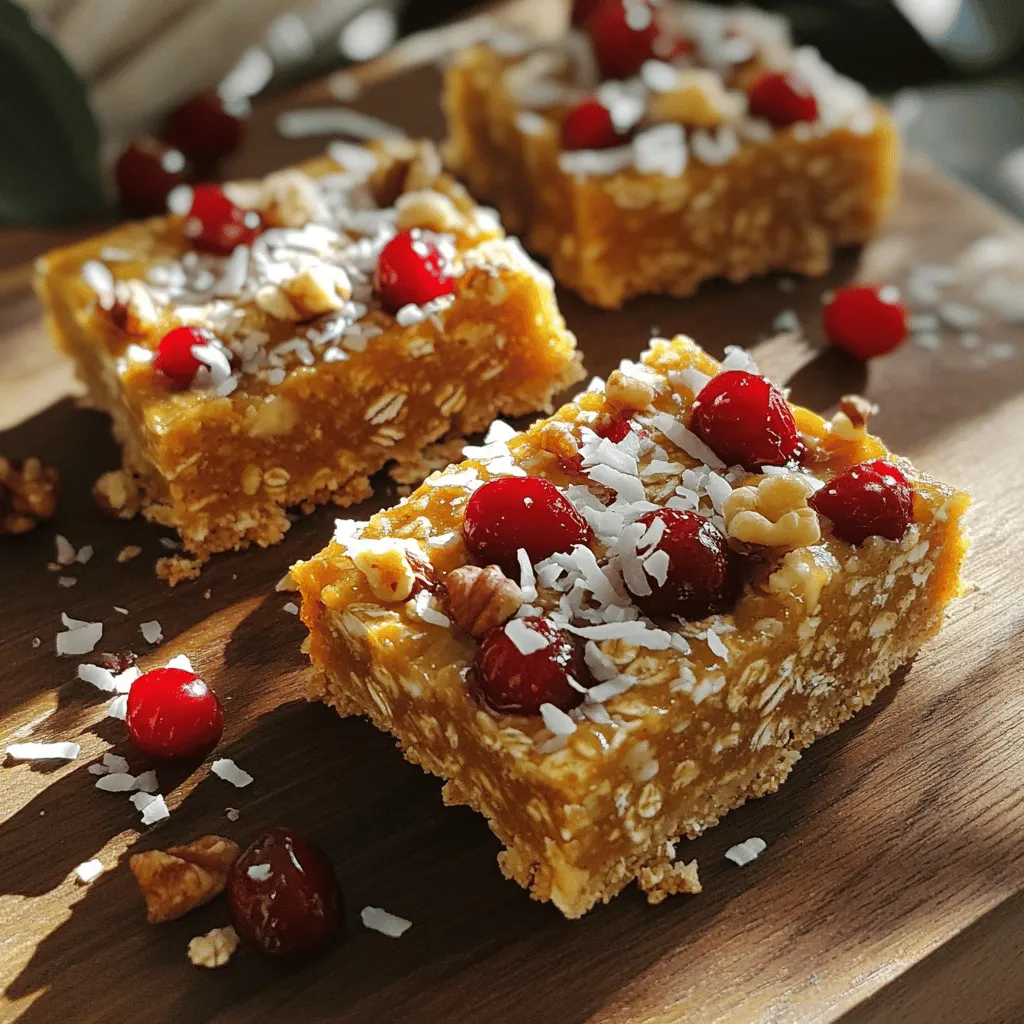 To make these tasty Cherry Oat Breakfast Bars, gather these simple ingredients: - 2 cups rolled oats - 1 cup pitted cherries, chopped (fresh or frozen) - 1/2 cup almond butter (or any nut or seed butter) - 1/4 cup honey or maple syrup - 1/4 cup unsweetened applesauce - 1/2 teaspoon vanilla extract - 1/2 teaspoon cinnamon - 1/4 teaspoon salt - 1/4 cup chopped nuts (walnuts or almonds) - 1/4 cup shredded coconut (optional) Each ingredient in this recipe brings great nutrition. - Rolled oats provide fiber, helping keep you full. They can lower cholesterol too. - Cherries are rich in vitamins and antioxidants. They help reduce inflammation. - Almond butter gives healthy fats and protein, which are good for energy. - Honey or maple syrup adds sweetness, but also vitamins and minerals. - Unsweetened applesauce adds moisture and natural sweetness without extra sugar. - Cinnamon can help control blood sugar and adds a warm flavor. - Chopped nuts add crunch and healthy fats, boosting heart health. - Shredded coconut adds fiber and can provide healthy fats if you choose to add it. If you have dietary needs, you can adjust the recipe. - Nut-free? Use sunflower seed butter instead of almond butter. - Vegan? Choose maple syrup and ensure the nut butter is vegan. - Gluten-free? Check that your oats are certified gluten-free. - Fruity twist? Swap cherries for blueberries or diced apples. - Sugar-free? Use mashed bananas in place of honey or maple syrup. These swaps keep the bars healthy while allowing you to enjoy them your way! For the full recipe, refer to the earlier section. To make cherry oat breakfast bars, you need a few tools: - 8-inch square baking pan - Parchment paper - Two mixing bowls - Whisk or fork - Spatula or your hands for pressing the mixture It’s easy to gather these items. Once ready, you can start the fun part: baking! 1. Preheat the Oven: Set your oven to 350°F (175°C). This step warms the oven for even baking. 2. Prepare the Pan: Line your baking pan with parchment paper. Leave some paper hanging over the edges. This helps lift the bars out later. 3. Mix Dry Ingredients: In a large bowl, combine the rolled oats, chopped cherries, chopped nuts, shredded coconut, cinnamon, and salt. Stir well until mixed. 4. Whisk Wet Ingredients: In another bowl, whisk the almond butter, honey (or maple syrup), applesauce, and vanilla extract. Mix until smooth and creamy. 5. Combine Mixtures: Pour the wet mixture into the dry ingredients. Stir until well blended. The mix should be sticky but hold together. 6. Transfer and Press: Move the mixture into the prepared pan. Press it down firmly with a spatula or your hands. Make it even across the pan. 7. Bake: Place the pan in the oven for 25-30 minutes. Look for golden brown edges. This means they are ready! After baking, take the pan out of the oven. Allow the bars to cool completely in the pan. Use the parchment paper to lift the bars out. Cut them into squares or rectangles. To store your bars, place them in an airtight container. They stay fresh at room temperature for a week. For longer freshness, stick them in the fridge. Enjoy your delicious Cherry Oat Breakfast Bars! To make the best cherry oat breakfast bars, here are some expert tips: - Use fresh or frozen cherries: Both work well, but thaw frozen cherries first. - Press mixture firmly: This helps bars hold together better after baking. - Let them cool completely: Allowing time to cool helps the bars set properly. - Add seeds: Chia or flax seeds boost nutrition and texture. Some common mistakes can ruin your breakfast bars: - Skipping the parchment paper: This makes it hard to lift out the bars. - Not mixing well: Ensure all ingredients blend for even flavor. - Overbaking: Keep an eye on the bars; golden edges mean they’re ready. - Using too many wet ingredients: This can make the bars too sticky and hard to cut. You can tweak this recipe to fit your needs: - For chewy bars: Use more almond butter or applesauce. - For crunchier bars: Add more oats or nuts. - To make it thicker: Increase the oats by half a cup. - For a softer texture: Reduce baking time by a few minutes. With these tips, your cherry oat breakfast bars will be a hit! Check out the full recipe for a delicious start to your day. {{image_2}} You can mix things up with your Cherry Oat Breakfast Bars. Try adding different fruits like blueberries or raspberries. Dried fruits like cranberries or apricots also work well. For a nutty flavor, add a scoop of nut butter, like peanut or hazelnut. Want a sweet twist? Toss in some dark chocolate chips or a sprinkle of cocoa powder. These additions keep your bars exciting and delicious. If you want to make your bars even healthier, swap out the honey for a sugar-free syrup. You can also use mashed bananas instead of applesauce for added fiber. To reduce calories, cut down on the nuts or coconut. If you want more protein, add a scoop of protein powder to the mix. These changes can help you meet your health goals without losing flavor. Making your Cherry Oat Breakfast Bars vegan is easy! Just use maple syrup instead of honey and choose a plant-based butter. For gluten-free bars, make sure to use gluten-free oats. This way, everyone can enjoy these tasty treats. You can also explore nut-free alternatives by using sunflower seed butter. These options ensure that your bars fit into various diets while still tasting great. For the full recipe, check out the Cherry Oat Breakfast Bars section. To keep your Cherry Oat Breakfast Bars fresh, store them in an airtight container. You can keep them at room temperature for up to a week. If you want them to last longer, refrigerate them. This keeps them moist and tasty. For even more extended storage, freezing is a great option. Wrap each bar in plastic wrap or wax paper. Place them in a freezer-safe bag or container. They can last up to three months in the freezer. Just remember to label the bag with the date so you know when you made them. When you want to eat one, simply take it out and let it thaw at room temperature or pop it in the microwave for a few seconds. The shelf life of these bars is about one week at room temperature. In the fridge, they can stay fresh for about two weeks. To check if they are still good, look for any signs of spoilage, like an off smell or visible mold. Always trust your senses! For the best taste, eat them within the first week. Enjoy your healthy snack without worries! You can use any nut butter you like. Peanut butter works well too. If you prefer a seed option, try sunflower seed butter. Each choice gives a unique flavor. Choose one that fits your taste and diet. Homemade breakfast bars last about one week at room temperature. Store them in an airtight container. For longer freshness, keep them in the fridge. They can last up to two weeks this way. Yes! You can use other fruits like blueberries, raspberries, or even diced apples. Just make sure to adjust the amount based on the fruit's moisture. This keeps your bars from becoming too wet or soggy. Serve the bars on a nice cutting board. Sprinkle extra chopped cherries on top for a pop of color. Pair them with yogurt for a tasty breakfast. You can also enjoy them as a snack anytime during the day. For the full recipe, check back in the article. These Cherry Oat Breakfast Bars are tasty and healthy. We covered the key ingredients, their benefits, and how to make them. I shared useful tips to get the best results and suggested fun variations for every taste. You can easily store them to enjoy later. Remember, follow my simple steps and enjoy these bars year-round. They fit many diets and are perfect for busy mornings. With a bit of care in prep and storage, you’ll have a delicious treat that lasts. Enjoy making your breakfast bars!