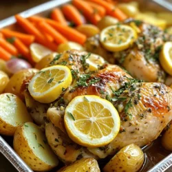 - 1 whole chicken (about 4-5 lbs) - 2 lemons (1 for stuffing and 1 for juice) - 4 cloves garlic, minced - 1/4 cup olive oil - 2 tablespoons fresh rosemary, finely chopped - 2 tablespoons fresh thyme, finely chopped - 1 tablespoon fresh parsley, finely chopped - Salt and pepper to taste - 1 onion, quartered - 2 cups baby potatoes, halved - 1 cup carrots, cut into sticks The whole chicken is the star of this dish. Choose one that weighs about 4 to 5 pounds for the best results. The chicken should be fresh for the most flavor and juiciness. Fresh herbs add depth to the taste. I use rosemary, thyme, and parsley. Their bright flavors work well with the lemon. I chop them finely to spread their essence throughout the dish. For vegetables, I like to use baby potatoes, carrots, and onions. They roast nicely and soak up the chicken's juices. Cut the potatoes in half and slice the carrots into sticks for even cooking. - Olive oil - Salt and pepper - 4 cloves garlic - 2 lemons Olive oil keeps the chicken moist and helps the skin crisp up. It also helps the herbs stick to the chicken. Garlic adds a punch of flavor. Mince it well to release all its goodness. Lemons bring brightness and a tangy taste. Use one for juicing and one to stuff inside the chicken. The lemon in the cavity steams the meat, making it juicy. For the full recipe, check the details above! 1. Preheating the oven: Start by setting your oven to 425°F (220°C). This high heat helps to crisp the skin and lock in the juices. 2. Mixing the herb marinade: In a bowl, combine 1/4 cup of olive oil, 4 minced garlic cloves, the juice from one lemon, 2 tablespoons each of finely chopped rosemary, thyme, and parsley, along with salt and pepper. Mix well until blended. This mix will give your chicken great flavor. 1. Drying the chicken: Take your whole chicken and pat it dry with paper towels. A dry chicken skin will crisp up nicely during roasting. 2. Rubbing the marinade and stuffing: Rub the herb marinade all over the chicken, making sure to get it under the skin, especially on the breasts and thighs. This helps the flavors soak in. Cut the second lemon into quarters. Place those inside the chicken cavity with a few sprigs of thyme and rosemary for extra flavor. 1. Arranging vegetables in the pan: In a large roasting pan, mix 2 cups of halved baby potatoes, 1 cup of carrot sticks, and 1 quartered onion. Drizzle the leftover marinade over the veggies. Toss them to coat. 2. Baking times and temperature details: Place the chicken on top of the vegetables in the pan. Tie the legs together with kitchen twine and tuck the wings under the body. Roast in the oven for 1 hour and 15 minutes. Check that the chicken reaches an internal temperature of 165°F (74°C) and that the skin is golden brown. Baste the chicken with pan juices halfway through for added flavor. This method keeps the chicken juicy and flavorful. Enjoy the process and savor your creation! For the full recipe, refer back to the complete guide. To get a juicy lemon herb roasted chicken, basting is key. Basting means spooning the pan juices over the chicken. Do this halfway through cooking. It helps keep the meat moist and adds flavor. Use a baster or a spoon for this task. A simple technique, but it makes a big difference. Resting time is just as important. Let the chicken rest for 15 minutes after baking. This helps the juices stay inside the meat. If you carve too soon, the juices run out. Resting makes every bite juicy and tender. You can play with herbs and spices. Try adding oregano or sage for a new twist. Fresh basil also works well. These additions can change the taste and make your dish even better. Citrus variations can elevate your dish. Instead of just lemon, use oranges or limes. Their unique flavors add brightness. You can mix lemon and orange for a fun twist. This gives your chicken a fresh taste that everyone will love. Check the Full Recipe for more ideas! {{image_2}} You can change how you cook this lemon herb roasted chicken. Grilling adds a smoky flavor. - Grilling or Smoking the Chicken: Start by marinating the chicken as the recipe suggests. Preheat your grill to medium-high heat. Place the chicken on the grill and cook it for about 1.5 hours. Make sure to turn it often for even cooking. Check the internal temperature to reach 165°F (74°C). - Slow Cooker Adaptation: You can also use a slow cooker. Rub the chicken with the herb marinade as before. Place it in the slow cooker with the veggies. Cook on low for 6-8 hours or on high for 4-5 hours. The chicken will be very tender and flavorful. Side dishes can make your meal even better. Here are some ideas to pair with your chicken. - Side Dishes That Complement Roasted Chicken: Try roasted vegetables, like asparagus or Brussels sprouts. A fresh garden salad also works well. You can serve it with rice or creamy mashed potatoes for a filling meal. - Sauce Options for Added Flavor: A lemon butter sauce can enhance the chicken's taste. Mix melted butter with lemon juice, garlic, and herbs. You can also offer a rich gravy made from the drippings. This adds extra flavor to each bite. For the full recipe, check out the Lemon Herb Roasted Chicken . To keep your Lemon Herb Roasted Chicken fresh, store leftovers in the fridge. Place the chicken in an airtight container. This helps it stay moist and tasty. Consume it within 3 to 4 days. For longer storage, freeze the chicken. Wrap it tightly in plastic wrap and then in foil. This prevents freezer burn. Frozen chicken can last up to 4 months. When you reheat the chicken, use the oven for the best results. Preheat it to 350°F (175°C). Place the chicken in a baking dish and cover it with foil. This keeps the chicken juicy. Heat for about 20-30 minutes, or until warm throughout. Check the internal temperature; it should reach 165°F (74°C) for safe eating. Enjoy your chicken with its rich flavors and moist texture! How to know when the chicken is fully cooked? The best way to check is by using a meat thermometer. Insert it into the thickest part of the thigh. It should read 165°F (74°C). If you don’t have a thermometer, cut into the chicken. The juices should run clear, not pink. Can I use frozen chicken for this recipe? Using frozen chicken is not ideal. It can cook unevenly. If you must, thaw it completely in the fridge first. This ensures even cooking and better flavor. What can I use instead of fresh herbs? If you don’t have fresh herbs, dried herbs work well. Use about one-third of the amount. For example, if the recipe calls for 2 tablespoons of fresh rosemary, use about 2 teaspoons of dried rosemary. Alternatives for people with dietary restrictions? For gluten-free diets, this recipe is naturally gluten-free. If you need a low-sodium option, reduce the salt and use fresh lemon juice for flavor. You can also swap olive oil with a different oil, like avocado oil. How to adjust the recipe for larger or smaller chickens? For a larger chicken, add about 15-20 minutes per pound. For a smaller chicken, reduce the time by the same amount. Always check the internal temperature. Tips for cooking chicken in different ovens? Every oven is different. If you have a convection oven, reduce the temperature by 25°F (about 14°C). This helps the chicken cook evenly. Keep an eye on the chicken’s skin color to prevent burning. For the complete recipe, check the Full Recipe. Roasting a whole chicken is simple and rewarding. You need just the right ingredients and steps to make it perfect. Remember to season it well and choose fresh veggies for best flavor. Don't skip the resting time; it helps keep the chicken juicy. You can try different cooking methods, too. Enjoy experimenting with sides and sauces for variety. By following these tips, you'll impress everyone at the dinner table. Now, go roast that chicken and savor the delicious results!
