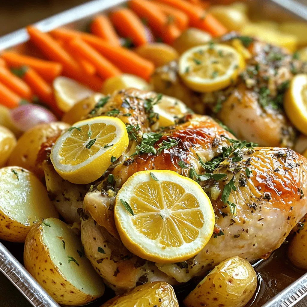 - 1 whole chicken (about 4-5 lbs) - 2 lemons (1 for stuffing and 1 for juice) - 4 cloves garlic, minced - 1/4 cup olive oil - 2 tablespoons fresh rosemary, finely chopped - 2 tablespoons fresh thyme, finely chopped - 1 tablespoon fresh parsley, finely chopped - Salt and pepper to taste - 1 onion, quartered - 2 cups baby potatoes, halved - 1 cup carrots, cut into sticks The whole chicken is the star of this dish. Choose one that weighs about 4 to 5 pounds for the best results. The chicken should be fresh for the most flavor and juiciness. Fresh herbs add depth to the taste. I use rosemary, thyme, and parsley. Their bright flavors work well with the lemon. I chop them finely to spread their essence throughout the dish. For vegetables, I like to use baby potatoes, carrots, and onions. They roast nicely and soak up the chicken's juices. Cut the potatoes in half and slice the carrots into sticks for even cooking. - Olive oil - Salt and pepper - 4 cloves garlic - 2 lemons Olive oil keeps the chicken moist and helps the skin crisp up. It also helps the herbs stick to the chicken. Garlic adds a punch of flavor. Mince it well to release all its goodness. Lemons bring brightness and a tangy taste. Use one for juicing and one to stuff inside the chicken. The lemon in the cavity steams the meat, making it juicy. For the full recipe, check the details above! 1. Preheating the oven: Start by setting your oven to 425°F (220°C). This high heat helps to crisp the skin and lock in the juices. 2. Mixing the herb marinade: In a bowl, combine 1/4 cup of olive oil, 4 minced garlic cloves, the juice from one lemon, 2 tablespoons each of finely chopped rosemary, thyme, and parsley, along with salt and pepper. Mix well until blended. This mix will give your chicken great flavor. 1. Drying the chicken: Take your whole chicken and pat it dry with paper towels. A dry chicken skin will crisp up nicely during roasting. 2. Rubbing the marinade and stuffing: Rub the herb marinade all over the chicken, making sure to get it under the skin, especially on the breasts and thighs. This helps the flavors soak in. Cut the second lemon into quarters. Place those inside the chicken cavity with a few sprigs of thyme and rosemary for extra flavor. 1. Arranging vegetables in the pan: In a large roasting pan, mix 2 cups of halved baby potatoes, 1 cup of carrot sticks, and 1 quartered onion. Drizzle the leftover marinade over the veggies. Toss them to coat. 2. Baking times and temperature details: Place the chicken on top of the vegetables in the pan. Tie the legs together with kitchen twine and tuck the wings under the body. Roast in the oven for 1 hour and 15 minutes. Check that the chicken reaches an internal temperature of 165°F (74°C) and that the skin is golden brown. Baste the chicken with pan juices halfway through for added flavor. This method keeps the chicken juicy and flavorful. Enjoy the process and savor your creation! For the full recipe, refer back to the complete guide. To get a juicy lemon herb roasted chicken, basting is key. Basting means spooning the pan juices over the chicken. Do this halfway through cooking. It helps keep the meat moist and adds flavor. Use a baster or a spoon for this task. A simple technique, but it makes a big difference. Resting time is just as important. Let the chicken rest for 15 minutes after baking. This helps the juices stay inside the meat. If you carve too soon, the juices run out. Resting makes every bite juicy and tender. You can play with herbs and spices. Try adding oregano or sage for a new twist. Fresh basil also works well. These additions can change the taste and make your dish even better. Citrus variations can elevate your dish. Instead of just lemon, use oranges or limes. Their unique flavors add brightness. You can mix lemon and orange for a fun twist. This gives your chicken a fresh taste that everyone will love. Check the Full Recipe for more ideas! {{image_2}} You can change how you cook this lemon herb roasted chicken. Grilling adds a smoky flavor. - Grilling or Smoking the Chicken: Start by marinating the chicken as the recipe suggests. Preheat your grill to medium-high heat. Place the chicken on the grill and cook it for about 1.5 hours. Make sure to turn it often for even cooking. Check the internal temperature to reach 165°F (74°C). - Slow Cooker Adaptation: You can also use a slow cooker. Rub the chicken with the herb marinade as before. Place it in the slow cooker with the veggies. Cook on low for 6-8 hours or on high for 4-5 hours. The chicken will be very tender and flavorful. Side dishes can make your meal even better. Here are some ideas to pair with your chicken. - Side Dishes That Complement Roasted Chicken: Try roasted vegetables, like asparagus or Brussels sprouts. A fresh garden salad also works well. You can serve it with rice or creamy mashed potatoes for a filling meal. - Sauce Options for Added Flavor: A lemon butter sauce can enhance the chicken's taste. Mix melted butter with lemon juice, garlic, and herbs. You can also offer a rich gravy made from the drippings. This adds extra flavor to each bite. For the full recipe, check out the Lemon Herb Roasted Chicken . To keep your Lemon Herb Roasted Chicken fresh, store leftovers in the fridge. Place the chicken in an airtight container. This helps it stay moist and tasty. Consume it within 3 to 4 days. For longer storage, freeze the chicken. Wrap it tightly in plastic wrap and then in foil. This prevents freezer burn. Frozen chicken can last up to 4 months. When you reheat the chicken, use the oven for the best results. Preheat it to 350°F (175°C). Place the chicken in a baking dish and cover it with foil. This keeps the chicken juicy. Heat for about 20-30 minutes, or until warm throughout. Check the internal temperature; it should reach 165°F (74°C) for safe eating. Enjoy your chicken with its rich flavors and moist texture! How to know when the chicken is fully cooked? The best way to check is by using a meat thermometer. Insert it into the thickest part of the thigh. It should read 165°F (74°C). If you don’t have a thermometer, cut into the chicken. The juices should run clear, not pink. Can I use frozen chicken for this recipe? Using frozen chicken is not ideal. It can cook unevenly. If you must, thaw it completely in the fridge first. This ensures even cooking and better flavor. What can I use instead of fresh herbs? If you don’t have fresh herbs, dried herbs work well. Use about one-third of the amount. For example, if the recipe calls for 2 tablespoons of fresh rosemary, use about 2 teaspoons of dried rosemary. Alternatives for people with dietary restrictions? For gluten-free diets, this recipe is naturally gluten-free. If you need a low-sodium option, reduce the salt and use fresh lemon juice for flavor. You can also swap olive oil with a different oil, like avocado oil. How to adjust the recipe for larger or smaller chickens? For a larger chicken, add about 15-20 minutes per pound. For a smaller chicken, reduce the time by the same amount. Always check the internal temperature. Tips for cooking chicken in different ovens? Every oven is different. If you have a convection oven, reduce the temperature by 25°F (about 14°C). This helps the chicken cook evenly. Keep an eye on the chicken’s skin color to prevent burning. For the complete recipe, check the Full Recipe. Roasting a whole chicken is simple and rewarding. You need just the right ingredients and steps to make it perfect. Remember to season it well and choose fresh veggies for best flavor. Don't skip the resting time; it helps keep the chicken juicy. You can try different cooking methods, too. Enjoy experimenting with sides and sauces for variety. By following these tips, you'll impress everyone at the dinner table. Now, go roast that chicken and savor the delicious results!