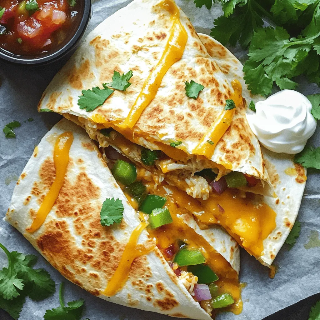 To make easy chicken quesadillas, you need these key items: - 2 cups cooked chicken, shredded - 1 cup shredded cheddar cheese - 1 cup shredded mozzarella cheese - 1 green bell pepper, diced - 1 small red onion, finely chopped - 1 teaspoon taco seasoning - 4 large flour tortillas - 2 tablespoons olive oil These ingredients give the quesadillas a great taste and texture. The chicken brings protein, while the cheeses create a gooey, melty filling. You can add extra ingredients for more flavor. Here are some ideas: - Jalapeños, for heat - Black beans, for added fiber - Corn, for sweetness - Avocado, for creaminess These options allow you to customize each quesadilla to your liking. Feel free to mix and match! Having the right tools makes cooking easier. Here are the tools you'll need: - A large mixing bowl - A skillet or frying pan - A spatula or turner - A knife and cutting board These tools will help you prepare and cook your quesadillas quickly. They make the process more fun and efficient. For the complete recipe, check out the Full Recipe. Start by gathering all your ingredients. In a large mixing bowl, add the cooked chicken, shredded cheddar cheese, and mozzarella cheese. Then, toss in the diced green bell pepper and finely chopped red onion. Finally, sprinkle in the taco seasoning. Mix all the ingredients well. You want every bite to be packed with flavor. Make sure the cheese and chicken are evenly blended. Heat a large skillet over medium heat. Add one tablespoon of olive oil to the skillet. Place one tortilla in the skillet. Spread half of the chicken and cheese mixture over one half of the tortilla. Fold the tortilla in half carefully. Cook it for about 3 to 4 minutes on one side. Flip it to cook the other side until it turns golden brown. Check if the cheese has melted. Remove the quesadilla from the skillet and let it rest for a minute. Cut it into wedges. Repeat this process with the remaining tortillas and filling. Don't forget to add more oil as needed. To get the best results, use medium heat. This helps the cheese melt while toasting the tortilla. If the heat is too high, the tortilla may burn before the cheese melts. Use fresh tortillas for the best flavor. For extra crunch, cook them a minute longer on each side. Serve your quesadillas right away for maximum crispiness. Enjoy them with sour cream, salsa, and fresh cilantro for a tasty finish. You can add fun twists to your quesadillas. Try different proteins like beef or shrimp. For a vegetarian option, use beans or more veggies. You can mix in corn, spinach, or jalapeños for extra flavor. Cheese lovers might add pepper jack or gouda for a unique taste. Seasonings are key. Try adding cumin, chili powder, or even lime juice for a fresh zing. To keep your quesadillas warm, place them in a preheated oven set to 200°F. Use a baking sheet lined with parchment paper for easy cleanup. Cover them with foil to keep moisture out. This method helps keep the quesadillas crispy while you finish cooking the rest. You can also use a warming tray if you have one. Dips can make your quesadilla meal special. Sour cream and salsa are classic choices. For a twist, try guacamole or a creamy avocado dip. You can also serve a side salad for freshness. A simple green salad with lime vinaigrette works well. If you want something heartier, serve with rice or beans. These sides balance the meal and add more flavors. For the full recipe, check out the Easy Chicken Quesadillas section. {{image_2}} If you want a meatless meal, try using veggies. You can use the same cheese blend. Add in diced mushrooms, zucchini, or spinach for taste. Beans, like black beans or pinto beans, work great too. They add protein and fiber. You can even mix in corn for a sweet crunch. To add some kick, use spicy chicken. Season the chicken with cayenne pepper or hot sauce. You can also add jalapeños or serrano peppers to your filling. These peppers give a nice heat without being too much. Pair spicy chicken with pepper jack cheese for even more flavor. Cheese makes quesadillas special. While cheddar and mozzarella are great, try mixing other cheeses. Gouda or fontina can add a creamy touch. For a tangy twist, use feta or goat cheese. Experiment with different combos to find your favorite blend. Each cheese brings its own taste, making your meal unique. For the full recipe, check out the details above. After making your chicken quesadillas, you may have some left. To store them, let them cool down first. Place them in an airtight container. You can keep them in the fridge for up to three days. This way, they stay fresh and tasty. If you want to save quesadillas for later, freezing is a great option. Wrap each quesadilla in plastic wrap. Then, place them in a freezer-safe bag. They can last up to three months in the freezer. When you're ready to eat, just take them out to thaw. To reheat your quesadillas, use a skillet for the best taste. Heat the skillet over medium heat. Place the quesadilla in the skillet without oil. Cook for about three minutes on each side. This helps keep them crispy. You can also use a microwave, but this may make them soft. Enjoy your delicious quesadillas every time! You can use any cooked chicken for quesadillas. Shredded rotisserie chicken is a great choice. It is tender and full of flavor. You can also use grilled or baked chicken if you prefer. Just make sure it is cooked and easy to shred. Yes, you can make quesadillas ahead of time. Prepare them and store them in the fridge. They stay good for up to three days. When ready to eat, just heat them in a skillet. This keeps them crispy and warm. A quesadilla is done when the tortilla is golden brown. The cheese inside should be melted and gooey. You can check by gently lifting the edge. If it is crispy and firm, it is ready to serve. Yes, corn tortillas work well too. They add a nice flavor. Just be aware that they might break easier. Use smaller tortillas for best results. Quesadillas pair well with salsa, guacamole, and sour cream. You can also add a fresh salad on the side. These dips and sides make your meal even better. You can add any veggies you like. Bell peppers, mushrooms, or spinach are great options. Feel free to mix different cheeses too. This helps you create your perfect flavor. If you don’t have taco seasoning, you can make your own. Mix chili powder, cumin, garlic powder, and salt. This gives you a similar taste without buying special spice mixes. This recipe makes four large quesadillas. You can cut them into wedges for easy sharing. Or, just enjoy a whole quesadilla for yourself! Yes, you can freeze quesadillas. Wrap them tightly in foil or plastic wrap. They stay good in the freezer for up to two months. Just reheat them in the oven for best results. To reheat, place them in a skillet over medium heat. Cook for a few minutes on each side. This keeps them crispy and delicious. You can also use an oven for even heating. For the Full Recipe, check out the detailed instructions above. You now know how to make easy chicken quesadillas with great flavor. We covered essential and optional ingredients, tools you need, and step-by-step cooking tips. You learned ways to customize your quesadillas and how to keep them warm. If you want to store or reheat leftovers, the tips I shared will help too. Enjoying these tasty treats can be simple and fun. Go ahead, try your own twists, and savor every bite!