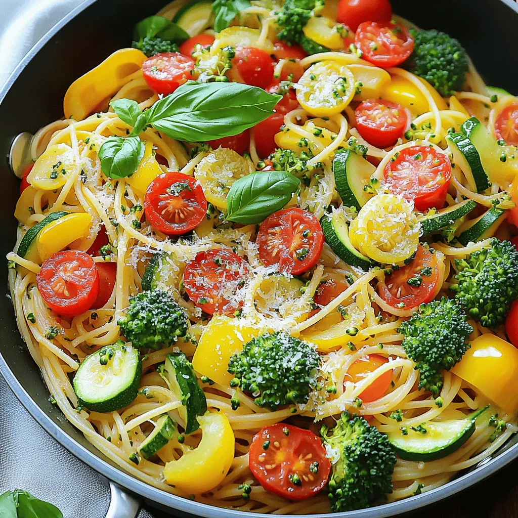 To make a tasty Pasta Primavera, you need these key items: - 8 ounces spaghetti or fettuccine pasta - 1 cup cherry tomatoes, halved - 1 cup bell peppers (red, yellow, and green), thinly sliced - 1 zucchini, sliced - 1 cup broccoli florets - 2 cloves garlic, minced - 1/4 cup olive oil - 1 teaspoon dried Italian herbs (oregano, basil, thyme) - Salt and pepper to taste - 1/2 cup grated Parmesan cheese (optional) - Fresh basil leaves for garnish These ingredients create a bright, colorful dish that tastes fresh and delicious. You can change the dish by adding different vegetables or flavors. Some ideas include: - Carrots, sliced thin - Snap peas for crunch - Asparagus, cut into pieces - Spinach or kale for greens - Lemon zest for a bright taste Feel free to swap or add ingredients based on what you love or have on hand. Choosing fresh vegetables is key to making great Pasta Primavera. Here are some tips: - Look for bright colors and firm textures. Avoid any that feel soft or look dull. - Check for blemishes or spots. Fresh produce should be free from these. - Buy seasonal veggies for the best flavor. Local markets often have fresh options. - Sniff the produce! Fresh vegetables should smell earthy and sweet. By picking the right veggies, your Pasta Primavera will shine with vibrant flavors and colors. For the full recipe, check the earlier section. Start with a large pot of salted water. Bring it to a boil over high heat. Add 8 ounces of spaghetti or fettuccine. Cook according to the package instructions until it is al dente. This usually takes about 8 to 10 minutes. Once done, drain the pasta in a colander. Remember to save ½ cup of the cooking water. This water will help with the sauce later. While the pasta cooks, get a large skillet. Pour in ¼ cup of olive oil and heat it on medium. Once hot, add 2 minced garlic cloves. Sauté for about 30 seconds. You want the garlic to smell good but not burn. Next, add 1 cup of broccoli florets, 1 cup of sliced bell peppers, and 1 sliced zucchini. Stir these veggies and cook for 5 to 7 minutes. They should be tender but still crisp. After that, mix in 1 cup of halved cherry tomatoes. Sprinkle in 1 teaspoon of dried Italian herbs, along with salt and pepper. Cook for another 3 to 4 minutes. The tomatoes should start to soften. Now, it’s time to bring everything together. Add the cooked pasta to the skillet with the veggies. If the mix looks dry, use some of that reserved pasta water. Add it slowly until you get the right consistency. Finally, if you like, stir in ½ cup of grated Parmesan cheese. Toss everything well so it blends nicely. Serve your pasta primavera hot and enjoy the fresh, vibrant flavors. For the full recipe, check out the detailed instructions. To make your Pasta Primavera shine, use fresh ingredients. Fresh vegetables give the best taste. I love adding garlic for a savory kick. You can also try fresh herbs like basil or parsley. A squeeze of lemon juice adds brightness, too. For a creamy touch, mix in some ricotta or cream. Don’t forget to adjust salt and pepper to your liking. Cook your vegetables until they are just tender. This keeps them bright and crisp. I suggest sautéing the harder veggies first, like broccoli and bell peppers. Add softer ones, like tomatoes, later. This way, all veggies cook evenly. Always taste as you go. You want a great balance of flavors and textures. Many people overcook their pasta or vegetables. Follow package instructions for pasta cooking time. For the veggies, aim for a slight crunch. Another mistake is not reserving pasta water. This starchy water helps bind the dish and adds creaminess. Lastly, don’t skip the garnishes! Fresh basil and cheese make a big difference. For the full recipe, check the details above. {{image_2}} Pasta Primavera is a great dish for vegetarians and vegans. To make it vegan, skip the Parmesan cheese. You can use nutritional yeast for a cheesy flavor. Add more veggies like carrots, asparagus, or peas. These options pack in nutrients and keep it colorful. If you need a gluten-free option, use gluten-free pasta. Many brands make great pasta that cooks well. You can find options made from rice, quinoa, or lentils. They taste good and work well in Pasta Primavera. Check the cooking time on the package, as it may differ. Using seasonal vegetables makes your Pasta Primavera even better. In spring, add tender asparagus and fresh peas. Summer brings zucchini and sweet corn. Fall is perfect for butternut squash and Brussels sprouts. Winter calls for hearty root veggies like carrots and parsnips. Each season gives a new twist to the dish. The key is to choose fresh, vibrant veggies. This keeps the meal colorful and tasty. For the full recipe, check out the details provided earlier. To keep your Pasta Primavera fresh, let it cool first. Once cool, place it in an airtight container. This helps prevent moisture loss and keeps flavors intact. If you have extra sauce, store it separately to maintain the pasta's texture. You can also wrap the pasta tightly in plastic wrap if you don’t have a container. Always remember to label your container with the date. When you are ready to eat your leftover Pasta Primavera, reheat it gently. You can use a microwave or a skillet. For the microwave, place it in a bowl and cover it with a damp paper towel. Heat for one to two minutes, stirring halfway. For the skillet, add a splash of water or olive oil. Heat over low-medium until warm, stirring often. This method helps keep the pasta from drying out. Properly stored Pasta Primavera can last in the fridge for three to four days. If you want to keep it longer, consider freezing it. Frozen Pasta Primavera can last up to three months. Just remember to thaw it overnight in the fridge before reheating. Enjoy delicious meals without the fuss by following these simple storage tips! For the full recipe, check out the Colorful Pasta Primavera section. Pasta Primavera is a bright and fresh dish. It features pasta and seasonal vegetables. This dish comes from Italy, where chefs create it with colorful veggies. You can find many types of pasta in this dish, but spaghetti and fettuccine work best. The veggies can include bell peppers, zucchini, and broccoli. The dish is light and healthy, perfect for any meal. Yes, you can use many types of pasta. While spaghetti and fettuccine are popular choices, you can try penne or farfalle. Just keep in mind the cooking time may change. Always cook your pasta until it is al dente. This means the pasta should be firm but not hard. The texture helps it hold up with the vegetables. To make Pasta Primavera healthier, add more vegetables. You can include spinach, asparagus, or carrots. You can also use whole grain or gluten-free pasta for better nutrition. Another tip is to use less oil and cheese. Try using fresh herbs instead, like basil or parsley. These add flavor without extra calories. This blog post covered how to make Pasta Primavera. We discussed key ingredients and tips for fresh vegetables. I provided step-by-step cooking instructions and shared ways to enhance flavor. You also learned about variations for different diets and how to store leftovers. Remember, Pasta Primavera can be fun and easy to make. Get creative with your ingredients. Enjoy your cooking journey and savor each bite!