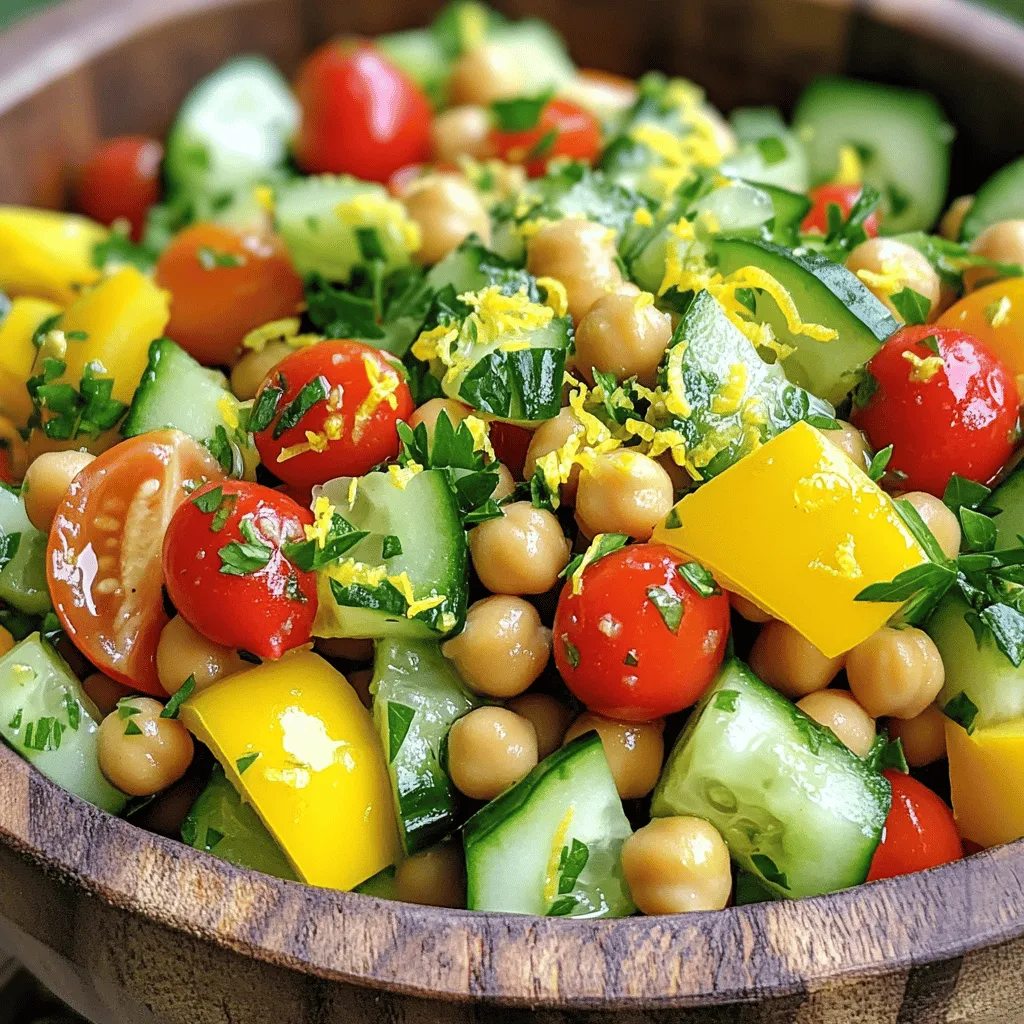 - 1 can (15 oz) chickpeas, drained and rinsed - 1 small cucumber, diced - 1 bell pepper (red or yellow), diced - 1 cup cherry tomatoes, halved - 1/4 red onion, finely chopped - 1/4 cup fresh parsley, chopped - 2 tablespoons olive oil - 2 tablespoons lemon juice (freshly squeezed) - 1 teaspoon Dijon mustard - 1/2 teaspoon garlic powder - Salt and pepper to taste - Zest of 1 lemon Chickpeas are the heart of this salad. They add protein and fiber, making it filling. Fresh vegetables like cucumber and bell pepper bring crunch and color. Cherry tomatoes add sweetness, while red onion gives a bit of bite. The parsley adds freshness to the mix. The dressing brings it all together. Olive oil provides richness. Fresh lemon juice gives a bright and zesty flavor. Dijon mustard adds a touch of tang. Garlic powder enhances the taste without being overpowering. Salt and pepper season the salad perfectly. - Cheese (feta or goat cheese) - Nuts or seeds (sunflower seeds or walnuts) - Spices and herbs (cumin or dill) You can jazz up your salad with cheese. Feta or goat cheese adds creaminess. Nuts or seeds bring crunch. Sunflower seeds are a great choice for nut-free options. You can also add spices like cumin for warmth or fresh herbs like dill for more flavor. - Mixing bowl - Whisk - Cutting board and knife Using the right tools makes cooking easier. A mixing bowl helps combine all your ingredients well. A whisk is great for mixing the dressing smoothly. A cutting board and knife are essential for chopping your veggies. These tools make the process quick and simple. For a complete recipe, check out the Full Recipe. How to prepare the chickpeas Start by taking one can of chickpeas. Drain the liquid and rinse them under cool water. This step gets rid of extra sodium and helps remove any can taste. Place the chickpeas in a large bowl, ready to mix with the veggies. Chopping the vegetables Next, chop the vegetables. Cut one small cucumber into small dice. Dice one bell pepper, either red or yellow. Halve one cup of cherry tomatoes and finely chop a quarter of a red onion. Finally, chop a quarter cup of fresh parsley. This mix adds color and crunch to your salad. Whisking the ingredients together In a small bowl, combine two tablespoons of olive oil, two tablespoons of freshly squeezed lemon juice, one teaspoon of Dijon mustard, and half a teaspoon of garlic powder. Add salt and pepper to taste. Use a whisk to mix everything until it’s smooth and creamy. Adjusting the flavor After mixing, taste your dressing. If you want more zing, add a bit more lemon juice. Adjust salt and pepper as needed. A good dressing balances tanginess and saltiness, which enhances the salad. Tossing the salad Now, pour the dressing over the chickpea mixture. Toss gently to coat all the ingredients evenly. This step ensures that every bite bursts with flavor. Recommended resting time Let your salad rest for about ten minutes. This time helps the flavors meld together. When ready to serve, you get a fresh and zesty dish bursting with taste from the Full Recipe. To enhance the lemony taste, use fresh lemon juice and zest. The zest adds a strong lemon flavor. You can also try adding a pinch of sugar. This balances the acidity and makes the taste pop. For optimal vegetable combinations, use colorful veggies. Try cherry tomatoes, cucumbers, and bell peppers. They add crunch and sweetness. You can also mix in radishes or avocados for a creamy texture. Add protein sources to make your salad more filling. You can toss in cooked quinoa or diced chicken. Chickpeas are already a great protein source but adding more helps. Suggestions for grains include farro or bulgur. These grains add fiber and make the meal heartier. They also blend well with the lemony flavor. For the best practices for storing leftovers, keep them in an airtight container. This keeps the salad fresh longer. Store it in the fridge for up to three days. Reheating advice for enhanced flavor includes warming it gently in a pan. This brings out the flavors again. But, you can also enjoy it cold straight from the fridge. Check out the Full Recipe for more details on making this dish! {{image_2}} You can change the vegetables in this salad. Try adding diced carrots or chopped celery. These add crunch and flavor. If you want a different taste, use radishes or zucchini. For those with allergies, you can swap ingredients easily. If you're allergic to garlic, leave out the garlic powder. Use a different seasoning, like cumin, for flavor. If you're sensitive to onions, replace them with green onions or skip them altogether. Adding sweetness can make the salad more vibrant. Try tossing in diced apples or sliced grapes. These fruits add a nice contrast to the lemon. If you like heat, add sliced jalapeños or a pinch of red pepper flakes. This will give the salad a nice kick. You can also use a spicy dressing to enhance the flavor even more. You can give this salad a Mediterranean twist. Add feta cheese and kalamata olives for a rich flavor. Toss in artichoke hearts for a fun addition. For a Middle-Eastern take, mix in some diced cucumbers and mint. You could also include pomegranate seeds for a sweet burst. This adds color and interest to your salad. Explore these variations to find your favorite mix. Each option offers a fresh way to enjoy your Lemony Chickpea Salad. For the complete recipe, check out the Full Recipe. The Lemony Chickpea Salad lasts about three to five days in the fridge. Store it in a tight container to keep it fresh. Glass containers work well, as they help you see the salad inside. Plastic containers can also be good if they seal tightly. Avoid metal containers since they can react with the lemon juice. Should you freeze this salad? I recommend against it. Freezing can change the texture of fresh veggies. If you must freeze it, use an airtight container and eat it within a month. Thaw it overnight in the fridge before using. Remember, some veggies may become mushy. To refresh the salad after storage, add a splash of lemon juice. This helps wake up all the flavors. You might also need to add a pinch of salt or pepper. If it tastes bland, a little olive oil can add richness. Enjoy your delicious Lemony Chickpea Salad! For the full recipe, check out the section above. Lemony Chickpea Salad stays fresh for up to three days in the fridge. Store it in an airtight container. This keeps the flavors intact and the veggies crisp. If you notice the veggies get soggy, that’s a sign to eat it soon. Yes, you can use canned chickpeas. Canned chickpeas save time and are easy to use. They are already cooked, so you just rinse and go. Dried chickpeas require soaking and cooking, which takes longer. Canned gives a quick meal without much fuss. If you don’t have Dijon mustard, use yellow mustard or a mix of vinegar and honey. You can also try tahini for a creamy texture. Each option changes the flavor a bit but still keeps the salad tasty. Yes, Lemony Chickpea Salad is gluten-free. All ingredients, like chickpeas and veggies, are safe for those who avoid gluten. Always check labels if you use packaged items. This ensures no hidden gluten sneaks in. This salad is already vegan! All the ingredients come from plants. You have chickpeas, fresh veggies, and a zesty dressing. Enjoy this bright dish without any animal products. For the full recipe, check out the details above. Lemony Chickpea Salad combines fresh chickpeas, veggies, and simple dressings. We explored optional add-ins, storage tips, and tasty variations. Each step shows how easy it is to prepare and enjoy. These ideas not only boost flavor but also make the salad filling. Use fresh ingredients for the best taste. Experiment with spices and veggies based on your preference. This salad is not just healthy; it’s fun to make and share!