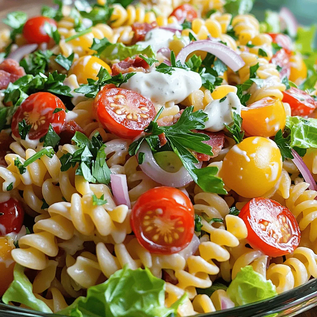 To make a tasty BLT pasta salad, gather these ingredients: - 8 oz. rotini pasta - 4 slices turkey bacon, cooked and crumbled - 1 cup cherry tomatoes, halved - 1 cup romaine lettuce, chopped - 1/2 cup red onion, thinly sliced - 1/3 cup mayonnaise - 2 tablespoons Greek yogurt - 1 tablespoon Dijon mustard - 1 tablespoon apple cider vinegar - Salt and pepper to taste - Fresh parsley for garnish You can add your own spin to this salad. Here are some ideas: - Avocado slices for creaminess - Grated cheese for extra flavor - Bell peppers for crunch - Fresh herbs like basil or dill - Grilled chicken for more protein Each serving of this BLT pasta salad has: - Calories: 320 - Protein: 12g - Carbohydrates: 36g - Fat: 14g - Fiber: 3g This makes it a satisfying dish. For the full recipe, follow the steps to create this fresh and savory salad. Start by boiling a large pot of salted water. Use about 4 quarts of water for 8 oz. of rotini pasta. Once the water boils, add the pasta. Cook it according to the package instructions until it is al dente, which usually takes about 8 to 10 minutes. After cooking, drain the pasta and rinse it under cold water. This stops the cooking process and keeps the pasta firm. In a small bowl, whisk together the dressing ingredients. Combine 1/3 cup mayonnaise, 2 tablespoons Greek yogurt, 1 tablespoon Dijon mustard, and 1 tablespoon apple cider vinegar. Add salt and pepper to taste. Mix until the dressing is smooth and creamy. This dressing adds a rich flavor to the salad and keeps it moist. In a large mixing bowl, combine the cooked pasta, crumbled turkey bacon, halved cherry tomatoes, chopped romaine lettuce, and thinly sliced red onion. Pour the dressing over the pasta salad mixture. Gently toss everything together until the pasta and veggies are well coated. Taste the salad and adjust the seasoning if needed. Chill the salad in the refrigerator for about 30 minutes to let the flavors mix. Before serving, give it another toss and sprinkle fresh parsley on top for a pop of color. Enjoy your fresh and tasty BLT pasta salad! To cook pasta well, start with a large pot. Fill it with water and add salt. This helps flavor the pasta. Bring the water to a rolling boil before adding the rotini. Cook it until it's al dente, which means it should still have a slight bite. Drain the pasta and rinse it under cold water. This stops the cooking process and keeps it firm. For the dressing, use a mix of mayonnaise and Greek yogurt. This gives it a creamy texture. Add Dijon mustard and apple cider vinegar to enhance the flavor. Whisk these ingredients together until smooth. If the dressing feels too thick, add a splash of water to thin it out. The right consistency should coat the pasta without being too runny. When serving your BLT pasta salad, use a large bowl for a beautiful display. Toss the salad gently before serving. This keeps the ingredients well mixed. For a pop of color, sprinkle fresh parsley on top. It adds a nice touch and makes the dish more inviting. Remember, we eat with our eyes first! For the full recipe, check out the complete guide. {{image_2}} You can easily add different proteins to your BLT pasta salad. If you love chicken, try grilled chicken breast or rotisserie chicken. Shrimp is another great option. It adds a nice flavor and cooks quickly. For a heartier salad, consider using diced ham or even chickpeas for a fun twist. Each protein will change the taste and make it unique. If you want a vegan version, there are simple swaps. Instead of turkey bacon, use coconut bacon or smoked tempeh. For the dressing, replace mayonnaise with vegan mayo. You can also use silken tofu or cashew cream for a creamy texture. These swaps keep the salad fresh and tasty without dairy. Switching ingredients with the seasons can keep this salad exciting. In summer, add fresh corn or bell peppers for crunch. In fall, consider roasted butternut squash or kale for a warm touch. You can even use different tomatoes, like heirloom, in late summer. Each season brings new flavors to explore in your pasta salad. You can find the Full Recipe to help you create this delightful dish. Store leftover BLT pasta salad in an airtight container. This keeps it fresh and tasty. Make sure the lid seals well to prevent air from getting in. If you use a glass container, it helps you see what’s inside. You do not need to reheat BLT pasta salad. It tastes best cold. If you want to warm it up, do so gently in a microwave. Heat in short bursts, stirring often. This way, it stays moist and doesn't overcook. Leftover BLT pasta salad lasts about three days in the fridge. After that, it may lose freshness. Always check for any signs of spoilage, like an off smell or changes in texture. Enjoy your meal, but make sure to eat it within this time! For the full recipe, see the section above. A BLT Pasta Salad mixes pasta with classic BLT flavors. You get crunchy bacon, fresh tomatoes, and crisp lettuce all in one dish. This salad is simple yet tasty, perfect for warm days or gatherings. It’s creamy, savory, and full of texture. I love how easy it is to make. You can whip it up in just 45 minutes. The key is using good ingredients, like fresh cherry tomatoes and crispy turkey bacon. Yes, you can make this salad ahead of time! I often prepare it a few hours before serving. This way, the flavors blend together nicely. Just keep it in the fridge until you're ready to eat. If you make it too far in advance, the lettuce may get soggy. To avoid this, add the lettuce right before serving. This keeps it fresh and crunchy. BLT Pasta Salad pairs well with many dishes. You can serve it as a side with grilled chicken or shrimp. It also goes great with sandwiches or wraps. For a light meal, serve it with a fruit salad. If you want a heartier option, add a side of garlic bread. This salad is versatile, so feel free to mix and match! Check out the Full Recipe for more ideas. You learned how to make a tasty BLT Pasta Salad. From ingredients to serving tips, each step matters. Adjust the recipe with protein or vegan swaps to fit your needs. Store leftovers well to enjoy later. Remember, this dish is perfect for meal prep and gatherings. Enjoy making this easy, delicious salad that suits every taste!